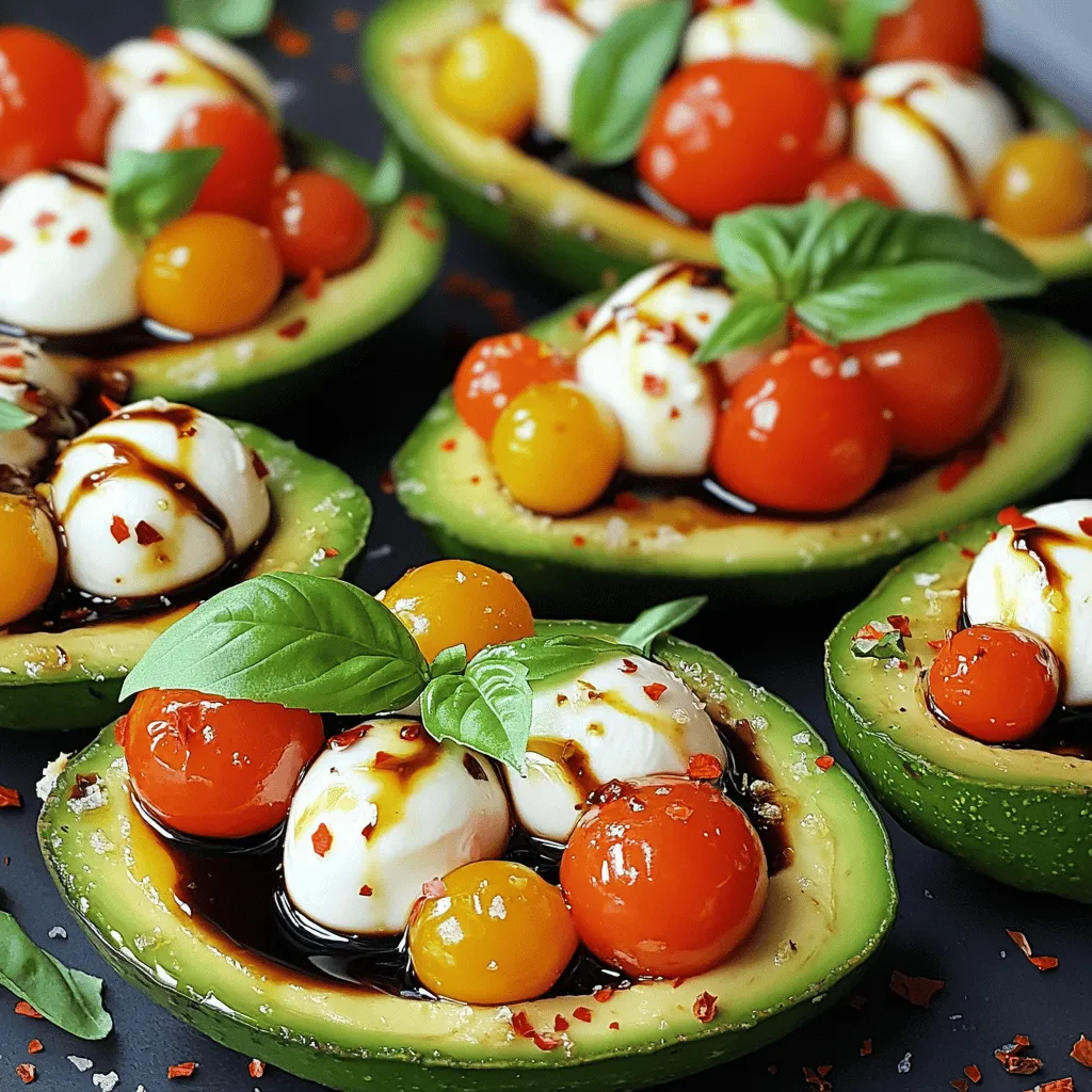 - Ripe Avocados: Choose avocados that are firm but yield slightly when pressed. This means they are ripe and ready to eat. If they are too hard, they need time to ripen. Place them in a brown paper bag to speed up this process. - Cherry Tomatoes and Mozzarella: Freshness is key. Look for bright, firm tomatoes. They should smell sweet and earthy. For mozzarella, use small balls, known as bocconcini, which are creamy and soft. They should feel fresh and moist. - Optional ingredients: You can add red pepper flakes if you like heat. Fresh herbs like oregano or thyme can also enhance flavor. For a twist, try adding diced cucumber or olives for crunch and taste. This simple mix of ingredients creates a delicious and fresh treat that is fun to make. For the full recipe, check out the details above. Start by cutting the avocados in half. Use a sharp knife and be careful. Place the avocado on a cutting board. Slice down to the pit, then turn the knife around the pit. Twist the halves apart to release the pit. Use a spoon to lift it out safely. To prevent browning, squeeze a little lemon juice on the cut sides. This keeps the avocados bright and fresh. You can also cover them with plastic wrap if you plan to wait a bit before serving. In a medium bowl, mix the halved cherry tomatoes, mozzarella balls, and chopped basil. This blend gives the dish color and flavor. Drizzle the olive oil over this mix. Add a pinch of salt and pepper to taste. Stir gently to combine. Be careful not to mash the tomatoes or mozzarella. You want to keep that nice texture. Spoon the tomato and mozzarella mix into each avocado half. Fill them to the top for a beautiful look. For extra flair, drizzle balsamic reduction over the stuffed avocados. This adds a sweet and tangy flavor. If you enjoy a little heat, sprinkle some red pepper flakes on top. This makes for a fun kick! Serving them right away keeps everything fresh and tasty. For the full recipe, check out Caprese Stuffed Avocados. To make the best Caprese stuffed avocados, you need ripe avocados. Look for avocados that feel slightly soft when you press them gently. A ripe avocado will have a dark green color. Avoid any that are too mushy or have dark spots. If you can't find ripe ones, buy hard avocados and let them sit at room temperature for a few days until they soften. These stuffed avocados are great as a snack or a light meal. Pair them with crusty bread or a fresh green salad. For a fun gathering, serve them on a large platter. You can also slice them into smaller pieces for easy sharing. A sprinkle of extra basil on top adds a nice touch. To boost flavors, consider adding fresh herbs like oregano or parsley. A squeeze of lemon juice can brighten the dish. If you like a bit of spice, try adding red pepper flakes. Balancing salt and pepper is key to making all the flavors pop. Enjoy experimenting to find your favorite mix! {{image_2}} You can switch up the cheese in Caprese stuffed avocados. Instead of mozzarella, try goat cheese for a tangy bite. Feta cheese adds a salty kick that pairs well too. If you want a vegan option, use cashew cheese or a tofu-based alternative. These swaps keep the dish fresh and exciting. If you want a heartier meal, add proteins. Grilled chicken pieces or shrimp make great additions. Just cook them first and mix them into the filling. For a vegetarian choice, consider chickpeas or diced tempeh. These options keep your meal filling and nutritious. Using seasonal produce makes the dish even better. In summer, add sweet corn or zucchini for crunch. In fall, roasted butternut squash or apples can bring warmth. Always look for what is fresh at your local market. This keeps your Caprese stuffed avocados tasty and bright. You can find the full recipe to explore these ideas in detail. To keep your Caprese stuffed avocados fresh, store them in an airtight container. Place a piece of plastic wrap directly on the exposed avocado flesh. This helps slow down browning. If you want to keep them for a longer time, you can separate the filling and the avocado halves. Store each part in its own container for best results. This way, you can enjoy them fresh later on. You don’t need to reheat these stuffed avocados. They taste best cold or at room temperature. If you have leftover filling, you can use it in salads or sandwiches. Just keep it in the fridge until you're ready to eat. Enjoying them cold preserves the fresh flavors and textures. Freezing stuffed avocados is tricky. I do not recommend freezing them whole. The texture of the avocado changes when frozen. If you want to save time, you can freeze the filling separately. Just store it in a freezer-safe container. When you are ready to use it, thaw the filling in the fridge overnight. Then, prepare fresh avocados to stuff. This method ensures the best taste and texture. Caprese Stuffed Avocados stay fresh for about one day in the fridge. To keep them tasty, store them in an airtight container. This helps slow down browning. It's best to enjoy them right after you make them. If you must keep them, add some lemon juice to the avocado flesh. This little trick can help keep the green color longer. You can prepare some parts ahead of time. Slice the avocados just before serving. You can mix the tomatoes, mozzarella, and basil a few hours before. Just keep that mixture in the fridge. This way, the flavors blend well. When you're ready to eat, fill the avocado halves and drizzle with balsamic reduction. Caprese Stuffed Avocados are great on their own, but you can pair them with many sides. Serve them with crusty bread for a nice crunch. A light salad with greens can complement the richness of the avocado. You might also enjoy them with grilled chicken or shrimp for a fuller meal. This adds protein and makes it a complete dish. Explore different options to find your favorite combo! Caprese stuffed avocados are a fresh and tasty dish. We started with choosing ripe avocados and fresh tomatoes and mozzarella. Then, I shared steps to safely prepare the avocados and make the filling. I also discussed tips for assembling the dish nicely and serving it to impress. In the end, remember, you can customize this dish with extra flavors or proteins. Enjoy experimenting with different ingredients to suit your taste. These stuffed avocados are perfect for any gathering or meal.