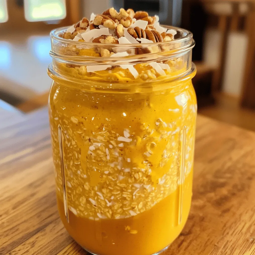 For Pumpkin Spice Overnight Oats, you'll need a few key ingredients: - 1 cup rolled oats - 1 cup almond milk (or milk of choice) - 1/2 cup pumpkin puree - 1 tablespoon maple syrup (adjust to taste) - 1 teaspoon pumpkin pie spice - 1/2 teaspoon vanilla extract - Pinch of salt These ingredients create a creamy, flavorful base. The rolled oats give you a nice texture. Almond milk adds a light touch. Pumpkin puree brings that rich fall flavor. Maple syrup sweetens it just right. You can also add some optional toppings to make it special: - Chopped pecans - Shredded coconut - Sliced bananas These add texture and flavor. Feel free to mix and match! If you have dietary needs, here are some substitutions: - Use gluten-free oats if you need them. - Swap almond milk for regular milk or coconut milk. - Use agave syrup instead of maple syrup for a different sweetener. With these simple ingredients, you can create a healthy breakfast. Check out the Full Recipe for step-by-step guidance to make this tasty dish. To make pumpkin spice overnight oats, start by gathering your ingredients. You will need rolled oats, almond milk, pumpkin puree, maple syrup, pumpkin pie spice, vanilla extract, and a pinch of salt. 1. In a mixing bowl or a large mason jar, combine the rolled oats and almond milk. Stir well to coat all the oats. 2. Next, add the pumpkin puree, maple syrup, pumpkin pie spice, vanilla, and salt. Mix until everything is blended. When layering in a jar, pour the ingredients in this order: oats first, then pumpkin puree, and finally the liquids. This helps the oats soak up the flavors better. Refrigerating the mixture is very important. Let it sit overnight or for at least 4 hours. This time allows the oats to absorb the liquid and become soft. To serve your pumpkin spice overnight oats, you can enjoy them cold right from the fridge. This is quick and easy for busy mornings. If you prefer a warm breakfast, simply pop the oats in the microwave for about 30 seconds. Stir and check the temperature. You can add toppings for extra flavor and crunch. Try chopped pecans, shredded coconut, or sliced bananas. These add a nice texture and make your oats even more delicious. For the full recipe, check out the details above. To make the best pumpkin spice overnight oats, you can tweak the sweetness and spice levels. If you like it sweeter, add more maple syrup. For more spice, increase the pumpkin pie spice. Taste as you mix to find your perfect balance. Texture is key for delicious oats. They should be creamy but not runny. If the mixture is too thick in the morning, add a splash of almond milk. This will help achieve the right consistency. You can also boost the nutritional value of your oats. Add chia seeds or flaxseed meal for extra fiber and omega-3s. You can also mix in Greek yogurt for more protein. These additions make your breakfast even healthier. Preparing multiple servings at once saves time. You can make enough for a few days. Just double or triple the recipe and store them in separate jars. This way, breakfast is ready to go! When it comes to storage, jars are a great choice. They keep the oats fresh and are easy to grab. You can also use bowls if you prefer. Just cover them well. If you want to change things up, use different toppings. Try chopped pecans, shredded coconut, or sliced bananas. They add flavor and texture to your oats. You can find the full recipe for pumpkin spice overnight oats above. {{image_2}} You can play with flavors in your pumpkin spice overnight oats. Try adding nutmeg or ginger for a zing. A dash of cinnamon can also boost warmth. You might love adding cocoa powder for a chocolate twist. Seasonal fruits make great pairings too. In fall, diced apples or pears add crunch and sweetness. In winter, you could use pomegranate seeds for a pop of color. Fresh berries in spring bring brightness. Bananas are great anytime, adding creaminess and natural sweetness. If you need gluten-free oats, look for certified gluten-free rolled oats. Many brands offer great options. You can also use steel-cut oats for a chewier texture, though they need more time to soak. For dairy-free needs, plant milks work well. Almond milk is a favorite, but oat milk is creamy and rich. Coconut milk adds a tropical twist and pairs well with pumpkin spice. Just choose what you like best! To keep your pumpkin spice overnight oats fresh, store them in the fridge. Use a sealed container or a mason jar. This helps prevent them from drying out and keeps them tasty. The shelf-life of prepared overnight oats is about 3 to 5 days. After this time, the oats may lose flavor and texture. Always check for any off smells or changes in appearance before eating. If you want to save your oats for later, you can freeze them. Portion the oats into freezer-safe containers or bags. When you are ready to eat, thaw them in the fridge overnight. You can also heat them directly in the microwave, adding a splash of milk if needed. For the full recipe, check the details above. Enjoy your healthy fall breakfast! How long can I keep my overnight oats? You can store your overnight oats in the fridge for up to five days. Just make sure to keep them in a sealed jar or container. This makes it easy to grab and go! Can I use quick oats instead of rolled oats? Yes, you can use quick oats. They will soften faster, so your oats may be creamier. Keep in mind that the texture will be a bit different. What are the health benefits of pumpkin spice? Pumpkin spice has many health benefits. It can boost your immune system and improve digestion. It also has antioxidants that may help fight inflammation. Can I make this recipe in advance? Absolutely! You can make these overnight oats the night before. Just let them chill in the fridge overnight. They are perfect for busy mornings. How do I adjust the recipe for more servings? To make more servings, simply multiply the ingredients. For example, if you want four servings, use two cups of oats and two cups of almond milk. What are some toppings I can use? You can top your oats with many delicious items. Chopped pecans add crunch, while sliced bananas bring sweetness. Shredded coconut adds a tropical flair too. Check out the Full Recipe for more ingredient ideas! Pumpkin Spice Overnight Oats are easy and fun to make. You learned the key ingredients, tips for prep, and how to customize your oats. I shared ways to serve them and keep them fresh. Incorporate your favorites and make it yours. Whether you're in a rush or want a cozy breakfast, these oats fit any mood. Enjoy the flavor and nutrition in every bite!
