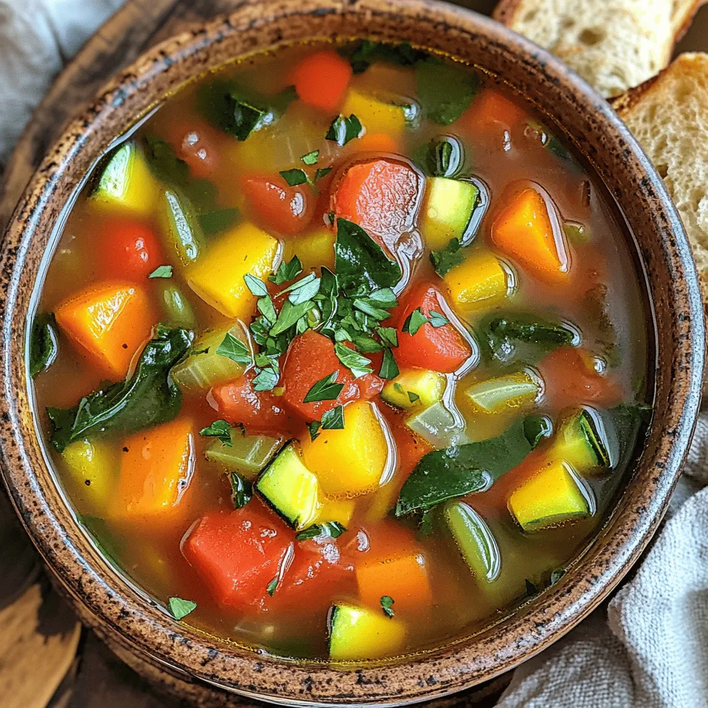 For my Instant Pot Vegetable Soup, gather these simple ingredients: - 1 tablespoon olive oil - 1 onion, diced - 2 cloves garlic, minced - 2 carrots, sliced - 2 celery stalks, sliced - 1 bell pepper, diced (any color) - 1 medium zucchini, diced - 1 cup green beans, cut into 1-inch pieces - 1 can (14.5 oz) diced tomatoes (with juice) - 4 cups vegetable broth - 1 teaspoon dried oregano - 1 teaspoon dried thyme - 1 bay leaf - Salt and pepper to taste - 1 cup frozen peas - 2 cups fresh spinach You can use fresh or frozen produce in this recipe. Fresh veggies add crispness and flavor. They are great if you have them on hand. Frozen vegetables are just as nutritious and save time. They are easy to keep in the freezer for quick meals. I often mix both for the best taste and texture. This soup is flexible. If you have specific dietary needs, here are some swaps: - Use low-sodium vegetable broth for less salt. - Swap olive oil for avocado or coconut oil for a different flavor. - For a vegan option, ensure your broth is plant-based. - If you're gluten-free, check that your broth is certified gluten-free. - You can add beans for protein if you're vegetarian or vegan. These changes make the soup fit for everyone! To start, I turn on my Instant Pot and set it to Sauté mode. I add 1 tablespoon of olive oil and let it heat up. Next, I toss in 1 diced onion and 2 minced garlic cloves. I cook this blend until the onion turns soft and clear, which takes about 3-4 minutes. This step builds a solid flavor base for the soup. After the aromatics are ready, I stir in 2 sliced carrots, 2 sliced celery stalks, 1 diced bell pepper, 1 diced medium zucchini, and 1 cup of green beans. I sauté these veggies for another 3-4 minutes. They should be slightly tender but not mushy. This mix adds great color and nutrition to the dish. Now, I mix in 1 can of diced tomatoes (with juice), 4 cups of vegetable broth, 1 teaspoon of dried oregano, 1 teaspoon of dried thyme, and 1 bay leaf. I season with salt and pepper to taste. I stir everything well to combine. After that, I close the lid and make sure the valve is set to Sealing. Then, I set it to Manual or Pressure Cook for 8 minutes. When the cooking time is done, I carefully switch the valve to Venting to release the pressure. Once the steam stops, I open the lid. I stir in 1 cup of frozen peas and 2 cups of fresh spinach. The heat from the soup wilts the spinach perfectly. I taste and adjust the seasoning if needed. Now, the soup is ready to serve! To get the best texture in your soup, use fresh vegetables. Fresh veggies keep their crunch. When you sauté, cook until slightly soft. This step adds depth. Don’t skip this part! For a smoother soup, blend it briefly after cooking. Use an immersion blender for ease. If you like a chunky soup, skip the blending. You can boost flavor with simple herbs. Dried oregano and thyme work well. Fresh herbs like basil or parsley add brightness. A splash of lemon juice at the end gives a fresh kick. If you want some heat, add red pepper flakes. This adds a nice warmth without overpowering the taste. Serve your soup hot in a bowl. Top it with fresh herbs for color. A sprinkle of Parmesan cheese makes it richer. Pair it with crusty bread for a full meal. You can also serve it with a side salad for extra crunch. Enjoy your warm, hearty bowl of goodness! For the full recipe, check out the earlier section. {{image_2}} You can easily boost the protein in your vegetable soup. Try adding cooked beans, like kidney or black beans. You can also add lentils for extra protein and fiber. If you prefer meat, shredded chicken or diced turkey work well. Just remember to adjust the cooking time if you add raw meat. Experiment with spices and herbs to create new flavors. For a warm kick, add cayenne pepper or crushed red pepper flakes. If you like fresh herbs, try basil, cilantro, or dill. You can also swap out dried oregano and thyme for herbs like rosemary or tarragon. Each choice gives a unique twist to your soup. Using seasonal vegetables makes your soup fresh and exciting. In spring, add peas or asparagus. In summer, toss in corn or bell peppers. Autumn is a great time for squash or sweet potatoes. In winter, root vegetables like parsnips or turnips add heartiness. Feel free to mix and match according to what you have on hand. For the full recipe, check out the Hearty Instant Pot Vegetable Soup above. You can store leftover soup in the fridge. Use a clean, airtight container. It stays fresh for about 3 to 4 days. Make sure it cools completely before sealing. This helps prevent bacteria growth. If you want to keep it longer, freezing is great. Pour the cooled soup into freezer-safe containers. Leave some space at the top for expansion. It lasts in the freezer for about 3 months. Just remember to label your containers with the date. To reheat, thaw the soup overnight in the fridge. You can use the stove or microwave. If using the stove, heat it on medium. Stir often to avoid burning. If using the microwave, heat in 1-minute intervals, stirring in between. Add a splash of broth or water if it seems too thick. Enjoy your soup warm! For the complete recipe, check out the Full Recipe section. Yes, you can use any broth you like! Vegetable broth gives a nice flavor. Chicken broth works well too. If you need a low-sodium option, choose a low-sodium broth. This change will still keep the soup tasty. To thicken your soup, you have a few options. You can mash some of the veggies after cooking. Another way is to add a cornstarch slurry. Mix 1 tablespoon of cornstarch with 2 tablespoons of water, then stir it in. Let it cook for a few minutes until it thickens. Yes, you can make this soup in a slow cooker! Simply follow the same steps. Sauté your aromatics in a pan first, then add everything to the slow cooker. Set it on low for 6-8 hours or high for 3-4 hours. You'll get a great flavor. You can swap veggies based on what you have. Use potatoes instead of zucchini for a heartier soup. Kale can replace spinach for a different taste. Bell peppers can be swapped for corn or peas. Just keep your flavor balance in mind when making these swaps. For the full recipe, check the other sections! In this post, we explored key ingredients, step-by-step cooking instructions, and useful tips for making soup. We also looked at variations, storage info, and answered common questions. With the right ingredients and techniques, you can create a comforting dish. Don't hesitate to experiment with flavors and textures. Cooking is about finding what you love. Enjoy your soup-making journey!