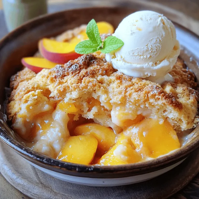 To make your peach cobbler dump cake, you'll need some simple ingredients. Here’s what you should gather: - 2 cans (15 oz each) sliced peaches in syrup, drained (or 4 cups fresh peaches, sliced) - 1 cup brown sugar - 1 teaspoon cinnamon - 1 box (15.25 oz) yellow cake mix - 1 cup unsalted butter, melted - 1 cup chopped pecans (optional) - 1 teaspoon vanilla extract - Optional toppings: Whipped cream or vanilla ice cream Each ingredient plays a key role. The peaches bring sweetness and moisture. Brown sugar adds depth, while cinnamon gives warmth. The cake mix forms a lovely crust. Melted butter binds it all together. Pecans add a nice crunch, but they are optional. Vanilla extract boosts the flavor. Lastly, whipped cream or ice cream makes it extra special when serving. For a complete guide, check the Full Recipe. First, set your oven to 350°F (175°C). This heat will help the cake cook evenly. A hot oven is key for a great dump cake. In a bowl, mix the drained peaches, brown sugar, cinnamon, and vanilla extract. Stir gently. You want to coat the peaches well. The sugar will give a nice sweet taste. Once mixed, spread this peach mixture in a greased 9x13-inch baking dish. This makes the base of your cobbler. Next, sprinkle the dry yellow cake mix over the peach layer. Don't stir it in; just spread it out. Then, drizzle the melted butter evenly over the cake mix. If you like nuts, sprinkle the chopped pecans on top. They add crunch and flavor. Now, place the dish in the preheated oven. Bake for 45-50 minutes. Look for a golden brown top and bubbly edges. When done, let it cool a bit before serving. Enjoy warm with whipped cream or vanilla ice cream for a treat. For the full recipe, check the earlier section. Use fresh peaches when in season for the best flavor. If fresh ones are not available, canned peaches work well. Choose peaches in syrup for added sweetness. Always drain the canned peaches to avoid excess liquid. If using fresh peaches, slice them thinly for even cooking. To get a great texture, follow the steps carefully. Avoid stirring the cake mix into the peach layer. Just sprinkle it on top and pour melted butter over it. This keeps the cake mix crisp and fluffy. Bake until the top is golden brown. Let it cool slightly before serving for the best texture. Serve your peach cobbler warm for the best taste. Top it with whipped cream or a scoop of vanilla ice cream. This adds richness and balances the sweetness. For an extra touch, garnish with fresh peach slices or mint leaves. This makes the dish look beautiful and inviting. For the complete recipe, check the Full Recipe section. {{image_2}} You can switch up the fruit in this recipe. Instead of peaches, try using blueberries, cherries, or apples. Each fruit brings a unique flavor. For cherries, use two cans of sliced cherries in syrup. For apples, slice four cups of fresh apples. Using different fruits keeps your dessert fresh and exciting. To make this dish gluten-free, use a gluten-free cake mix. Many brands offer tasty options. For a dairy-free version, replace the unsalted butter with melted coconut oil or a dairy-free butter substitute. Your cobbler will still taste amazing and satisfy any dietary needs. Spices can elevate the taste of your dump cake. Add a pinch of nutmeg for warmth or a dash of cardamom for a unique twist. Vanilla extract already adds flavor, but you can also try almond extract for a nice touch. Experimenting with spices can make your peach cobbler dump cake stand out. To store leftovers of your peach cobbler dump cake, let it cool first. Place it in an airtight container. You can keep it in the fridge for up to four days. If you use a dish with a tight lid, it helps keep the cake moist. When you're ready to enjoy the leftovers, preheat your oven to 350°F (175°C). Place the cake in an oven-safe dish. Cover it with foil to avoid drying out. Heat for about 15-20 minutes. You can also use the microwave for quick reheating. Just heat for 30 seconds at a time until warm. You can freeze peach cobbler dump cake for up to three months. Allow it to cool completely, then cut it into portions. Wrap each piece in plastic wrap, then place them in a freezer bag. Make sure to remove as much air as possible. When you're ready to eat, thaw it in the fridge overnight and reheat as needed. Enjoy this lovely dessert later with ease! Yes, you can use fresh peaches! Just slice about four cups of ripe peaches. Fresh peaches add a bright flavor. They also give a nice texture. If you use fresh fruit, peel them first for the best result. The syrup in canned peaches adds sweetness, so adjust the sugar. Use a little less brown sugar if the peaches are very sweet. If you don’t have yellow cake mix, don’t worry! You can make your own mix. Combine flour, sugar, baking powder, and salt. Here’s a simple mix: - 1 ½ cups all-purpose flour - 1 cup sugar - 2 teaspoons baking powder - ½ teaspoon salt Mix these ingredients well. Then, follow the same steps as in the recipe. You can also use white or chocolate cake mix for a twist. No, adding nuts is not necessary. Chopped pecans add crunch and flavor. But if you prefer a nut-free dessert, just skip them. The cobbler will still taste great without them. You can even try adding oats for texture instead of nuts. This blog post covered how to make a delicious peach cobbler. We reviewed the ingredients, walked through simple steps, and shared tips for the best results. You learned about variations and storage options, too. Peach cobbler is easy and fun to make. You can even customize it. Enjoy your tasty creation with family and friends. Get ready to impress everyone with this treat!