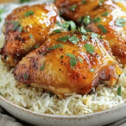 For Honey Garlic Chicken Thighs, you will need: - 4 bone-in, skin-on chicken thighs - 1/2 cup honey - 4 cloves garlic, minced - 2 tablespoons soy sauce - 1 tablespoon apple cider vinegar - 1 teaspoon fresh ginger, grated - 1/2 teaspoon black pepper - 1/4 teaspoon red pepper flakes (optional for heat) - Fresh parsley, chopped (for garnish) - Cooked jasmine rice (for serving) You can personalize this dish by adding more garlic or using different herbs. For a twist, try using lime juice instead of apple cider vinegar. Pair your Honey Garlic Chicken Thighs with: - Steamed broccoli or green beans for a fresh side - Creamy mashed potatoes for a comforting option - A simple salad with mixed greens and a light vinaigrette For drinks, a chilled white wine or iced tea pairs well. You could also enjoy a sparkling water with lemon for a refreshing touch. To make the marinade, mix honey, minced garlic, soy sauce, apple cider vinegar, ginger, black pepper, and red pepper flakes in a bowl. Whisk this mix well until smooth. Place your chicken thighs in a large zip-lock bag or a bowl. Pour the marinade over them. Seal the bag or cover the bowl. Let the chicken marinate in the fridge for at least 30 minutes. If you want more flavor, marinate for up to 2 hours. For best results, make sure the chicken is coated well with the marinade. Turn the bag or chicken occasionally for even marinating. This helps the chicken soak up all those tasty flavors. First, preheat your oven to 400°F (200°C). While the oven warms up, prepare your baking sheet. Line it with parchment paper to prevent sticking and make clean-up easy. Now, take the chicken thighs out of the marinade, but save that marinade for later. Place the chicken on the baking sheet, skin-side up. Bake the chicken for 25-30 minutes. To check if it is cooked, use a meat thermometer. The chicken should reach an internal temperature of 165°F (74°C). The skin should be golden and crispy. While the chicken bakes, let’s prepare the sauce. Pour the reserved marinade into a small saucepan. Heat it on medium until it boils. Then, reduce the heat and let it simmer for about 5-7 minutes. This will thicken the sauce nicely. Stir occasionally to prevent it from burning. Once thickened, remove it from heat. You can brush this delicious sauce over the chicken once it's done baking. It adds extra flavor and makes your dish shine. To make your honey garlic chicken thighs just right, adjust the sweetness and spice. If you like it sweeter, add more honey. For a spicy kick, increase the red pepper flakes. Experiment with these levels to find your perfect blend. For marinating, I suggest at least 30 minutes. If you can wait, two hours gives even better flavor. The longer the chicken soaks, the more it absorbs the marinade. This makes each bite juicy and packed with taste. You can also grill or pan-sear the chicken. Grilling adds a smoky touch, while pan-searing gives a nice crust. Both methods can work well with this recipe. Just remember to cook until the inside reaches 165°F (74°C). To achieve crispy skin, start with dry chicken thighs. Pat them with a paper towel before marinating. When baking, place the thighs skin-side up. This helps the fat render out, making the skin crispy and delicious. {{image_2}} You can swap chicken thighs for other meats. Try skin-on chicken breasts or pork chops. If you want a vegetarian option, use tofu or tempeh. Both can soak up the honey garlic flavor well. Changing herbs or spices can also enhance your dish. Use rosemary or thyme for a fresh taste. If you prefer heat, add cayenne or smoked paprika. Each option gives a new twist to this tasty meal. You can give your honey garlic chicken a global flair. Try using local ingredients to suit your taste. For an Asian twist, add sesame oil or green onions. If you want a Latin flair, mix in lime juice and cilantro. Explore different flavor combinations too. Pair with pineapple for a sweet and tangy taste. Or, combine with sriracha for a spicy kick. The options are endless for making this dish your own. To store leftovers, place the chicken thighs in an airtight container. You can also wrap them tightly in plastic wrap or aluminum foil. This helps keep the chicken moist and flavorful. Make sure to let the chicken cool completely before storing it. This prevents condensation, which can make the chicken soggy. For best quality, eat the leftovers within 3 to 4 days. After this time, the flavor and texture may decline. Always check for any signs of spoilage before consuming. The best way to reheat chicken thighs is in the oven. Preheat your oven to 350°F (175°C). Place the chicken on a baking sheet and cover it with foil. This keeps the meat moist. Heat for about 15 to 20 minutes, or until it reaches an internal temperature of 165°F (74°C). You can also reheat them in a skillet. Heat a little oil over medium heat in the skillet. Add the chicken and cover it. This method helps keep the skin crispy. Cook for about 5 to 7 minutes on each side. To keep the flavor strong, add a splash of the reserved marinade while reheating. This adds moisture and boosts the taste. You should marinate the chicken thighs for at least 30 minutes. This short time adds great flavor. For best results, try to marinate them for up to 2 hours. This extra time helps the chicken soak in the flavors of the honey and garlic. Yes, you can use boneless chicken thighs. They cook faster than bone-in thighs. Adjust the cooking time to about 20-25 minutes. Make sure to check that the internal temperature reaches 165°F (74°C). The taste will still be delicious with the same marinade. To get crispy skin, start by patting the chicken dry with paper towels. This removes excess moisture. Place the chicken skin-side up on a baking sheet. Bake it at 400°F (200°C) until the skin is golden brown. You can also broil it for the last few minutes for added crispiness. Enjoy that crunchy texture! In this blog post, we explored the key ingredients and cooking steps for Honey Garlic Chicken Thighs. I shared tips on marinating, cooking methods, and how to enhance flavors. We also discussed various protein options and side dish pairings to fit your taste. As you try this recipe, remember to have fun experimenting with flavors. Enjoy delicious meals that fit your style and impress your family or friends. Happy cooking!