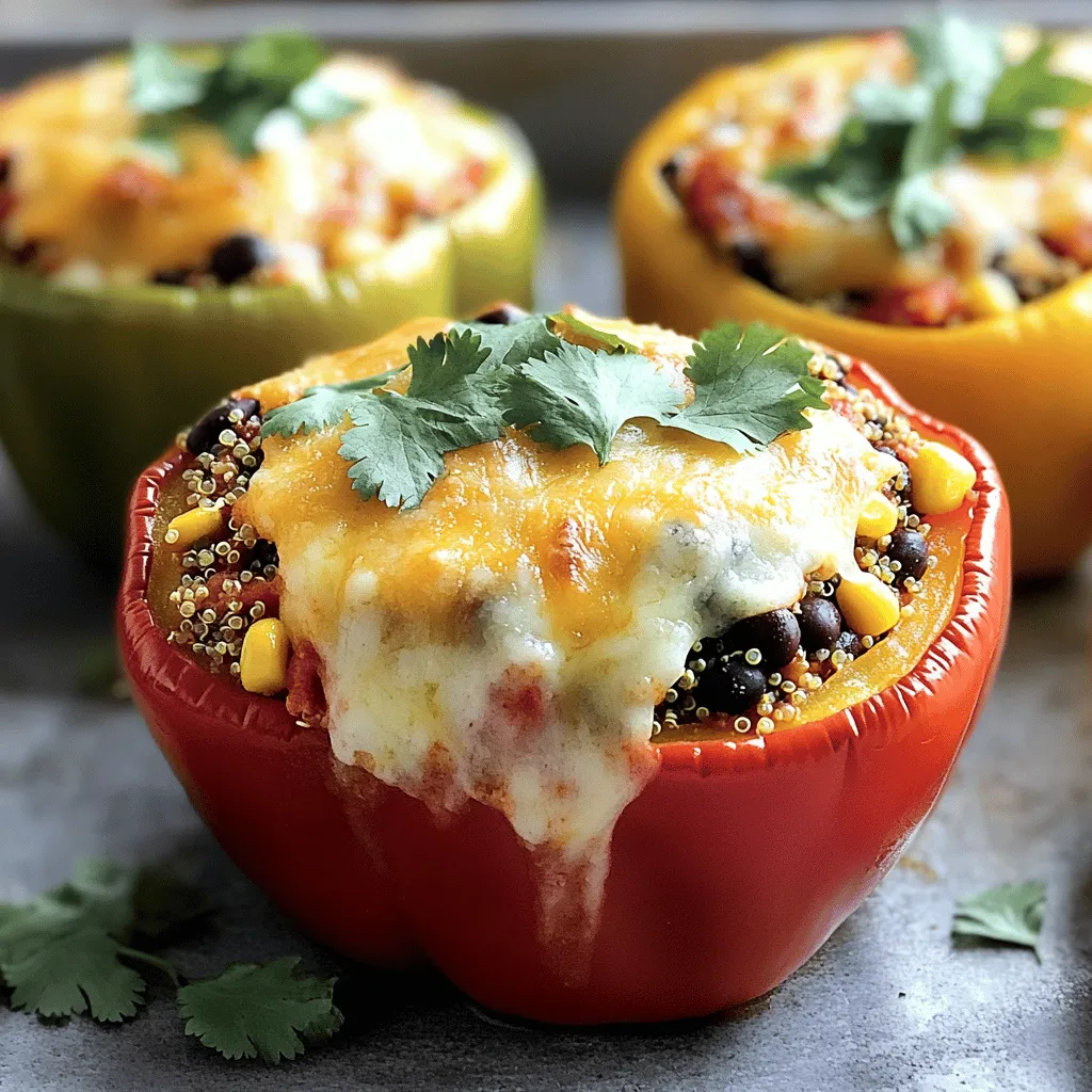- 4 large bell peppers (any color) - 1 cup quinoa, rinsed - 2 cups vegetable broth - 1 can (15 oz) black beans, rinsed and drained - 1 cup corn (fresh or frozen) - 1 cup diced tomatoes (canned or fresh) - 1 tsp cumin - 1 tsp smoked paprika - ½ tsp garlic powder - ½ tsp onion powder - Salt and pepper to taste - 1 cup shredded cheese (cheddar or mozzarella) - Fresh cilantro or parsley for garnish For this recipe, I love using fresh ingredients when possible. Fresh bell peppers add a nice crunch. Fresh corn brings a sweet flavor that you just can't beat. However, you can also use canned options if fresh ones aren't available. When it comes to dietary needs, you can easily make this dish vegan. Simply swap the cheese for a plant-based option. Nutritional yeast can also add a cheesy flavor without dairy. If you’re gluten-free, quinoa is a great choice as it is naturally gluten-free. Enjoy getting creative with your ingredients! 1. Preheat the oven and cook quinoa: Start by preheating your oven to 375°F (190°C). This ensures a nice cooking temperature. While the oven warms up, you need to cook the quinoa. In a medium saucepan, add 1 cup of rinsed quinoa and 2 cups of vegetable broth. Bring this mixture to a boil. Once it boils, lower the heat, cover, and let it simmer for about 15 minutes. When it's done, the quinoa will be fluffy and all the broth will be absorbed. 2. Preparing the bell peppers: Next, grab your 4 large bell peppers. Cut off the tops and scoop out the seeds and membranes inside. You want them hollow. Keep the tops; we can use them later. Place the hollowed peppers in a baking dish, standing upright. 3. Making the quinoa filling mixture: In a large mixing bowl, combine your cooked quinoa with the following: - 1 can (15 oz) black beans, rinsed and drained - 1 cup corn (fresh or frozen) - 1 cup diced tomatoes (canned or fresh) - 1 tsp cumin - 1 tsp smoked paprika - ½ tsp garlic powder - ½ tsp onion powder - Salt and pepper to taste Mix everything well until all ingredients are evenly combined. This mixture is tasty and filled with good nutrition. 1. Stuffing bell peppers: Take your quinoa filling and stuff it into each bell pepper. Press down gently to pack the filling in. Make sure to fill them well but leave a bit of space at the top. 2. Covering and baking times: If you want, place the tops of the peppers back on. Now, cover the baking dish with aluminum foil. This helps the peppers cook evenly. Bake in the oven for 25 minutes. 3. Final steps for broiling or garnishing: After 25 minutes, take off the foil. Bake for an additional 10 to 15 minutes. This will make the peppers tender and the cheese, if added, nice and bubbly. When they are done, take them out and let them cool for a few minutes. Finally, garnish with fresh cilantro or parsley for a pop of color and flavor. For the full recipe, refer to the earlier section. Enjoy your delicious stuffed bell peppers! - How to ensure quinoa is cooked perfectly Rinse your quinoa before cooking. This removes bitterness. Then, use two parts liquid for one part quinoa. Bring it to a boil, then lower the heat. Cover and let it simmer for about 15 minutes. When done, the grains look like tiny spirals. - Tips for selecting the best bell peppers Choose firm, shiny bell peppers. They should feel heavy for their size. Look for rich color; vibrant peppers taste sweeter. Avoid any with soft spots or wrinkles. Each color has a unique flavor, so mix it up! - Cheese melting tips for that perfect topping Shred your cheese for faster melting. Sprinkle it on right before the last 10 minutes of baking. If you want a golden crust, broil for a few minutes at the end. Watch closely to prevent burning. - Suggestions for garnishing Fresh herbs like cilantro or parsley add color and flavor. A squeeze of lime juice brightens the dish. You can also sprinkle some chili flakes for a hint of heat. - Serving ideas such as accompaniments or side dishes Serve your stuffed peppers with a side salad for crunch. Rice or quinoa pairs well too. Consider a dollop of yogurt or sour cream for creaminess. These sides balance the dish and add variety. {{image_2}} You can easily adapt this recipe to fit different diets. If you want gluten-free stuffed peppers, just use quinoa and avoid any gluten-containing ingredients. For a vegan option, skip the cheese or use vegan cheese instead. Both options taste great and keep the dish healthy. If you want to add protein, consider using cooked chicken or ground beef. These meats will mix well with the quinoa and add flavor. You could also try turkey or lamb for a twist. Adjust the spices to complement the meat you choose. To change the flavor, use different spices or herbs. For example, you can add chili powder for a kick or Italian seasoning for a fresh taste. A sprinkle of fresh herbs like basil or parsley can brighten the dish. You can also swap in other vegetables. Try zucchini, spinach, or mushrooms for extra nutrition. Chopped veggies can mix right into the quinoa filling. They add color and flavor, making the dish even more appealing. For the full recipe, check out the complete guide above. After making stuffed bell peppers, you might have some left. To store them, let the peppers cool down. Place them in an airtight container. You can refrigerate them for up to three days. If you want to keep them longer, freeze them. Wrap each pepper in plastic wrap, then place them in a freezer bag. They will stay fresh for up to three months. When you’re ready to eat them again, you can reheat them. You have two great options for reheating: the microwave or the oven. If using the microwave, place a pepper on a microwave-safe plate. Heat it for 1-2 minutes. Check if it’s warm all the way through. If not, heat for another minute. For oven reheating, preheat it to 350°F (175°C). Place the peppers in a baking dish and cover with foil. Bake for about 15-20 minutes. This keeps the peppers from drying out and helps maintain their flavor and texture. For the best taste, always check the peppers before serving. Enjoying your stuffed bell peppers again will be a treat! How can I make stuffed peppers in advance? You can prepare the filling and stuff the peppers a day ahead. Just store them in the fridge. Bake them right before serving for the best taste. Can I use different grains besides quinoa? Yes! You can swap quinoa with rice, farro, or even barley. Each grain adds a unique flavor and texture. What's the best way to avoid soggy bell peppers? To keep them firm, pre-bake the peppers for about 10 minutes before stuffing. This helps reduce moisture. How healthy are stuffed bell peppers? Stuffed bell peppers are very healthy. They are full of fiber, protein, and vitamins. They can fit into many diets. What are the calorie counts for each serving of this recipe? Each serving has about 350 calories. This includes the quinoa, beans, and cheese. It's a balanced meal! Are stuffed peppers low-carb? Stuffed peppers can be low-carb. If you skip the beans or cheese, you can lower the carb count. This blog post covered how to make tasty stuffed bell peppers. We discussed ingredients, preparation steps, and baking methods. You learned tips to cook quinoa perfectly and chose the best peppers. We explored variations for different diets and added flavor ideas. Lastly, we shared how to store leftovers and reheat them well. Thoughtfully preparing stuffed peppers can impress anyone at your table. Enjoy trying these recipes and making them your own!