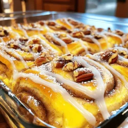 For a delicious cinnamon roll casserole, you need simple ingredients. Here’s what to gather: - 2 cans of refrigerated cinnamon rolls (with icing) - 6 large eggs - 1 cup milk - 1 teaspoon vanilla extract - 1 teaspoon ground cinnamon - 1/2 cup brown sugar - 1/4 cup maple syrup - 1/2 cup chopped pecans or walnuts (optional) - Powdered sugar for dusting Each ingredient plays a key role. The cinnamon rolls give a sweet, soft base. Eggs and milk create a rich custard. Vanilla and cinnamon add warm flavors. Brown sugar and maple syrup bring sweetness. Nuts add crunch, but they are optional. This recipe is easy to follow. You can find the full recipe at the end of this section. Enjoy the process of creating a comforting breakfast treat that everyone will love! - Preheat the oven to 350°F (175°C). - Grease a 9x13-inch baking dish. Starting with a clean space makes cooking easier. Preheating the oven ensures your casserole bakes evenly. Greasing the dish helps prevent sticking. I like to use butter for flavor, but any oil will work. - Quarter the cinnamon rolls and set aside the icing. - Whisk together eggs, milk, vanilla, cinnamon, and brown sugar. Cutting the cinnamon rolls into quarters makes them easier to mix. Keep the icing for later; it adds sweetness to the finished dish. When whisking, blend the eggs, milk, vanilla, cinnamon, and brown sugar well. This mix gives your casserole its creamy, rich taste. - Combine quartered cinnamon rolls with the egg mixture. - Pour into the prepared baking dish and add maple syrup and nuts. Gently fold the cinnamon roll pieces into the egg mixture. Make sure each piece gets coated. Pour this mixture into your greased baking dish. Drizzle maple syrup on top for extra flavor. If you like, add chopped nuts for a nice crunch. - Bake for 25-30 minutes. - Let it cool slightly before serving. Bake until it puffs up and turns golden brown. This usually takes about 25-30 minutes. Check it at 25 minutes to avoid overbaking. Once done, let it cool for a few minutes. This makes it easier to cut and serve. You can drizzle the icing over the warm casserole before serving. Enjoy your delicious creation! For the full recipe, check out the details provided earlier. To make your cinnamon roll casserole fluffy, use cold eggs. Cold eggs help create air pockets when you mix them. This makes your casserole rise beautifully. After baking, let the casserole cool a little before adding the icing. This keeps the icing from melting away and makes it stick better. Pair this delightful dish with fresh fruit or a dollop of whipped cream. Adding fresh berries can brighten the flavors. You can serve this casserole as a fun breakfast or even as a sweet dessert. It works well for any meal of the day. Want to take your casserole up a notch? Add a splash of nutmeg or a hint of vanilla extract to the mix. These spices deepen the flavor and make each bite special. You can also toss in some chocolate chips for a sweeter twist. The chocolate melts and adds a lovely richness to every bite. For the full recipe, check the earlier section! {{image_2}} Cinnamon Roll Casserole is fun to change up. You can make it your own with a few tweaks. - Add sliced bananas or berries for a fresh burst. - Incorporate apple pie filling for a sweet twist. These fruits bring in more flavor and color. They also add natural sweetness to the dish. You can mix and match to find your favorite blend. - Use flavored cinnamon rolls, like caramel or maple. - Experiment with nuts or chocolate for a richer taste. These small changes can give your casserole a unique flair. Flavored rolls can make a huge difference. Nuts add crunch, while chocolate brings sweetness. - Make a gluten-free version with gluten-free cinnamon rolls. - Substitute almond milk for a tasty dairy-free option. These swaps allow everyone to enjoy this dish. Gluten-free options are now easy to find. Almond milk gives a nice flavor without dairy. Check out the Full Recipe to get started on this delightful casserole! After you enjoy your cinnamon roll casserole, store any leftovers in an airtight container. This keeps it fresh and tasty. The casserole tastes best if you eat it within 3-4 days. If you want to save some for later, freeze individual portions. Wrap them tightly in plastic wrap or foil. When you’re ready to eat, thaw the portion overnight in the fridge. To reheat slices, you can use the microwave or the oven. If you want extra flavor, add a drizzle of icing before serving. This will make your casserole feel fresh and delicious again. Yes, you can prepare this dish the night before. Just follow these steps: - Mix the egg and milk mixture as directed. - Cut the cinnamon rolls and combine them with the egg mix. - Cover the baking dish and place it in the fridge overnight. - In the morning, simply bake it as directed. This saves time and makes breakfast easy! Look for a few key signs: - The casserole should puff up nicely. - It should be golden brown on top. - A toothpick inserted in the center should come out clean. These signs let you know it’s perfectly cooked and ready to serve. If you can’t find cinnamon rolls, try these options: - Use slices of bread to create a bread pudding style. - Try using croissants for a flaky texture. - Biscuits can work too, giving a different but tasty flavor. These alternatives will still give you a delicious breakfast dish. Absolutely! Here are some simple swaps: - Use almond milk or coconut milk instead of regular milk. - Replace eggs with flax eggs or a commercial egg replacer. These changes keep the flavor while meeting your dietary needs. This blog post walks you through making a delicious Cinnamon Roll Casserole. You learned about key ingredients, simple steps, and helpful tips. You can customize it in many ways, whether adding fruit or using different types of cinnamon rolls. Storing leftovers correctly helps you enjoy it later. Try making it the night before for an easy breakfast. Enjoy exploring these recipes and adding your own twist.