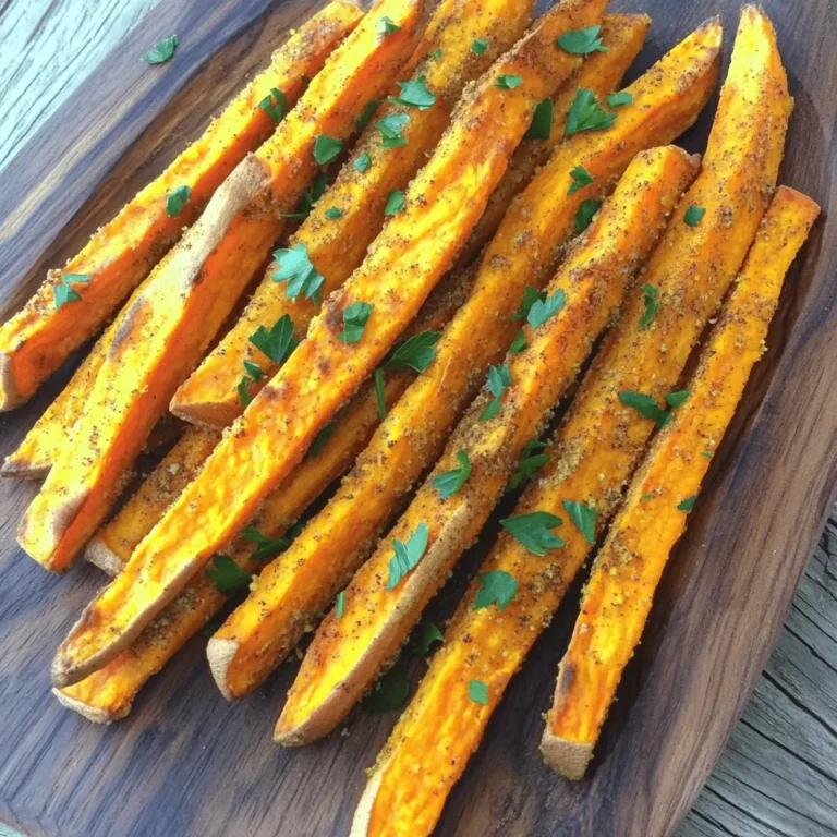 - 2 large sweet potatoes, peeled and cut into fries - 2 tablespoons olive oil - Salt and pepper to taste - 1 teaspoon garlic powder - 1 teaspoon paprika - ½ teaspoon cayenne pepper (optional) - ½ teaspoon cumin - Fresh chopped parsley for garnish The key to making great baked sweet potato fries starts with choosing the right sweet potatoes. I like to pick large ones, as they yield more fries and cook evenly. You will peel and cut them into sticks. Aim for uniform sizes so they bake well. Next, you’ll need olive oil. This oil not only adds flavor but helps to crisp up the fries. Make sure to coat them well. A pinch of salt and pepper adds basic flavor, but don’t skip the seasonings. The seasonings are where the magic happens. Garlic powder gives a savory touch, while paprika adds a nice smokiness. If you want some heat, cayenne pepper is a great choice. Cumin adds warmth and depth too. Lastly, consider adding fresh parsley for a pop of color. It makes your fries look appealing and adds a hint of freshness. You can check the Full Recipe for exact measurements and more details. - Preheat your oven to 425°F (220°C). - Line a baking sheet with parchment paper. - Toss sweet potato fries with olive oil. - Season with garlic powder, paprika, cayenne pepper, cumin, salt, and pepper. - Spread fries in a single layer. - Bake, flipping halfway, until crispy and golden brown. Now, let’s dive into the details. When I start making baked sweet potato fries, I first preheat my oven to 425°F (220°C). This high heat helps the fries get crispy. I line my baking sheet with parchment paper. This step makes cleaning up easy and prevents sticking. Next, I take my sweet potatoes. I peel them and cut them into fries. I like them about a quarter of an inch thick. This size helps them cook evenly. I put them in a large bowl and drizzle olive oil over the fries. I toss them well, so every fry gets a coat of oil. Then comes the fun part—seasoning! I add garlic powder, paprika, cayenne pepper, cumin, salt, and pepper. I mix everything until the fries are well-coated. The spices bring out the natural sweetness of the potatoes while adding a nice kick. Now, I spread the fries out in a single layer on my baking sheet. It’s important they don’t touch. If they do, they’ll steam instead of crisp up. I bake them for about 20 minutes. Halfway through, I flip the fries. This helps them cook evenly. After 20 minutes, I check for a crispy, golden brown look. They should be crunchy on the outside and soft inside. Once done, I let them cool for a few minutes. If I want, I can garnish with fresh parsley for a pop of color. For the full recipe, check the details above. Enjoy your tasty, crispy sweet potato fries! To get that perfect crunch, do not overcrowd the baking sheet. If fries touch, they steam instead of crisp. Space them out to let air circulate. I also recommend using parchment paper. It helps the fries crisp up and makes cleanup a breeze. Feel free to get creative with seasonings. I love adding a pinch of smoked paprika or a dash of Italian herbs. You can even try chili powder for a kick. If you're looking for a different way to cook, try an air fryer. It can give you that crispy texture with less oil. These fries pair well with dips. Ketchup is a classic choice, but aioli adds a gourmet touch. Serve them hot for the best taste. For a nice presentation, arrange them in a cone or on a platter. Don’t forget to sprinkle fresh parsley on top for color and flavor. {{image_2}} You can easily change up the flavor of your baked sweet potato fries. For a sweet and spicy twist, drizzle honey over the fries before baking. Add a sprinkle of chili powder for some heat. This mix gives the fries a great balance of sweetness and spice. If you prefer a herb-infused taste, toss the fries with fresh rosemary or thyme. These herbs add a lovely aroma and flavor that makes the fries special. You can mix and match these options to find your favorite flavor. Want to make your fries even healthier? Use avocado oil instead of olive oil. It has a higher smoke point and is packed with good fats. You can also try other root vegetables like carrots or parsnips. They give a different taste and texture while still being tasty. These fries are naturally gluten-free, making them a great choice for anyone with gluten issues. If you want to keep it vegan, stick with plant-based seasonings. Try using nutritional yeast for a cheesy flavor without dairy. It’s simple to adapt this recipe to fit various diets and still enjoy a delicious snack. For the full recipe, check out the [Full Recipe]. To store your leftover baked sweet potato fries, let them cool first. Place them in an airtight container. This helps keep them fresh longer. I recommend using glass containers if you have them. They won’t absorb odors and are easy to clean. You can keep them in the fridge for up to three days. For the best taste, reheat in the oven. Preheat your oven to 400°F (200°C). Spread the fries on a baking sheet. Bake for about 10 minutes until they are hot and crispy. If you use a microwave, the fries will cook faster but lose their crunch. If you must use a microwave, heat them briefly and check often. To freeze baked sweet potato fries, let them cool completely. Spread the fries out on a baking sheet. Place them in the freezer for about an hour until they freeze solid. Then transfer them to a freezer-safe bag. Make sure to squeeze out all the air. For best results, use them within three months. To thaw, place the fries in the fridge overnight. Reheat them in the oven to restore their crispiness. This method keeps them tasty and delicious for your next snack! For a full recipe, check out the previous sections. Baked sweet potato fries last about 3 to 5 days in the fridge. To keep them fresh, store the fries in an airtight container. This helps keep moisture out and maintains texture. Yes, you can freeze baked sweet potato fries! Here’s how: - Let the fries cool completely. - Place them in a single layer on a baking sheet. - Freeze for 1 to 2 hours until firm. - Transfer the fries to a freezer-safe bag or container. When you want to eat them, thaw in the fridge overnight. Then reheat in the oven for crispiness. Bake sweet potato fries at 425°F (220°C). This high heat helps them cook fast and get crispy. Bake for about 20 minutes, flipping halfway for even cooking. Enjoy the perfect texture and flavor! For the complete recipe, check out the Full Recipe section. In this post, we explored how to make delicious baked sweet potato fries. We covered the main ingredients, seasonings, and step-by-step instructions to create crispy fries. I shared tips for achieving the perfect texture and suggested ways to serve and store your fries. Remember, you can mix up the flavors and adapt the recipe to your taste. Enjoy experimenting with different spices and serving options for a fun, tasty treat. Your homemade sweet potato fries will impress everyone!