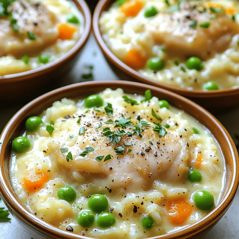 To make Instant Pot Creamy Chicken and Rice, you will need: - 1 pound boneless, skinless chicken thighs - 1 cup jasmine rice, rinsed - 1 medium onion, diced - 3 cloves garlic, minced - 2 cups chicken broth - 1 cup heavy cream - 1 cup frozen peas and carrots mix - 1 teaspoon dried thyme - 1 teaspoon smoked paprika - Salt and pepper to taste - 2 tablespoons olive oil - Fresh parsley, chopped (for garnish) You can swap some ingredients if needed. Here are some ideas: - Chicken Thighs: Use chicken breasts for a leaner option. - Jasmine Rice: Swap it with basmati rice or white rice. - Heavy Cream: Use half-and-half for a lighter sauce. - Frozen Veggies: Any mixed frozen veggies work well. Choosing fresh ingredients makes a big difference. Here are a few tips: - Chicken: Look for bright color and no bad smell. - Onion: Pick firm onions with no soft spots. - Garlic: Choose bulbs that are dry and firm. - Rice: Check for no broken grains and no pests in the bag. - Parsley: Fresh parsley should be vibrant and green. These steps will help you create a meal that tastes great and looks appealing. For the full recipe, check out the provided link. To start, gather your ingredients. You need chicken thighs, rice, onion, garlic, broth, cream, peas, and spices. Set your Instant Pot to the sauté setting. Add olive oil when the pot is hot. Toss in the diced onion and cook for 2-3 minutes. You want it translucent. Then, mix in the minced garlic for one more minute. This step builds a rich base for your dish. Next, add the chicken thighs to the pot. Season them well with salt, pepper, dried thyme, and smoked paprika. Sauté everything for about 5 minutes. You want the chicken lightly browned, not fully cooked. Then, pour in the rinsed jasmine rice and chicken broth. Stir gently to combine. Make sure the rice is fully covered by the liquid. This helps it cook evenly. Close the lid on the Instant Pot. Ensure the valve is set to “sealing.” Select “Manual” or “Pressure Cook” and set the timer for 10 minutes. Once the cooking cycle ends, let it sit for 5 minutes. This is called natural release. After that, switch the valve to “venting” to let out any remaining steam. Open the lid and add heavy cream along with the frozen peas and carrots. Stir everything until creamy and combined. Let it sit a few minutes to warm the veggies. Serve in bowls and enjoy. For the full recipe, check the complete instructions above. To get the best results with your Instant Pot, follow these tips: - Prep Ingredients First: Have all your ingredients ready before you start. This saves time and keeps things organized. - Layering Matters: Place rice on top of the chicken to cook evenly. This prevents burning. - Avoid Overfilling: Do not fill the pot more than two-thirds full. This helps avoid pressure issues. To make your dish even better, consider these ideas: - Use Fresh Herbs: Fresh parsley or thyme adds a bright flavor. Add them at the end for a fresh taste. - Add Cheese: Mix in some grated parmesan for extra creaminess and flavor. - Experiment with Spices: Try adding garlic powder or onion powder for more depth. If you run into problems, here’s how to fix them: - Burn Notice: If you see a burn message, it might be due to not enough liquid. Add more broth next time. - Too Watery: If your dish is too runny, try using less broth or more rice. - Undercooked Rice: If the rice isn’t cooked, give it a few more minutes under pressure. For a full recipe, check out the complete guide on Instant Pot Creamy Chicken and Rice. {{image_2}} You can switch up the protein in this dish. Instead of chicken, try turkey, shrimp, or even pork. Each option brings its own taste and texture. I find that turkey gives a nice lean bite, while shrimp cooks quickly and adds a sea flavor. Just adjust the cooking time based on what you choose. For a vegetarian take, skip the meat and add more veggies. Use mushrooms, bell peppers, and zucchini for a hearty mix. Replace the chicken broth with vegetable broth for a rich flavor. You can also add chickpeas or lentils for protein. This version stays creamy and satisfying, just like the original. You can vary the flavor by adding spices or herbs. Try adding curry powder for a warm, spicy twist. Lemon zest can brighten the dish, making it fresh and vibrant. You can also use fresh herbs like basil or cilantro for a burst of flavor. Experiment with what you like to make it your own! For the full recipe, check out the instructions above. Once your Instant Pot creamy chicken and rice is cool, place it in a sealed container. This keeps it fresh. Store it in the fridge for up to four days. Make sure to label the container with the date. This way, you know when you made it. If you want to save some for later, freezing works great. Let the dish cool completely. Then, transfer it to a freezer-safe container. It can last up to three months in the freezer. For best results, divide it into smaller portions. This makes it easy to reheat just what you need. When you’re ready to eat, thaw it overnight in the fridge if frozen. To reheat, use the microwave or the stovetop. If using the microwave, heat in short bursts, stirring in between. If using the stovetop, add a splash of chicken broth to help with moisture. Heat on low until warm. Enjoy your delicious meal again! For the full recipe, check the detailed steps above. Cooking creamy chicken and rice takes about 30 minutes in the Instant Pot. This includes 10 minutes of pressure cooking. You also need to factor in the time for sautéing and the natural release. Yes, you can use brown rice. However, adjust the cooking time. Brown rice needs about 22-24 minutes of pressure cooking. Be sure to add extra liquid since brown rice absorbs more. Serve this dish with a fresh salad or steamed vegetables. Garlic bread or crusty rolls make great sides too. A light dessert, like fruit salad, can round out your meal nicely. Yes, you can prepare it ahead of time. Cook the dish and store it in the fridge for up to three days. Just reheat it gently on the stove or in the microwave. Absolutely! Creamy chicken and rice is mild and full of flavor. Most kids enjoy the creamy sauce and tender chicken. Of course! You can add bell peppers, broccoli, or spinach. Just toss them in with the other veggies. They will cook nicely and add color and nutrients. Store leftovers in an airtight container in the fridge. This dish stays fresh for about three days. For longer storage, freeze it for up to three months. Yes, you can use frozen chicken in this recipe. Just add a few extra minutes to the cooking time. Ensure the chicken reaches a safe temperature before serving. If your dish turns out too thick, add a splash of chicken broth or cream. Stir it in gently until you reach your desired consistency. For the full recipe, check out the complete instructions mentioned earlier. In this post, we covered the key ingredients for your dish and their substitutions. We explored step-by-step cooking in the Instant Pot, and shared tips for the best results. The variations let you tweak flavors and proteins. Finally, we discussed how to store leftovers and addressed common questions. Remember, cooking is about trying new things. Don't be afraid to experiment and make this dish your own. Enjoy your time in the kitchen!