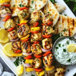 - Chicken thighs - Olive oil - Lemon juice - Garlic and spices For Greek Chicken Souvlaki, chicken thighs are the star. They stay juicy and tender when grilled. Olive oil adds richness and helps the spices stick. Lemon juice gives a bright flavor. Garlic adds depth, while spices like oregano and paprika bring warmth. - Suggested vegetables (red bell pepper, onion) - Optional additions (zucchini, cherry tomatoes) Adding vegetables makes the skewers even better. Red bell peppers and onions add color and sweetness. You can also use zucchini and cherry tomatoes for more variety. These veggies cook well and soak up the flavors from the chicken. - Skewers (wooden vs. metal) - Grill or grill pan You need skewers to hold everything together. Wooden skewers are great but soak them in water first. Metal skewers are reusable and do not burn. A grill or grill pan is essential for that smoky flavor. Preheat it well to get nice grill marks on your skewers. For the full details on how to bring these tasty ingredients together, check the Full Recipe! To start, you need a tasty marinade. In a large bowl, whisk together: - 3 tablespoons olive oil - 2 tablespoons lemon juice - 2 cloves garlic, minced - 1 teaspoon dried oregano - 1 teaspoon paprika - ½ teaspoon salt - ¼ teaspoon black pepper This mix is what gives the chicken its great flavor. Next, add 1 pound of chicken thighs, cut into 1-inch cubes. Ensure each piece is well coated. Cover the bowl and refrigerate for at least 1 hour. If you can wait longer, up to overnight works best. If you use wooden skewers, soak them in water for at least 30 minutes. This prevents burning on the grill. Once soaked, it's time to assemble your skewers. Take the marinated chicken cubes and thread them onto the skewers. Alternate with colorful pieces of red bell pepper and onion. This adds great taste and looks nice. Preheat your grill or grill pan over medium-high heat. This step is key for juicy chicken. Once hot, place the skewers on the grill. Cook for about 10-12 minutes. Turn them occasionally to get nice grill marks. The chicken should reach an internal temperature of 165°F (75°C). After grilling, let the skewers rest for a few minutes. This helps keep the juices in. For the full recipe, check out the details above. Enjoy your delicious Greek chicken souvlaki skewers! For great flavor, marinate the chicken for at least one hour. I often let it sit overnight. This allows the spices and oil to soak in well. You want juicy chicken that bursts with taste. Use boneless chicken thighs, as they stay moist during cooking. Set your grill to medium-high heat. This helps cook the chicken evenly. To get those nice grill marks, place the skewers on the grill and do not move them for the first few minutes. Flip them only when you see grill lines forming. Serve your chicken souvlaki with tzatziki sauce, fresh pita, and a simple salad. For plating, arrange the skewers on a large platter. Add lemon wedges and sprinkle parsley for a pop of color. This will impress your guests and make the dish look even tastier. For the full recipe, be sure to check it out! {{image_2}} You can switch up the protein in your Greek chicken souvlaki. For a leaner choice, use chicken breast instead of thighs. Chicken breast cooks quickly and is still juicy when marinated right. You can also try lamb, which has a distinct flavor. It adds richness to the dish. If you want a meat-free option, consider vegetarian skewers with halloumi. Halloumi is a firm cheese that grills well. It gets a beautiful golden crust and a chewy texture. Pair it with your favorite veggies like zucchini or cherry tomatoes for a tasty meal. The marinade is key to great flavor. You can keep it simple or spice it up. Try adding chili flakes for a spicy kick. For a fresh taste, use herbs like mint or dill. These herbs give a nice twist to the classic recipe. In Greece, each region has its own twist on souvlaki. In some places, they add yogurt or different spices. You can experiment with these ideas to find what you love best. When it comes to serving, you have options! You can serve your souvlaki with flatbreads for a fun wrap. Just add some tzatziki sauce and fresh veggies. If you prefer, try serving it over rice for a hearty meal. For presentation, you can keep the skewers whole or serve the chicken and veggies on a plate. A salad presentation looks colorful and inviting. Use the Full Recipe to explore all these tasty options! To keep your chicken souvlaki fresh, refrigerate the leftovers. Place the skewers in an airtight container. Make sure they cool down before sealing. They can stay in the fridge for up to three days. If you want to save them for longer, freezing is a great option. Wrap each skewer tightly in plastic wrap, then place them in a freezer bag. This way, they can last for up to three months. When you're ready to eat, just thaw them in the fridge overnight. Reheating chicken souvlaki can be a breeze. The best way to warm them up is on a grill. This method keeps the smoky flavor. Heat the grill to medium and place the skewers on it for about 5 minutes, turning until heated through. You can also use your oven. Preheat it to 350°F (175°C) and place the skewers on a baking sheet. Heat for about 10-15 minutes. If you're in a hurry, the microwave works too. Just use a microwave-safe dish and cover it. Heat in short bursts of 30 seconds, checking often. This method may lose some texture, but it’s quick. Always aim to keep the flavors and texture as best as you can. Traditional Greek souvlaki is a popular street food. It usually features meat on a skewer, grilled to perfection. The dish has roots in ancient Greece, dating back to the 5th century B.C. Back then, people enjoyed skewered meats during festivals and gatherings. Today, souvlaki remains a beloved dish in Greece and around the world. Yes, you can use different meats for souvlaki. Chicken, pork, beef, and lamb all work well. Each type of meat has its own cooking time. Chicken cooks fast, around 10-12 minutes. Pork may take a bit longer, about 15 minutes. Beef and lamb need about 12-15 minutes. Just make sure the internal temperature reaches 165°F (75°C) for safety. You can marinate chicken for at least one hour. For the best flavor, try marinating overnight. This soaking time allows the flavors to soak into the meat. A longer marination also helps make the chicken tender. Just remember to keep it in the fridge while marinating. For the full recipe, check out the Mediterranean Zesty Chicken Souvlaki Skewers. Greek chicken souvlaki is a tasty dish that you can easily make. You need simple ingredients like chicken thighs, olive oil, and spices. Marinate the chicken well and grill it with colorful veggies. Don't forget to try alternative proteins and different marinades. Enjoy your souvlaki with tzatziki and fresh sides. Store leftovers properly for later enjoyment. By following these tips, you’ll create delicious skewers every time. Dive into the world of Greek flavors and impress your friends and family with a great meal!