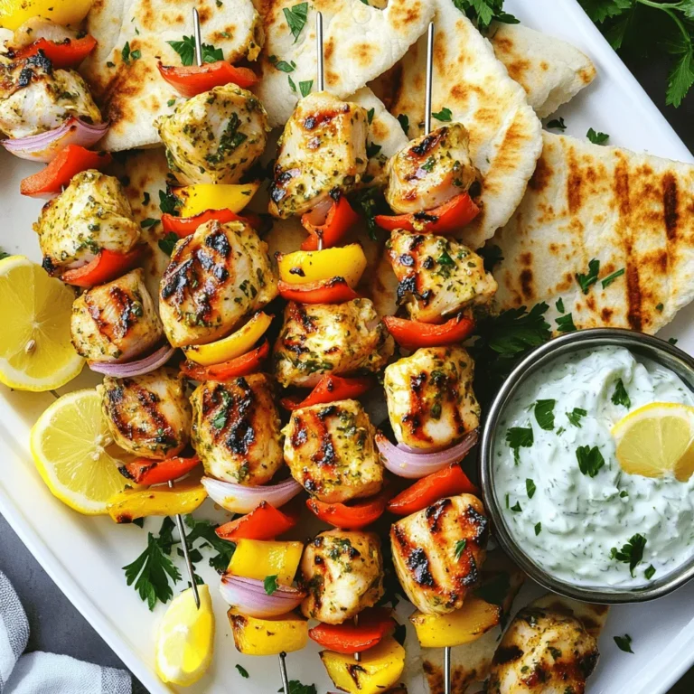 - Chicken thighs - Olive oil - Lemon juice - Garlic and spices For Greek Chicken Souvlaki, chicken thighs are the star. They stay juicy and tender when grilled. Olive oil adds richness and helps the spices stick. Lemon juice gives a bright flavor. Garlic adds depth, while spices like oregano and paprika bring warmth. - Suggested vegetables (red bell pepper, onion) - Optional additions (zucchini, cherry tomatoes) Adding vegetables makes the skewers even better. Red bell peppers and onions add color and sweetness. You can also use zucchini and cherry tomatoes for more variety. These veggies cook well and soak up the flavors from the chicken. - Skewers (wooden vs. metal) - Grill or grill pan You need skewers to hold everything together. Wooden skewers are great but soak them in water first. Metal skewers are reusable and do not burn. A grill or grill pan is essential for that smoky flavor. Preheat it well to get nice grill marks on your skewers. For the full details on how to bring these tasty ingredients together, check the Full Recipe! To start, you need a tasty marinade. In a large bowl, whisk together: - 3 tablespoons olive oil - 2 tablespoons lemon juice - 2 cloves garlic, minced - 1 teaspoon dried oregano - 1 teaspoon paprika - ½ teaspoon salt - ¼ teaspoon black pepper This mix is what gives the chicken its great flavor. Next, add 1 pound of chicken thighs, cut into 1-inch cubes. Ensure each piece is well coated. Cover the bowl and refrigerate for at least 1 hour. If you can wait longer, up to overnight works best. If you use wooden skewers, soak them in water for at least 30 minutes. This prevents burning on the grill. Once soaked, it's time to assemble your skewers. Take the marinated chicken cubes and thread them onto the skewers. Alternate with colorful pieces of red bell pepper and onion. This adds great taste and looks nice. Preheat your grill or grill pan over medium-high heat. This step is key for juicy chicken. Once hot, place the skewers on the grill. Cook for about 10-12 minutes. Turn them occasionally to get nice grill marks. The chicken should reach an internal temperature of 165°F (75°C). After grilling, let the skewers rest for a few minutes. This helps keep the juices in. For the full recipe, check out the details above. Enjoy your delicious Greek chicken souvlaki skewers! For great flavor, marinate the chicken for at least one hour. I often let it sit overnight. This allows the spices and oil to soak in well. You want juicy chicken that bursts with taste. Use boneless chicken thighs, as they stay moist during cooking. Set your grill to medium-high heat. This helps cook the chicken evenly. To get those nice grill marks, place the skewers on the grill and do not move them for the first few minutes. Flip them only when you see grill lines forming. Serve your chicken souvlaki with tzatziki sauce, fresh pita, and a simple salad. For plating, arrange the skewers on a large platter. Add lemon wedges and sprinkle parsley for a pop of color. This will impress your guests and make the dish look even tastier. For the full recipe, be sure to check it out! {{image_2}} You can switch up the protein in your Greek chicken souvlaki. For a leaner choice, use chicken breast instead of thighs. Chicken breast cooks quickly and is still juicy when marinated right. You can also try lamb, which has a distinct flavor. It adds richness to the dish. If you want a meat-free option, consider vegetarian skewers with halloumi. Halloumi is a firm cheese that grills well. It gets a beautiful golden crust and a chewy texture. Pair it with your favorite veggies like zucchini or cherry tomatoes for a tasty meal. The marinade is key to great flavor. You can keep it simple or spice it up. Try adding chili flakes for a spicy kick. For a fresh taste, use herbs like mint or dill. These herbs give a nice twist to the classic recipe. In Greece, each region has its own twist on souvlaki. In some places, they add yogurt or different spices. You can experiment with these ideas to find what you love best. When it comes to serving, you have options! You can serve your souvlaki with flatbreads for a fun wrap. Just add some tzatziki sauce and fresh veggies. If you prefer, try serving it over rice for a hearty meal. For presentation, you can keep the skewers whole or serve the chicken and veggies on a plate. A salad presentation looks colorful and inviting. Use the Full Recipe to explore all these tasty options! To keep your chicken souvlaki fresh, refrigerate the leftovers. Place the skewers in an airtight container. Make sure they cool down before sealing. They can stay in the fridge for up to three days. If you want to save them for longer, freezing is a great option. Wrap each skewer tightly in plastic wrap, then place them in a freezer bag. This way, they can last for up to three months. When you're ready to eat, just thaw them in the fridge overnight. Reheating chicken souvlaki can be a breeze. The best way to warm them up is on a grill. This method keeps the smoky flavor. Heat the grill to medium and place the skewers on it for about 5 minutes, turning until heated through. You can also use your oven. Preheat it to 350°F (175°C) and place the skewers on a baking sheet. Heat for about 10-15 minutes. If you're in a hurry, the microwave works too. Just use a microwave-safe dish and cover it. Heat in short bursts of 30 seconds, checking often. This method may lose some texture, but it’s quick. Always aim to keep the flavors and texture as best as you can. Traditional Greek souvlaki is a popular street food. It usually features meat on a skewer, grilled to perfection. The dish has roots in ancient Greece, dating back to the 5th century B.C. Back then, people enjoyed skewered meats during festivals and gatherings. Today, souvlaki remains a beloved dish in Greece and around the world. Yes, you can use different meats for souvlaki. Chicken, pork, beef, and lamb all work well. Each type of meat has its own cooking time. Chicken cooks fast, around 10-12 minutes. Pork may take a bit longer, about 15 minutes. Beef and lamb need about 12-15 minutes. Just make sure the internal temperature reaches 165°F (75°C) for safety. You can marinate chicken for at least one hour. For the best flavor, try marinating overnight. This soaking time allows the flavors to soak into the meat. A longer marination also helps make the chicken tender. Just remember to keep it in the fridge while marinating. For the full recipe, check out the Mediterranean Zesty Chicken Souvlaki Skewers. Greek chicken souvlaki is a tasty dish that you can easily make. You need simple ingredients like chicken thighs, olive oil, and spices. Marinate the chicken well and grill it with colorful veggies. Don't forget to try alternative proteins and different marinades. Enjoy your souvlaki with tzatziki and fresh sides. Store leftovers properly for later enjoyment. By following these tips, you’ll create delicious skewers every time. Dive into the world of Greek flavors and impress your friends and family with a great meal!