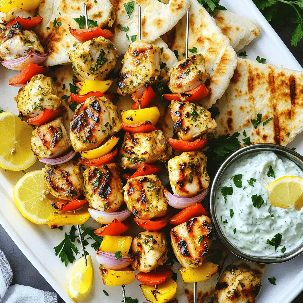 - Chicken thighs - Olive oil - Lemon juice - Garlic and spices For Greek Chicken Souvlaki, chicken thighs are the star. They stay juicy and tender when grilled. Olive oil adds richness and helps the spices stick. Lemon juice gives a bright flavor. Garlic adds depth, while spices like oregano and paprika bring warmth. - Suggested vegetables (red bell pepper, onion) - Optional additions (zucchini, cherry tomatoes) Adding vegetables makes the skewers even better. Red bell peppers and onions add color and sweetness. You can also use zucchini and cherry tomatoes for more variety. These veggies cook well and soak up the flavors from the chicken. - Skewers (wooden vs. metal) - Grill or grill pan You need skewers to hold everything together. Wooden skewers are great but soak them in water first. Metal skewers are reusable and do not burn. A grill or grill pan is essential for that smoky flavor. Preheat it well to get nice grill marks on your skewers. For the full details on how to bring these tasty ingredients together, check the Full Recipe! To start, you need a tasty marinade. In a large bowl, whisk together: - 3 tablespoons olive oil - 2 tablespoons lemon juice - 2 cloves garlic, minced - 1 teaspoon dried oregano - 1 teaspoon paprika - ½ teaspoon salt - ¼ teaspoon black pepper This mix is what gives the chicken its great flavor. Next, add 1 pound of chicken thighs, cut into 1-inch cubes. Ensure each piece is well coated. Cover the bowl and refrigerate for at least 1 hour. If you can wait longer, up to overnight works best. If you use wooden skewers, soak them in water for at least 30 minutes. This prevents burning on the grill. Once soaked, it's time to assemble your skewers. Take the marinated chicken cubes and thread them onto the skewers. Alternate with colorful pieces of red bell pepper and onion. This adds great taste and looks nice. Preheat your grill or grill pan over medium-high heat. This step is key for juicy chicken. Once hot, place the skewers on the grill. Cook for about 10-12 minutes. Turn them occasionally to get nice grill marks. The chicken should reach an internal temperature of 165°F (75°C). After grilling, let the skewers rest for a few minutes. This helps keep the juices in. For the full recipe, check out the details above. Enjoy your delicious Greek chicken souvlaki skewers! For great flavor, marinate the chicken for at least one hour. I often let it sit overnight. This allows the spices and oil to soak in well. You want juicy chicken that bursts with taste. Use boneless chicken thighs, as they stay moist during cooking. Set your grill to medium-high heat. This helps cook the chicken evenly. To get those nice grill marks, place the skewers on the grill and do not move them for the first few minutes. Flip them only when you see grill lines forming. Serve your chicken souvlaki with tzatziki sauce, fresh pita, and a simple salad. For plating, arrange the skewers on a large platter. Add lemon wedges and sprinkle parsley for a pop of color. This will impress your guests and make the dish look even tastier. For the full recipe, be sure to check it out! {{image_2}} You can switch up the protein in your Greek chicken souvlaki. For a leaner choice, use chicken breast instead of thighs. Chicken breast cooks quickly and is still juicy when marinated right. You can also try lamb, which has a distinct flavor. It adds richness to the dish. If you want a meat-free option, consider vegetarian skewers with halloumi. Halloumi is a firm cheese that grills well. It gets a beautiful golden crust and a chewy texture. Pair it with your favorite veggies like zucchini or cherry tomatoes for a tasty meal. The marinade is key to great flavor. You can keep it simple or spice it up. Try adding chili flakes for a spicy kick. For a fresh taste, use herbs like mint or dill. These herbs give a nice twist to the classic recipe. In Greece, each region has its own twist on souvlaki. In some places, they add yogurt or different spices. You can experiment with these ideas to find what you love best. When it comes to serving, you have options! You can serve your souvlaki with flatbreads for a fun wrap. Just add some tzatziki sauce and fresh veggies. If you prefer, try serving it over rice for a hearty meal. For presentation, you can keep the skewers whole or serve the chicken and veggies on a plate. A salad presentation looks colorful and inviting. Use the Full Recipe to explore all these tasty options! To keep your chicken souvlaki fresh, refrigerate the leftovers. Place the skewers in an airtight container. Make sure they cool down before sealing. They can stay in the fridge for up to three days. If you want to save them for longer, freezing is a great option. Wrap each skewer tightly in plastic wrap, then place them in a freezer bag. This way, they can last for up to three months. When you're ready to eat, just thaw them in the fridge overnight. Reheating chicken souvlaki can be a breeze. The best way to warm them up is on a grill. This method keeps the smoky flavor. Heat the grill to medium and place the skewers on it for about 5 minutes, turning until heated through. You can also use your oven. Preheat it to 350°F (175°C) and place the skewers on a baking sheet. Heat for about 10-15 minutes. If you're in a hurry, the microwave works too. Just use a microwave-safe dish and cover it. Heat in short bursts of 30 seconds, checking often. This method may lose some texture, but it’s quick. Always aim to keep the flavors and texture as best as you can. Traditional Greek souvlaki is a popular street food. It usually features meat on a skewer, grilled to perfection. The dish has roots in ancient Greece, dating back to the 5th century B.C. Back then, people enjoyed skewered meats during festivals and gatherings. Today, souvlaki remains a beloved dish in Greece and around the world. Yes, you can use different meats for souvlaki. Chicken, pork, beef, and lamb all work well. Each type of meat has its own cooking time. Chicken cooks fast, around 10-12 minutes. Pork may take a bit longer, about 15 minutes. Beef and lamb need about 12-15 minutes. Just make sure the internal temperature reaches 165°F (75°C) for safety. You can marinate chicken for at least one hour. For the best flavor, try marinating overnight. This soaking time allows the flavors to soak into the meat. A longer marination also helps make the chicken tender. Just remember to keep it in the fridge while marinating. For the full recipe, check out the Mediterranean Zesty Chicken Souvlaki Skewers. Greek chicken souvlaki is a tasty dish that you can easily make. You need simple ingredients like chicken thighs, olive oil, and spices. Marinate the chicken well and grill it with colorful veggies. Don't forget to try alternative proteins and different marinades. Enjoy your souvlaki with tzatziki and fresh sides. Store leftovers properly for later enjoyment. By following these tips, you’ll create delicious skewers every time. Dive into the world of Greek flavors and impress your friends and family with a great meal!