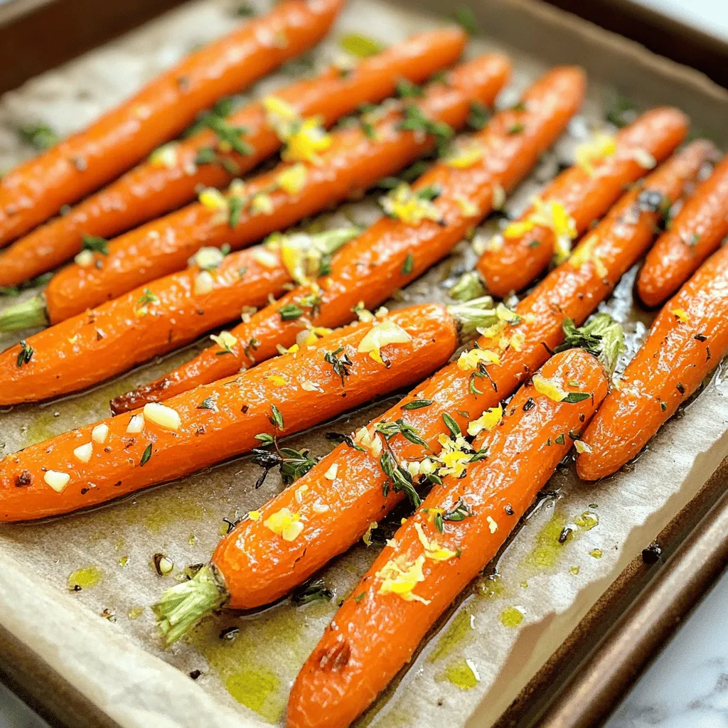 - Baby carrots or regular carrots - Olive oil and garlic - Fresh herbs: thyme and rosemary - Seasoning: salt and pepper To make garlic herb roasted carrots, gather your ingredients first. Use baby carrots for ease, or slice regular carrots into sticks. Carrots bring a sweet flavor and colorful touch. Olive oil adds richness and helps the carrots roast well. Garlic gives a bold taste that pairs perfectly with the sweet carrots. Fresh herbs like thyme and rosemary elevate the dish. Thyme has a minty flavor, while rosemary adds a piney note. Together, they create a lovely herb blend. Don’t forget salt and pepper! They enhance all the flavors. If you want to make it special, add lemon zest. It brightens the dish and adds freshness. You can also include balsamic vinegar for a tangy twist. This ingredient is optional but worth a try. Now that you have everything, you’re ready to cook. Check out the Full Recipe to see how to combine all these tasty ingredients! First, preheat your oven to 425°F (220°C). This high heat helps the carrots roast perfectly. Next, prepare your baking sheet by lining it with parchment paper. This makes for easy cleanup and ensures the carrots don't stick. In a large mixing bowl, combine the baby carrots with olive oil, minced garlic, thyme, rosemary, salt, and pepper. If you want a tangy twist, add balsamic vinegar too. Toss everything together until the carrots are evenly coated. This step is key to getting that rich flavor in every bite. Spread the carrots out in a single layer on the prepared baking sheet. It’s important they are not crowded, so they can roast well. Now, place the sheet in the preheated oven. Roast the carrots for about 25-30 minutes. They should be tender and slightly caramelized. Remember to stir halfway through for even cooking. Once done, the carrots will be ready to enjoy, packed with flavor. Check out the Full Recipe for more details! To get the best flavor and texture from your carrots, space them evenly on the baking sheet. Crowding leads to steaming, not roasting. You want each carrot to have its own space to brown and caramelize. Stir the carrots halfway through roasting. This helps them cook evenly and develop a nice, golden color. To boost the flavor, try adding balsamic vinegar. This adds a sweet and tangy kick. Drizzle it over the carrots before roasting for a rich taste. After roasting, sprinkle fresh parsley on top. It adds a pop of color and freshness. You can also add lemon zest for a bright finish. For the full flavor experience, check out the Full Recipe. {{image_2}} You can switch up the herbs to change the flavor. Try using parsley or oregano instead of thyme and rosemary. Each herb brings its own taste. For less flavor, use less of the herbs. If you want more flavor, add a bit more. This way, you can make the dish suit your taste. Want to add a sweet touch? Honey or maple syrup can create a nice glaze. Just drizzle a little over the carrots before roasting. You can also try adding citrus flavors. Lemon juice or orange zest can brighten the dish. These options let you explore new flavors while keeping it simple. For the full recipe, check out the details. To store your garlic herb roasted carrots, let them cool first. Place them in an airtight container. They will stay fresh in the fridge for about 3 to 5 days. If you want to enjoy them later, freezing is a great option. To freeze roasted carrots, spread them on a baking sheet in a single layer. Freeze them for about 1 hour until firm. Then, transfer the carrots to a freezer bag. Remove as much air as possible. They can last for up to 3 months in the freezer. When it's time to reheat, the oven works best. Preheat your oven to 350°F (175°C). Spread the carrots on a baking sheet and heat for about 10-15 minutes. This method keeps them crispy and tasty. You can also reheat them in a microwave. Place the carrots in a bowl and cover with a damp paper towel. Heat for 1-2 minutes. This keeps them from drying out. Enjoy these carrots warm, and they will taste just as good as when you first made them. Yes, you can use frozen carrots. However, fresh carrots taste better. Frozen carrots may become softer during cooking. If you use them, reduce the roasting time. Check for tenderness as they cook. Garlic herb roasted carrots make a great side dish. They pair well with chicken, beef, or fish. You can also serve them with grains like quinoa or rice. For a fun twist, add them to salads or grain bowls. They add color and flavor to any meal! You can prep the carrots ahead of time. Just wash, peel, and cut them. Store them in the fridge in an airtight container. You can also mix the garlic and herbs in advance. Toss the carrots with the mix right before roasting. This helps save time and makes cooking easier. For the full recipe, refer to the section above! Roasting carrots is simple and fun. We looked at all the key ingredients, from fresh herbs to olive oil. I shared easy steps to prep, mix, and roast your carrots for a perfect dish. Tips like even spacing and flavor boosts help make your carrots shine. You can even mix it up with herbs or sweetness. Remember to store leftovers properly and reheat to keep great taste. Enjoy your roasted carrots as a healthy side dish or snack!