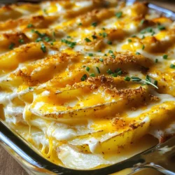 - 4 large russet potatoes, peeled and thinly sliced - 2 cups shredded sharp cheddar cheese - 1 cup sour cream - 1 cup heavy cream - 1 medium onion, finely chopped - 3 cloves garlic, minced - 1 teaspoon dried thyme - 1 teaspoon paprika - Salt and pepper to taste - 1 cup breadcrumbs - 2 tablespoons butter, melted - Fresh chives - Parsley You can swap cheddar cheese for other types, like mozzarella or gouda. If you want a lighter dish, use Greek yogurt instead of sour cream. For a lower fat option, consider half-and-half instead of heavy cream. These changes let you enjoy the dish while keeping it in line with your dietary needs. When you gather these ingredients, you set the stage for a creamy, cheesy delight. Each element plays a role in creating a dish that warms the heart. Use fresh potatoes for the best taste. The sharp cheddar adds a rich flavor that pairs perfectly with the cream. The onion and garlic give depth and aroma. Feel free to get creative! Add fresh herbs or spices to make it your own. Enjoy the process of making this cheesy potato casserole. It’s all about enjoying the flavors and sharing with loved ones. For the full recipe, check out Cheesy Potato Paradise 🥔. 1. Preheat the oven to 375°F (190°C). This step is key to cooking the potatoes well. 2. Grease a 9x13-inch baking dish with butter or cooking spray. This helps prevent sticking. 1. In a large mixing bowl, combine the sliced potatoes, chopped onion, minced garlic, thyme, paprika, salt, and pepper. Toss to coat the potatoes evenly. This mix adds great flavor. 2. In another bowl, mix together the sour cream and heavy cream until smooth. Stir half of the cheese into the cream mixture. This adds richness. 3. Layer half of the potato mixture into the prepared baking dish. Pour half of the cream and cheese mixture over the potatoes, spreading it evenly. This builds flavor. 4. Add the remaining potato mixture and top with the rest of the cream mixture. Finally, sprinkle the remaining cheese on top. This creates a cheesy crust. 1. Cover the baking dish with aluminum foil and place it in the preheated oven. Bake for 45 minutes. This keeps the moisture in. 2. After 45 minutes, remove the foil and bake for an additional 15-20 minutes or until the top is golden and crispy. The potatoes should be tender when pierced with a fork. This step makes the casserole perfect. 3. Remove from the oven and let it sit for about 10 minutes before serving. This allows the casserole to set. For the full recipe, check the details above. To ensure even cooking, slice the potatoes evenly. Thin slices cook better and faster. Always layer your ingredients carefully, spreading them out. This helps heat reach all parts of the dish. For a crispy top, remove the foil during the last 15 to 20 minutes. This allows the breadcrumbs to brown nicely. Pair your Cheesy Potato Casserole with simple side dishes. A fresh green salad or steamed veggies work well. Serve the casserole warm for the best taste. It holds its flavor and texture better when hot. One common mistake is overcooking or undercooking the potatoes. Always test them with a fork to ensure they’re tender. Another mistake is skipping the rest period after baking. Letting it sit for about ten minutes helps it set. This makes serving easier and keeps it from falling apart. {{image_2}} You can make Cheesy Potato Casserole even better by adding veggies. Broccoli or spinach works great. Just chop them small and mix them in with the potatoes. This adds color and nutrients. You can also add protein. Cooked bacon or diced ham will bring extra flavor. Just sprinkle it on between the layers for a tasty twist. Want to spice things up? Try adding a pinch of cayenne for heat. Onion powder also boosts the taste. Mixing in different cheeses can change the game. Mozzarella brings a nice stretch, while gouda adds a smoky flavor. Just swap some of the cheddar for these cheeses to create a new favorite. If you need gluten-free options, you can use gluten-free breadcrumbs. They work just as well for that crispy topping. For a vegan version, swap out the dairy. Use plant-based cream and cheese. You can even use cashew cream for a rich texture. These easy swaps let everyone enjoy this dish. To store your cheesy potato casserole, let it cool first. Then, place it in an airtight container. You can keep it in the fridge for up to 3 days. If you want to keep it longer, freezing is a great option. Wrap it tightly in plastic wrap, then in aluminum foil. This way, it can last for up to 2 months in the freezer. When you are ready to enjoy leftovers, there are a few ways to reheat them. The best method is in the oven. Preheat your oven to 350°F (175°C). Place the casserole in a baking dish, cover it with foil, and heat for about 20-25 minutes. This helps keep the texture nice and creamy. You can also reheat in the microwave. Heat in short bursts, stirring in between, until warm. In the fridge, your cheesy potato casserole will last about 3 days. If you see any mold or off smells, it’s best to throw it out. When it comes to freezing, it can last up to 2 months. Always check for freezer burn or changes in texture before eating. You can make this casserole ahead of time. Just prepare it as usual, but stop before baking. Cover the dish tightly with plastic wrap or foil. You can store it in the fridge for up to two days. When you're ready to bake, just remove the wrap and follow the baking instructions. Yes, you can use other types of potatoes. Yukon Golds or red potatoes work well. These potatoes have a creamy texture. They will add a nice flavor too. Just make sure to slice them thinly for even cooking. Cheesy Potato Casserole pairs well with many dishes. You can serve it with a fresh salad. Grilled chicken or roasted vegetables also make great sides. For a hearty meal, try serving it with meatloaf or pork chops. To lighten up the casserole, swap heavy cream for milk or a plant-based milk. You can also use low-fat sour cream. Reducing cheese can also help cut calories. Adding more vegetables, like spinach or kale, will boost nutrition without adding many calories. Yes, you can prepare it the night before. Just follow the recipe up to the baking step. Cover it well and refrigerate overnight. When you're ready to bake, let it sit at room temperature for about 30 minutes before putting it in the oven. Enjoy your Cheesy Potato Paradise! For the full recipe, check out the recipe section above. This recipe for Cheesy Potato Casserole covers all the important details. You learn about the fresh ingredients and how to prepare them. The step-by-step instructions keep cooking simple and fun. Tips and variations offer room for creativity. As you try this dish, remember: Enjoy the process and make it your own. Whether you serve it for dinner or a special occasion, it’s sure to impress. Happy cooking!