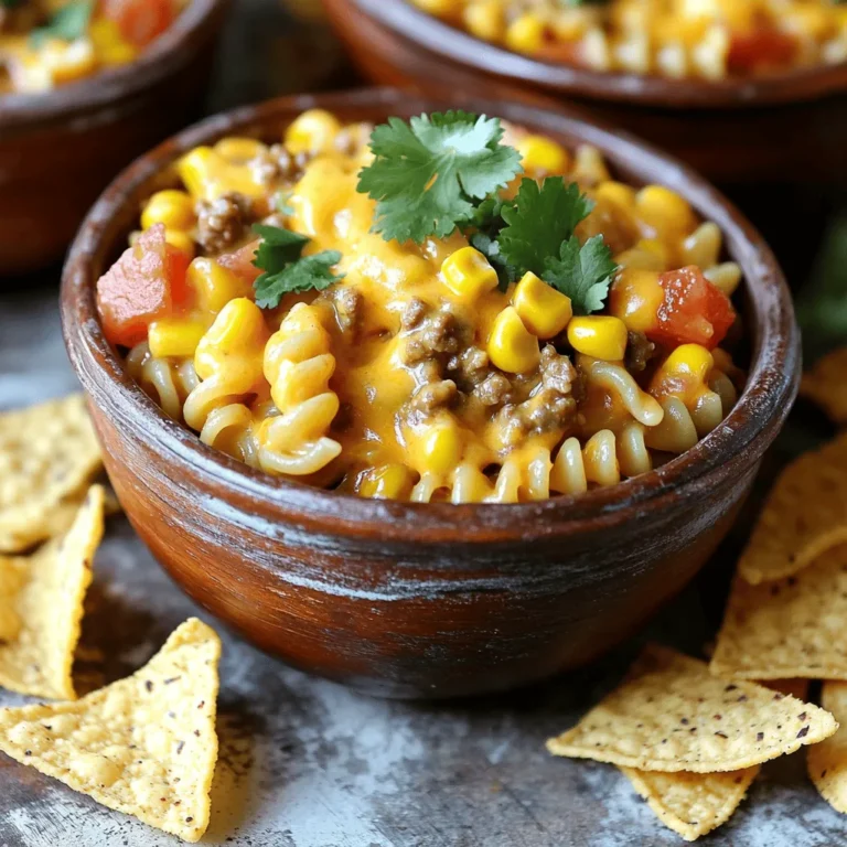 - 1 lb (450 g) ground beef or turkey - 1 tablespoon olive oil - 1 onion, diced - 2 cloves garlic, minced - 1 packet taco seasoning - 2 cups (480 ml) chicken or vegetable broth - 1 can (14.5 oz) diced tomatoes, with juices - 2 cups (200 g) uncooked pasta (penne or macaroni) - 1 cup (150 g) black beans, drained and rinsed - 1 cup (100 g) corn (fresh or frozen) - 1 cup (240 ml) heavy cream - 1 cup (120 g) shredded cheddar cheese - Salt and pepper to taste - Fresh cilantro or parsley, for garnish The main ingredients create a rich and tasty dish. I love using ground beef or turkey for protein. Taco seasoning adds that classic flavor. Pasta like penne or macaroni soaks up the sauce perfectly. - Fresh cilantro or parsley - Additional toppings like sour cream or avocado Fresh herbs add color and taste. You can also top your dish with sour cream or avocado for creaminess. These extras make it even better! - Large pot or deep skillet - Cooking spoon - Measuring cups and spoons You need a large pot or deep skillet to cook everything together. A cooking spoon helps mix the ingredients well. Don’t forget measuring cups and spoons for accuracy. For the full recipe, check out the details above. 1. First, heat 1 tablespoon of olive oil in a large pot over medium heat. 2. Add 1 diced onion and sauté for about 5 minutes until it turns soft. 3. Next, stir in 2 minced garlic cloves and cook for another minute. 4. Now, add 1 pound of ground beef or turkey. Break it up with a spoon. 5. Cook the meat for about 6-7 minutes until it is brown. Drain any fat if needed. 1. Sprinkle the taco seasoning over the browned meat and mix it well. 2. Pour in 2 cups of chicken or vegetable broth. Add 1 can of diced tomatoes, with juices. 3. Stir everything to combine. 4. Add 2 cups of uncooked pasta, 1 cup of black beans, and 1 cup of corn. 5. Bring this mix to a boil. Then, reduce the heat and cover the pot. 6. Let it simmer for 10-12 minutes. Stir often to prevent sticking. 1. Once the pasta is cooked, lower the heat. 2. Stir in 1 cup of heavy cream and 1 cup of shredded cheddar cheese. 3. Mix until the cheese melts and the dish is creamy. 4. Season with salt and pepper to taste. Adjust if needed. 5. Let it sit for a minute to thicken. Serve hot! For the full recipe, click here. To ensure your pasta cooks evenly, use enough liquid. The broth should cover the pasta. Stir the pot often to prevent any sticking. If you notice pasta sticking, add a splash of broth or water. This keeps everything moving and creamy. For more flavor, think about adding spices. A pinch of cayenne or smoked paprika can add a kick. Fresh herbs like cilantro or parsley can brighten the dish. You can vary the cheese too. Try pepper jack for heat or a mix of cheeses for depth. Pair your One Pot Taco Pasta with simple sides. A fresh salad or tortilla chips works well. For presentation, use colorful bowls. Garnish with extra cheese and herbs. This adds a nice touch and makes the meal feel special. {{image_2}} You can use different proteins for this dish. Ground chicken is a great option. It has a lighter taste. You can also try plant-based proteins. Crumbled tofu or tempeh works well. These choices keep the meal hearty and satisfying. To make a meatless One Pot Taco Pasta, skip the meat. Add more beans for protein. Black beans or pinto beans are perfect. You can also add lentils for extra flavor and texture. The heavy cream and cheese still add richness to the dish. You can play with the flavors in your taco pasta. Add vegetables like bell peppers, zucchini, or spinach. These will make the dish colorful and healthy. You can also try different sauces. A splash of salsa or hot sauce can add a kick. Sprinkle in extra spices like cumin or paprika for depth. Each variation can make your meal unique and fun. To keep your One Pot Taco Pasta fresh, store leftovers in an airtight container. Let the pasta cool before sealing it. Place it in the fridge within two hours of cooking. Use it within three to four days for the best taste. You can freeze One Pot Taco Pasta for later. Cool the dish completely first. Then, portion it into freezer-safe containers. This way, you can easily grab a serving when you need it. It should last about three months in the freezer. For reheating frozen servings, let the pasta thaw overnight in the fridge. You can heat it on the stove or in the microwave. Add a splash of water or broth to keep it moist. Stir well to combine all the flavors again. One Pot Taco Pasta lasts about three to four days in the fridge. If frozen, it can stay fresh for up to three months. Always check for signs of spoilage, like off smells or unusual textures, before eating. Yes, you can use other pasta shapes. I recommend using rotini, fusilli, or shells. These shapes hold the sauce well and add fun texture. Just make sure to adjust the cooking time based on the pasta you choose. To make this recipe gluten-free, use gluten-free pasta. Many brands offer great options. You can also check the taco seasoning for gluten. Some brands have gluten-free mixes, which work well. To add heat, try these tips: - Use spicy taco seasoning instead of mild. - Add diced jalapeños or serrano peppers while cooking. - Stir in some hot sauce before serving. - Top with spicy salsa for extra kick. These changes will give your dish a nice zing! This blog post covered the main ingredients and steps for making One Pot Taco Pasta. You learned about key ingredients like ground beef or turkey, taco seasoning, and pasta types. I shared tips for enhancing flavor and how to create variations like vegetarian options. In conclusion, this recipe is simple yet tasty. It allows for creativity in flavor and presentation. You can enjoy it fresh or saved for later. Have fun cooking and make it your own!