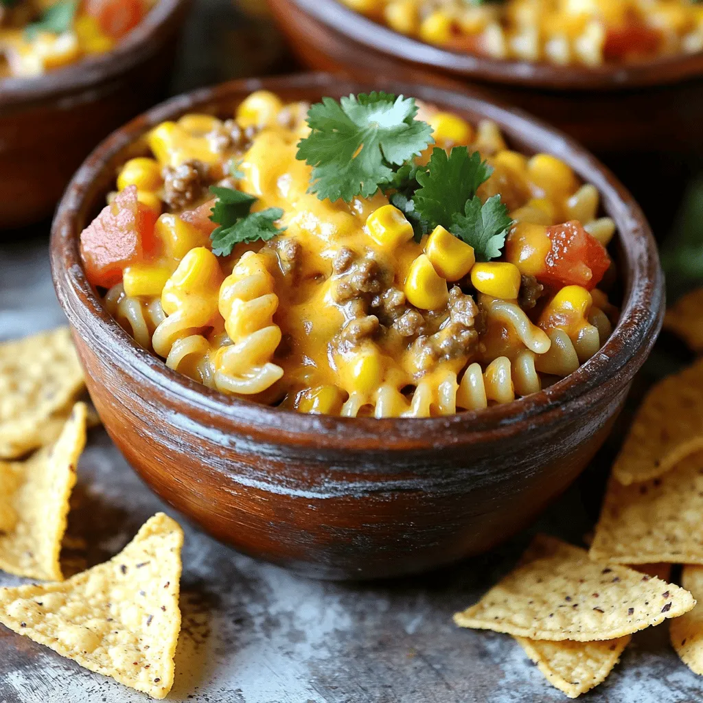 - 1 lb (450 g) ground beef or turkey - 1 tablespoon olive oil - 1 onion, diced - 2 cloves garlic, minced - 1 packet taco seasoning - 2 cups (480 ml) chicken or vegetable broth - 1 can (14.5 oz) diced tomatoes, with juices - 2 cups (200 g) uncooked pasta (penne or macaroni) - 1 cup (150 g) black beans, drained and rinsed - 1 cup (100 g) corn (fresh or frozen) - 1 cup (240 ml) heavy cream - 1 cup (120 g) shredded cheddar cheese - Salt and pepper to taste - Fresh cilantro or parsley, for garnish The main ingredients create a rich and tasty dish. I love using ground beef or turkey for protein. Taco seasoning adds that classic flavor. Pasta like penne or macaroni soaks up the sauce perfectly. - Fresh cilantro or parsley - Additional toppings like sour cream or avocado Fresh herbs add color and taste. You can also top your dish with sour cream or avocado for creaminess. These extras make it even better! - Large pot or deep skillet - Cooking spoon - Measuring cups and spoons You need a large pot or deep skillet to cook everything together. A cooking spoon helps mix the ingredients well. Don’t forget measuring cups and spoons for accuracy. For the full recipe, check out the details above. 1. First, heat 1 tablespoon of olive oil in a large pot over medium heat. 2. Add 1 diced onion and sauté for about 5 minutes until it turns soft. 3. Next, stir in 2 minced garlic cloves and cook for another minute. 4. Now, add 1 pound of ground beef or turkey. Break it up with a spoon. 5. Cook the meat for about 6-7 minutes until it is brown. Drain any fat if needed. 1. Sprinkle the taco seasoning over the browned meat and mix it well. 2. Pour in 2 cups of chicken or vegetable broth. Add 1 can of diced tomatoes, with juices. 3. Stir everything to combine. 4. Add 2 cups of uncooked pasta, 1 cup of black beans, and 1 cup of corn. 5. Bring this mix to a boil. Then, reduce the heat and cover the pot. 6. Let it simmer for 10-12 minutes. Stir often to prevent sticking. 1. Once the pasta is cooked, lower the heat. 2. Stir in 1 cup of heavy cream and 1 cup of shredded cheddar cheese. 3. Mix until the cheese melts and the dish is creamy. 4. Season with salt and pepper to taste. Adjust if needed. 5. Let it sit for a minute to thicken. Serve hot! For the full recipe, click here. To ensure your pasta cooks evenly, use enough liquid. The broth should cover the pasta. Stir the pot often to prevent any sticking. If you notice pasta sticking, add a splash of broth or water. This keeps everything moving and creamy. For more flavor, think about adding spices. A pinch of cayenne or smoked paprika can add a kick. Fresh herbs like cilantro or parsley can brighten the dish. You can vary the cheese too. Try pepper jack for heat or a mix of cheeses for depth. Pair your One Pot Taco Pasta with simple sides. A fresh salad or tortilla chips works well. For presentation, use colorful bowls. Garnish with extra cheese and herbs. This adds a nice touch and makes the meal feel special. {{image_2}} You can use different proteins for this dish. Ground chicken is a great option. It has a lighter taste. You can also try plant-based proteins. Crumbled tofu or tempeh works well. These choices keep the meal hearty and satisfying. To make a meatless One Pot Taco Pasta, skip the meat. Add more beans for protein. Black beans or pinto beans are perfect. You can also add lentils for extra flavor and texture. The heavy cream and cheese still add richness to the dish. You can play with the flavors in your taco pasta. Add vegetables like bell peppers, zucchini, or spinach. These will make the dish colorful and healthy. You can also try different sauces. A splash of salsa or hot sauce can add a kick. Sprinkle in extra spices like cumin or paprika for depth. Each variation can make your meal unique and fun. To keep your One Pot Taco Pasta fresh, store leftovers in an airtight container. Let the pasta cool before sealing it. Place it in the fridge within two hours of cooking. Use it within three to four days for the best taste. You can freeze One Pot Taco Pasta for later. Cool the dish completely first. Then, portion it into freezer-safe containers. This way, you can easily grab a serving when you need it. It should last about three months in the freezer. For reheating frozen servings, let the pasta thaw overnight in the fridge. You can heat it on the stove or in the microwave. Add a splash of water or broth to keep it moist. Stir well to combine all the flavors again. One Pot Taco Pasta lasts about three to four days in the fridge. If frozen, it can stay fresh for up to three months. Always check for signs of spoilage, like off smells or unusual textures, before eating. Yes, you can use other pasta shapes. I recommend using rotini, fusilli, or shells. These shapes hold the sauce well and add fun texture. Just make sure to adjust the cooking time based on the pasta you choose. To make this recipe gluten-free, use gluten-free pasta. Many brands offer great options. You can also check the taco seasoning for gluten. Some brands have gluten-free mixes, which work well. To add heat, try these tips: - Use spicy taco seasoning instead of mild. - Add diced jalapeños or serrano peppers while cooking. - Stir in some hot sauce before serving. - Top with spicy salsa for extra kick. These changes will give your dish a nice zing! This blog post covered the main ingredients and steps for making One Pot Taco Pasta. You learned about key ingredients like ground beef or turkey, taco seasoning, and pasta types. I shared tips for enhancing flavor and how to create variations like vegetarian options. In conclusion, this recipe is simple yet tasty. It allows for creativity in flavor and presentation. You can enjoy it fresh or saved for later. Have fun cooking and make it your own!