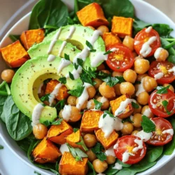 - 1 large sweet potato, peeled and diced - 1 can (15 oz) chickpeas, rinsed and drained - 2 tablespoons olive oil The star of this dish is the sweet potato. It brings a natural sweetness and a creamy texture when cooked. Chickpeas add protein and fiber, making the bowl filling. Olive oil helps in roasting and adds healthy fats. - 1 teaspoon smoked paprika - 1 teaspoon cumin - 1 teaspoon garlic powder - Salt and pepper to taste Seasonings elevate the flavors. Smoked paprika gives a nice smoky taste. Cumin adds warmth, while garlic powder enhances the overall flavor. Salt and pepper balance all the tastes. - 2 cups fresh spinach - 1 avocado, sliced - 1/2 cup cherry tomatoes, halved - 1/4 cup tahini - 2 tablespoons lemon juice - 1 tablespoon maple syrup - 1 tablespoon water (to thin out the tahini dressing) Toppings make the bowl vibrant and fresh. Spinach adds crunch and nutrients. Avocado brings creaminess, while cherry tomatoes add a burst of flavor. The tahini dressing, mixed with lemon juice and maple syrup, ties everything together. For the full recipe, check out the details above. First, preheat your oven to 425°F (220°C). This helps the sweet potatoes roast perfectly. Next, prepare your sweet potato and chickpeas. Peel and dice one large sweet potato into bite-sized pieces. Open a can of chickpeas, rinse, and drain them well. This step is key to avoid excess salt and improve flavor. In a large bowl, toss the diced sweet potato and chickpeas together with olive oil, smoked paprika, cumin, garlic powder, salt, and pepper. Make sure everything is coated evenly. Spread this mixture on a baking sheet in a single layer. Roasting allows the sweet potatoes to get tender and the chickpeas to become crispy. Roast everything in the oven for 25-30 minutes. Stir the mix halfway through for even cooking. While the sweet potatoes and chickpeas roast, you can make the tahini dressing. In a small bowl, combine tahini, lemon juice, maple syrup, and water. Whisk until smooth. If the dressing is too thick, add more water until you reach your desired consistency. This dressing adds a creamy touch to the bowl. Now it's time to assemble your Buddha bowl. Start by layering fresh spinach at the bottom of your serving bowls. This adds a nice crunch and freshness. Next, add the roasted sweet potato and chickpea mixture on top. Then, slice an avocado and add it next, followed by halved cherry tomatoes. Finally, drizzle the tahini dressing generously over the entire bowl. Garnish with fresh herbs like parsley or cilantro for a vibrant finish. For the full recipe, check out the detailed instructions above. Enjoy your colorful Sweet Potato Chickpea Buddha Bowl! How to choose spices To make your Sweet Potato Chickpea Buddha Bowl pop, pick fresh spices. Use smoked paprika for warmth and cumin for earthiness. Garlic powder adds depth. Always taste as you go. This way, you can adjust the flavors to your liking. Best cooking methods Roasting gives the sweet potatoes and chickpeas a nice caramelized flavor. You can also sauté them for a quicker option. Just make sure to get a good sear for that rich taste. Tips for roasting When roasting, spread your sweet potatoes and chickpeas in a single layer. This helps them cook evenly. Stir them halfway through cooking to avoid burning and ensure a nice, crispy texture. Avoiding mushy ingredients To keep your sweet potatoes firm, do not overcook them. Check for tenderness with a fork, but don’t let them fall apart. If they are too soft, adjust your cooking time next time. Best side dishes Pair your Buddha bowl with a light salad or quinoa. These sides add extra nutrients and balance the meal. A fresh cucumber salad works wonders too. Complementary drinks For drinks, try herbal tea or sparkling water with lemon. Both options cleanse the palate and enhance the meal. A light white wine could also complement the flavors well. {{image_2}} You can easily swap out the chickpeas for other legumes. Black beans or lentils work well. They add a different taste and texture. You can also try seasonal veggies. In winter, use Brussels sprouts or carrots. In summer, zucchini or bell peppers shine. Each swap brings fresh flavors. Switching up the dressing can transform this bowl. Try a spicy sriracha sauce for heat. A creamy yogurt dressing adds a cool touch. You can also add toppings like nuts or seeds. Toasted pumpkin seeds give a nice crunch. Fresh herbs like basil or mint can brighten the dish too. This recipe is already vegan, but you can adjust it for other diets. Use coconut yogurt for a creamy topping. To make it gluten-free, ensure your tahini is pure. You can also pair it with quinoa or rice for a heartier meal. These small changes help fit different needs. To store leftovers, place the Buddha bowl in an airtight container. This helps keep the ingredients fresh. You can store it in the fridge for up to three days. Before you eat, check for any signs of spoilage. For best taste, eat within two days. You can freeze the components of your bowl. First, allow the roasted sweet potatoes and chickpeas to cool. Then, place them in freezer-safe bags. Remember to squeeze out the air before sealing. The spinach and avocado do not freeze well. Use them fresh instead. For thawing, leave the bag in the fridge overnight. This keeps the texture nice. To reheat, use the oven or a microwave. If using the oven, preheat to 350°F (175°C). Place the bowl on a baking sheet for even heating. In the microwave, warm it in short bursts. This helps maintain the flavor and texture. If needed, add a splash of water to keep it moist. Enjoy warm for the best taste! Yes, you can make this recipe ahead of time. I recommend prepping the sweet potatoes and chickpeas. You can roast them and store them in the fridge for up to four days. This makes it easy to grab and assemble your bowl whenever you want a quick meal. If you don’t have tahini, you can use peanut butter or sunflower seed butter. Both give a nice creaminess. You might want to thin them with a little water or lemon juice. Other dressings that work well include yogurt-based dressings or a simple olive oil and vinegar mix. Absolutely! This bowl is great for vegetarians and vegans. You can easily adjust it to fit high-protein diets by adding ingredients like quinoa or tofu. Adding nuts or seeds also boosts the protein content while adding crunch. To make the bowl more filling, consider adding grains like quinoa or brown rice. You can also add extra protein sources such as grilled chicken or chickpeas. When portioning, make sure to balance the grains, veggies, and protein to keep it satisfying. This blog post helps you create a tasty Buddha bowl. We covered the key ingredients, how to prep, and the best tips for cooking. You can customize it with different flavors and toppings to fit your taste. Remember, storing leftovers properly keeps your meal fresh. With these easy steps and ideas, you can enjoy a yummy and healthy dish anytime. Now it's your turn to make it your own!