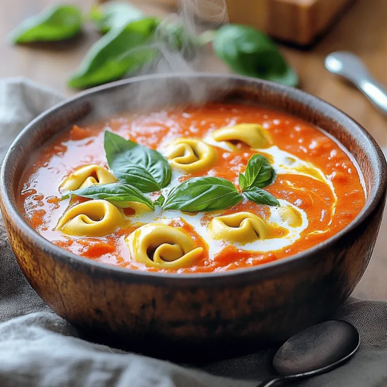 For a tasty creamy tomato tortellini soup, gather these simple ingredients: - 1 tablespoon olive oil - 1 medium onion, diced - 3 cloves garlic, minced - 1 carrot, diced - 1 rib celery, diced - 1 can (28 oz) crushed tomatoes - 4 cups vegetable broth - 1 teaspoon dried basil - 1 teaspoon dried oregano - ½ teaspoon red pepper flakes (optional) - 1 package (9 oz) refrigerated cheese tortellini - 1 cup heavy cream or coconut milk (for a dairy-free option) - Salt and pepper to taste - Fresh basil leaves for garnish You can swap ingredients based on what you have. If you lack olive oil, use any cooking oil. For the onion, shallots work well too. If you prefer a lighter flavor, replace heavy cream with milk or a plant-based cream. You can use fresh herbs instead of dried ones. Just double the amount for the best taste. If you want a spicy kick, try using jalapeños instead of red pepper flakes. Choose fresh vegetables for the best taste. Look for onions that feel firm and have a smooth skin. When picking garlic, choose heads that are tight and plump. For carrots and celery, select ones that are crisp and bright in color. Avoid any that show signs of wilting or soft spots. When it comes to tomatoes, check for ones that are ripe and free from blemishes. Fresh basil should smell sweet and look vibrant. These small details make a big difference in flavor. For the full recipe, check out the detailed instructions. Start by heating one tablespoon of olive oil in a large pot over medium heat. Add one medium diced onion and sauté it for about 3-4 minutes. The onion should look clear but not brown. Next, toss in three minced garlic cloves, one diced carrot, and one diced rib of celery. Cook these veggies for an extra 5 minutes. They should soften nicely. Now, pour in one can of crushed tomatoes and four cups of vegetable broth. Stir in one teaspoon each of dried basil and dried oregano. If you like a bit of heat, add ½ teaspoon of red pepper flakes. Bring this mixture to a gentle simmer. Once it simmers, add one package of refrigerated cheese tortellini. Cook it according to the package instructions, usually around 3-5 minutes. Check that the tortellini is tender before moving on. After cooking the tortellini, reduce the heat. Stir in one cup of heavy cream or coconut milk for a dairy-free option. Heat it through but do not let it boil. Finally, season your soup with salt and pepper to taste. Serve it hot and garnish with fresh basil leaves for a nice touch. - Prep Time: 10 minutes - Cooking Time: 20 minutes - Total Time: 30 minutes This entire process is quick and easy, making it perfect for a cozy weeknight meal. This recipe yields about 4-6 servings. It’s a great dish to share or to enjoy over a few days. You can easily adjust the recipe for more or fewer servings, depending on your needs. For the full recipe, check out the complete details above. To make your creamy tomato tortellini soup pop, try these tips: - Fresh herbs: Use fresh basil instead of dried for a bright taste. - Umami boost: Add a splash of balsamic vinegar or soy sauce for depth. - Savory finish: Top each bowl with grated Parmesan cheese for extra flavor. These small changes can transform an already great soup into a dish you crave. When making this soup, keep these mistakes in mind: - Overcooking the tortellini: Follow the package time closely. Overcooked pasta becomes mushy. - Skipping seasoning: Don’t forget salt and pepper. They balance the soup's flavor. - Boiling after adding cream: Heat gently to avoid curdling the cream. Avoiding these errors helps you achieve a perfect soup every time. For a well-rounded meal, consider these pairs: - Crusty bread: A good sourdough or baguette is perfect for dipping. - Salad: A simple green salad with vinaigrette adds freshness. - Wine: A light red wine, like Pinot Noir, complements the flavors well. These pairings elevate your meal and make it more enjoyable. For the full recipe of creamy tomato tortellini soup, check the earlier section. {{image_2}} You can easily make this soup dairy-free. Simply replace the heavy cream with coconut milk. This swap keeps the soup creamy and rich without dairy. You can also use a vegan tortellini. Look for brands that offer plant-based fillings. With these changes, you still enjoy the same great flavor. If you want to boost nutrition, add more veggies. Spinach, kale, or zucchini work well. Chop them into small pieces and toss them in during the last few minutes of cooking. This way, they stay bright and tender. For extra protein, try adding cooked chicken, sausage, or beans. These options will make your soup heartier and more filling. Feel free to play with the spices. If you like heat, add more red pepper flakes. You can also try smoked paprika for a hint of smokiness. Fresh herbs like thyme or rosemary can add depth too. Experimenting with different seasonings will create a unique flavor each time. Check out the Full Recipe for the classic version, then get creative! After enjoying your creamy tomato tortellini soup, let it cool to room temperature. Use an airtight container to store the leftovers. This keeps the soup fresh and tasty. You can keep it in the fridge for up to three days. If you want to enjoy it later, you might want to freeze it. To reheat, pour the soup into a pot. Heat it on medium-low. Stir it often to prevent it from sticking. This helps the flavors come back to life. You can also microwave it. Just use a microwave-safe bowl and cover it with a lid. Heat in short bursts, stirring in between, until hot. For long-term storage, freeze the soup. Use freezer-safe containers or bags. Leave some space for expansion. This soup can last up to three months in the freezer. When you're ready to eat, thaw it overnight in the fridge. Then, reheat it as mentioned above. This way, you’ll have a warm, comforting meal ready anytime. For the full recipe, check out the complete guide. Yes, you can use frozen tortellini in this soup. Just add the frozen tortellini directly to the pot during cooking. They will take a bit longer to cook, usually about 5-7 minutes. This makes it easy to enjoy a warm meal without extra prep. To make this soup ahead, follow all steps except for adding the cream. Cook the soup and let it cool. Store it in a sealed container in the fridge for up to three days. When ready to serve, reheat the soup and stir in the cream. This keeps the soup creamy and fresh. If you want more heat, add more red pepper flakes to the pot. You can also mix in some hot sauce or diced jalapeños. Both options will give the soup a nice kick. Adjust the spice level to your liking for a comforting yet bold flavor. For the full recipe, check out the complete list of steps and ingredients. This blog post covered key ingredients for a great dish. It shared tips to choose fresh produce and offered helpful substitutes. I provided step-by-step cooking instructions and tips to avoid common mistakes. We explored variations for different diets and discussed how to store leftovers. In my final thoughts, remember that cooking is fun. Try new flavors and enjoy the process. Your meals can be both tasty and healthy with the right ingredients and methods. Happy cooking!