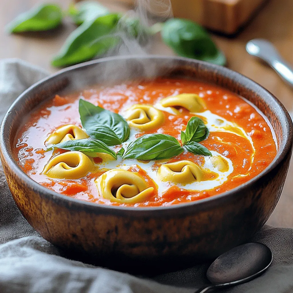 For a tasty creamy tomato tortellini soup, gather these simple ingredients: - 1 tablespoon olive oil - 1 medium onion, diced - 3 cloves garlic, minced - 1 carrot, diced - 1 rib celery, diced - 1 can (28 oz) crushed tomatoes - 4 cups vegetable broth - 1 teaspoon dried basil - 1 teaspoon dried oregano - ½ teaspoon red pepper flakes (optional) - 1 package (9 oz) refrigerated cheese tortellini - 1 cup heavy cream or coconut milk (for a dairy-free option) - Salt and pepper to taste - Fresh basil leaves for garnish You can swap ingredients based on what you have. If you lack olive oil, use any cooking oil. For the onion, shallots work well too. If you prefer a lighter flavor, replace heavy cream with milk or a plant-based cream. You can use fresh herbs instead of dried ones. Just double the amount for the best taste. If you want a spicy kick, try using jalapeños instead of red pepper flakes. Choose fresh vegetables for the best taste. Look for onions that feel firm and have a smooth skin. When picking garlic, choose heads that are tight and plump. For carrots and celery, select ones that are crisp and bright in color. Avoid any that show signs of wilting or soft spots. When it comes to tomatoes, check for ones that are ripe and free from blemishes. Fresh basil should smell sweet and look vibrant. These small details make a big difference in flavor. For the full recipe, check out the detailed instructions. Start by heating one tablespoon of olive oil in a large pot over medium heat. Add one medium diced onion and sauté it for about 3-4 minutes. The onion should look clear but not brown. Next, toss in three minced garlic cloves, one diced carrot, and one diced rib of celery. Cook these veggies for an extra 5 minutes. They should soften nicely. Now, pour in one can of crushed tomatoes and four cups of vegetable broth. Stir in one teaspoon each of dried basil and dried oregano. If you like a bit of heat, add ½ teaspoon of red pepper flakes. Bring this mixture to a gentle simmer. Once it simmers, add one package of refrigerated cheese tortellini. Cook it according to the package instructions, usually around 3-5 minutes. Check that the tortellini is tender before moving on. After cooking the tortellini, reduce the heat. Stir in one cup of heavy cream or coconut milk for a dairy-free option. Heat it through but do not let it boil. Finally, season your soup with salt and pepper to taste. Serve it hot and garnish with fresh basil leaves for a nice touch. - Prep Time: 10 minutes - Cooking Time: 20 minutes - Total Time: 30 minutes This entire process is quick and easy, making it perfect for a cozy weeknight meal. This recipe yields about 4-6 servings. It’s a great dish to share or to enjoy over a few days. You can easily adjust the recipe for more or fewer servings, depending on your needs. For the full recipe, check out the complete details above. To make your creamy tomato tortellini soup pop, try these tips: - Fresh herbs: Use fresh basil instead of dried for a bright taste. - Umami boost: Add a splash of balsamic vinegar or soy sauce for depth. - Savory finish: Top each bowl with grated Parmesan cheese for extra flavor. These small changes can transform an already great soup into a dish you crave. When making this soup, keep these mistakes in mind: - Overcooking the tortellini: Follow the package time closely. Overcooked pasta becomes mushy. - Skipping seasoning: Don’t forget salt and pepper. They balance the soup's flavor. - Boiling after adding cream: Heat gently to avoid curdling the cream. Avoiding these errors helps you achieve a perfect soup every time. For a well-rounded meal, consider these pairs: - Crusty bread: A good sourdough or baguette is perfect for dipping. - Salad: A simple green salad with vinaigrette adds freshness. - Wine: A light red wine, like Pinot Noir, complements the flavors well. These pairings elevate your meal and make it more enjoyable. For the full recipe of creamy tomato tortellini soup, check the earlier section. {{image_2}} You can easily make this soup dairy-free. Simply replace the heavy cream with coconut milk. This swap keeps the soup creamy and rich without dairy. You can also use a vegan tortellini. Look for brands that offer plant-based fillings. With these changes, you still enjoy the same great flavor. If you want to boost nutrition, add more veggies. Spinach, kale, or zucchini work well. Chop them into small pieces and toss them in during the last few minutes of cooking. This way, they stay bright and tender. For extra protein, try adding cooked chicken, sausage, or beans. These options will make your soup heartier and more filling. Feel free to play with the spices. If you like heat, add more red pepper flakes. You can also try smoked paprika for a hint of smokiness. Fresh herbs like thyme or rosemary can add depth too. Experimenting with different seasonings will create a unique flavor each time. Check out the Full Recipe for the classic version, then get creative! After enjoying your creamy tomato tortellini soup, let it cool to room temperature. Use an airtight container to store the leftovers. This keeps the soup fresh and tasty. You can keep it in the fridge for up to three days. If you want to enjoy it later, you might want to freeze it. To reheat, pour the soup into a pot. Heat it on medium-low. Stir it often to prevent it from sticking. This helps the flavors come back to life. You can also microwave it. Just use a microwave-safe bowl and cover it with a lid. Heat in short bursts, stirring in between, until hot. For long-term storage, freeze the soup. Use freezer-safe containers or bags. Leave some space for expansion. This soup can last up to three months in the freezer. When you're ready to eat, thaw it overnight in the fridge. Then, reheat it as mentioned above. This way, you’ll have a warm, comforting meal ready anytime. For the full recipe, check out the complete guide. Yes, you can use frozen tortellini in this soup. Just add the frozen tortellini directly to the pot during cooking. They will take a bit longer to cook, usually about 5-7 minutes. This makes it easy to enjoy a warm meal without extra prep. To make this soup ahead, follow all steps except for adding the cream. Cook the soup and let it cool. Store it in a sealed container in the fridge for up to three days. When ready to serve, reheat the soup and stir in the cream. This keeps the soup creamy and fresh. If you want more heat, add more red pepper flakes to the pot. You can also mix in some hot sauce or diced jalapeños. Both options will give the soup a nice kick. Adjust the spice level to your liking for a comforting yet bold flavor. For the full recipe, check out the complete list of steps and ingredients. This blog post covered key ingredients for a great dish. It shared tips to choose fresh produce and offered helpful substitutes. I provided step-by-step cooking instructions and tips to avoid common mistakes. We explored variations for different diets and discussed how to store leftovers. In my final thoughts, remember that cooking is fun. Try new flavors and enjoy the process. Your meals can be both tasty and healthy with the right ingredients and methods. Happy cooking!