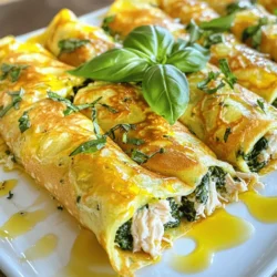 To make Chicken and Spinach Stuffed Crepes, gather these key ingredients: - 1 cup all-purpose flour - 2 large eggs - 1 1/2 cups milk - 1/4 cup butter, melted - 1/4 teaspoon salt - 1 cup cooked chicken, shredded - 1 cup fresh spinach, chopped - 1/2 cup ricotta cheese - 1/2 cup shredded mozzarella cheese - 1/4 cup grated Parmesan cheese - 1 teaspoon garlic powder - 1/2 teaspoon black pepper - Olive oil for greasing These ingredients blend nicely to create a dish that's both tasty and filling. You can tweak the recipe to suit your taste. Here are some ideas: - Add herbs like dried oregano or thyme for extra flavor. - Use cooked turkey instead of chicken for variety. - Swap out ricotta for cottage cheese if you prefer. - Try spinach with other greens, like kale or Swiss chard. These changes can give your crepes a personal touch. To make this meal even better, consider serving with: - A simple green salad with a lemon vinaigrette. - Garlic bread or crusty baguette for a hearty side. - Roasted vegetables for a colorful plate. These sides complement the crepes well and add balance to your meal. For full details, check out the Full Recipe. Start by gathering your ingredients. You need flour, eggs, milk, melted butter, and salt. In a mixing bowl, whisk them together until smooth. This step is important for good texture. Let the batter rest for 30 minutes. This lets the flour hydrate and makes better crepes. Heat a non-stick skillet over medium heat. Add a little olive oil to grease the pan. Pour 1/4 cup of the batter into the skillet. Swirl the pan to spread the batter into a thin layer. Cook for about 2 minutes. Watch for the edges to lift. Then flip the crepe and cook for another minute. Repeat until you have 8-10 crepes. Set them aside on a plate. In a large bowl, mix the shredded chicken and chopped spinach. Add ricotta cheese, mozzarella cheese, Parmesan cheese, garlic powder, and black pepper. Stir until everything is well combined. This filling is creamy and packed with flavor. Taste your filling. If you want more flavor, add extra garlic powder or some salt. You can also add a squeeze of lemon juice for brightness. Make it how you like it! Take a cooked crepe and place it on a flat surface. Spoon about 2 tablespoons of the filling into the center. Fold the sides over the filling, then roll it up tightly. Make sure the filling stays inside. This will help keep the crepe from leaking. To get a crispy outside, add more olive oil to the skillet. Place the stuffed crepes seam-side down. Cook for 3-4 minutes until golden brown. Carefully flip and cook for another 3-4 minutes. This makes the outside crispy and delicious. Enjoy your Chicken and Spinach Stuffed Crepes! For the full recipe, check above. To make great crepes, texture is key. Start by letting the batter rest for at least 30 minutes. This helps the flour absorb the liquid. When cooking, keep the heat at medium. If it's too hot, the crepes will burn. A non-stick skillet works best. Lightly grease it with olive oil before pouring in the batter. Pour about 1/4 cup of batter and swirl to cover the base. Cook until the edges lift, then flip. The goal is a golden color, not brown. One common mistake is not resting the batter. Skipping this step leads to tough crepes. Another error is adding too much batter. Thin crepes cook evenly and roll better. Avoid overcooking the crepes; they should be soft, not crispy. Lastly, when stuffing, don't overload the crepes. Too much filling makes folding hard. Stick to about 2 tablespoons for easy wrapping. Serving is just as important as cooking. For a lovely look, arrange the crepes on a platter. Drizzle with olive oil and lemon vinaigrette for flavor and style. Fresh herbs like basil or parsley add color and taste. You can also sprinkle extra cheese on top, which melts beautifully. Remember, we eat with our eyes first, so make it appealing! For the full experience, check out the Full Recipe for more tips. {{image_2}} If you want a meatless dish, you can swap chicken for mushrooms or tofu. Use cooked mushrooms for a rich flavor. Tofu can be crumbled and mixed with spices for taste. Add extra spinach or kale for more greens. This way, you still get a filling meal without the meat. Feel free to get creative with your fillings! You can use cooked shrimp or crab for a seafood twist. A mix of roasted red peppers and feta cheese is also great. For a spicy kick, add jalapeños or diced green chilies. You can even stuff them with a blend of seasonal veggies and cheese for a fresh taste. You don’t have to pan-fry your crepes. You can bake them for a healthier option. Preheat your oven to 375°F (190°C). After stuffing the crepes, place them in a baking dish. Top with cheese and sauce, then bake until bubbly. You can also try using a waffle maker for a fun twist on texture! Store your leftover stuffed crepes in an airtight container. Place parchment paper between layers to avoid sticking. Keep them in the fridge for up to three days. Make sure they cool down before storing to keep them fresh. To reheat, use a non-stick skillet over medium heat. Place the crepes in the skillet for about 3-4 minutes on each side. This keeps them crispy. You can also use a microwave; just heat them for 30-45 seconds. They will be softer but still tasty. To freeze stuffed crepes, place them in a single layer on a baking sheet. Freeze until solid, then transfer to a freezer-safe bag. They can last for up to three months in the freezer. When ready to eat, thaw overnight in the fridge. Reheat in a skillet for the best texture. These crepes make a quick and easy meal anytime! For the full recipe, check out the instructions above. Chicken and spinach stuffed crepes can last about 3 to 4 days in the fridge. Make sure to store them in an airtight container. This keeps them fresh and prevents them from drying out. When you want to enjoy them again, just reheat in the oven or skillet. Yes, you can make the crepes ahead of time. In fact, this can save you time on busy days. Once you cook the crepes, let them cool completely. Then, stack them with parchment paper between each crepe. Store them in the fridge for up to 2 days. When you’re ready, just fill and cook them as needed. If you need a substitute for ricotta cheese, you have a few options. Cottage cheese works well when blended until smooth. Cream cheese can also work, giving a rich taste. Greek yogurt is another choice, adding creaminess and protein. Each option brings its own flavor, so choose what you like best! In this blog post, we covered how to make chicken and spinach stuffed crepes. You learned about key ingredients, step-by-step preparation, and helpful tips. I shared variations and storage ideas to make meal prep easy. Cooking should be fun and tasty. Experiment with flavors and find your favorite twist. Enjoy your delicious crepes, and don’t forget to share with friends and family!