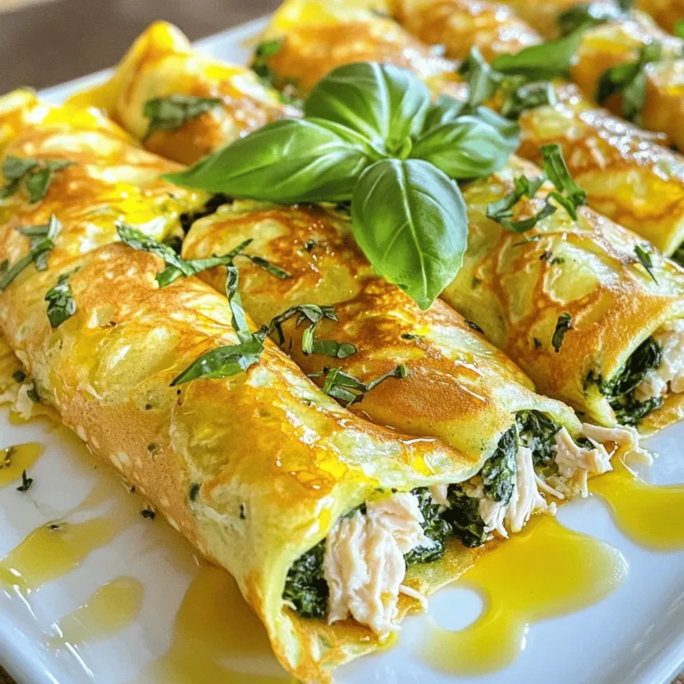 To make Chicken and Spinach Stuffed Crepes, gather these key ingredients: - 1 cup all-purpose flour - 2 large eggs - 1 1/2 cups milk - 1/4 cup butter, melted - 1/4 teaspoon salt - 1 cup cooked chicken, shredded - 1 cup fresh spinach, chopped - 1/2 cup ricotta cheese - 1/2 cup shredded mozzarella cheese - 1/4 cup grated Parmesan cheese - 1 teaspoon garlic powder - 1/2 teaspoon black pepper - Olive oil for greasing These ingredients blend nicely to create a dish that's both tasty and filling. You can tweak the recipe to suit your taste. Here are some ideas: - Add herbs like dried oregano or thyme for extra flavor. - Use cooked turkey instead of chicken for variety. - Swap out ricotta for cottage cheese if you prefer. - Try spinach with other greens, like kale or Swiss chard. These changes can give your crepes a personal touch. To make this meal even better, consider serving with: - A simple green salad with a lemon vinaigrette. - Garlic bread or crusty baguette for a hearty side. - Roasted vegetables for a colorful plate. These sides complement the crepes well and add balance to your meal. For full details, check out the Full Recipe. Start by gathering your ingredients. You need flour, eggs, milk, melted butter, and salt. In a mixing bowl, whisk them together until smooth. This step is important for good texture. Let the batter rest for 30 minutes. This lets the flour hydrate and makes better crepes. Heat a non-stick skillet over medium heat. Add a little olive oil to grease the pan. Pour 1/4 cup of the batter into the skillet. Swirl the pan to spread the batter into a thin layer. Cook for about 2 minutes. Watch for the edges to lift. Then flip the crepe and cook for another minute. Repeat until you have 8-10 crepes. Set them aside on a plate. In a large bowl, mix the shredded chicken and chopped spinach. Add ricotta cheese, mozzarella cheese, Parmesan cheese, garlic powder, and black pepper. Stir until everything is well combined. This filling is creamy and packed with flavor. Taste your filling. If you want more flavor, add extra garlic powder or some salt. You can also add a squeeze of lemon juice for brightness. Make it how you like it! Take a cooked crepe and place it on a flat surface. Spoon about 2 tablespoons of the filling into the center. Fold the sides over the filling, then roll it up tightly. Make sure the filling stays inside. This will help keep the crepe from leaking. To get a crispy outside, add more olive oil to the skillet. Place the stuffed crepes seam-side down. Cook for 3-4 minutes until golden brown. Carefully flip and cook for another 3-4 minutes. This makes the outside crispy and delicious. Enjoy your Chicken and Spinach Stuffed Crepes! For the full recipe, check above. To make great crepes, texture is key. Start by letting the batter rest for at least 30 minutes. This helps the flour absorb the liquid. When cooking, keep the heat at medium. If it's too hot, the crepes will burn. A non-stick skillet works best. Lightly grease it with olive oil before pouring in the batter. Pour about 1/4 cup of batter and swirl to cover the base. Cook until the edges lift, then flip. The goal is a golden color, not brown. One common mistake is not resting the batter. Skipping this step leads to tough crepes. Another error is adding too much batter. Thin crepes cook evenly and roll better. Avoid overcooking the crepes; they should be soft, not crispy. Lastly, when stuffing, don't overload the crepes. Too much filling makes folding hard. Stick to about 2 tablespoons for easy wrapping. Serving is just as important as cooking. For a lovely look, arrange the crepes on a platter. Drizzle with olive oil and lemon vinaigrette for flavor and style. Fresh herbs like basil or parsley add color and taste. You can also sprinkle extra cheese on top, which melts beautifully. Remember, we eat with our eyes first, so make it appealing! For the full experience, check out the Full Recipe for more tips. {{image_2}} If you want a meatless dish, you can swap chicken for mushrooms or tofu. Use cooked mushrooms for a rich flavor. Tofu can be crumbled and mixed with spices for taste. Add extra spinach or kale for more greens. This way, you still get a filling meal without the meat. Feel free to get creative with your fillings! You can use cooked shrimp or crab for a seafood twist. A mix of roasted red peppers and feta cheese is also great. For a spicy kick, add jalapeños or diced green chilies. You can even stuff them with a blend of seasonal veggies and cheese for a fresh taste. You don’t have to pan-fry your crepes. You can bake them for a healthier option. Preheat your oven to 375°F (190°C). After stuffing the crepes, place them in a baking dish. Top with cheese and sauce, then bake until bubbly. You can also try using a waffle maker for a fun twist on texture! Store your leftover stuffed crepes in an airtight container. Place parchment paper between layers to avoid sticking. Keep them in the fridge for up to three days. Make sure they cool down before storing to keep them fresh. To reheat, use a non-stick skillet over medium heat. Place the crepes in the skillet for about 3-4 minutes on each side. This keeps them crispy. You can also use a microwave; just heat them for 30-45 seconds. They will be softer but still tasty. To freeze stuffed crepes, place them in a single layer on a baking sheet. Freeze until solid, then transfer to a freezer-safe bag. They can last for up to three months in the freezer. When ready to eat, thaw overnight in the fridge. Reheat in a skillet for the best texture. These crepes make a quick and easy meal anytime! For the full recipe, check out the instructions above. Chicken and spinach stuffed crepes can last about 3 to 4 days in the fridge. Make sure to store them in an airtight container. This keeps them fresh and prevents them from drying out. When you want to enjoy them again, just reheat in the oven or skillet. Yes, you can make the crepes ahead of time. In fact, this can save you time on busy days. Once you cook the crepes, let them cool completely. Then, stack them with parchment paper between each crepe. Store them in the fridge for up to 2 days. When you’re ready, just fill and cook them as needed. If you need a substitute for ricotta cheese, you have a few options. Cottage cheese works well when blended until smooth. Cream cheese can also work, giving a rich taste. Greek yogurt is another choice, adding creaminess and protein. Each option brings its own flavor, so choose what you like best! In this blog post, we covered how to make chicken and spinach stuffed crepes. You learned about key ingredients, step-by-step preparation, and helpful tips. I shared variations and storage ideas to make meal prep easy. Cooking should be fun and tasty. Experiment with flavors and find your favorite twist. Enjoy your delicious crepes, and don’t forget to share with friends and family!