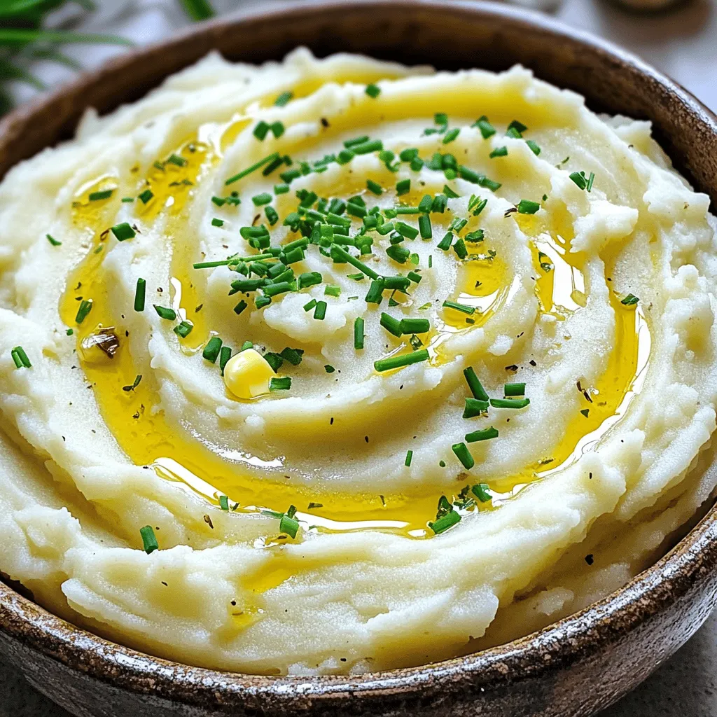 Here are the key ingredients for making roasted garlic mashed potatoes. Each one adds its own unique touch to this creamy comfort food. - 2 pounds Yukon Gold potatoes, peeled and quartered - 1 head of garlic - 4 tablespoons unsalted butter, softened - 1/2 cup whole milk or cream for richer taste - 1/4 cup sour cream - Salt and pepper to taste - Fresh chives or parsley for garnish These Yukon Gold potatoes are perfect because they are creamy and buttery. The roasted garlic adds a sweet and rich flavor. Butter and sour cream give it a nice, smooth texture. A splash of milk or cream makes it even creamier. You can adjust salt and pepper to your taste. Finally, fresh herbs like chives or parsley add color and freshness. For the full recipe, click [Full Recipe]. - Preheat the oven to 400°F (200°C). - Slice the top off the head of garlic. This helps the cloves roast evenly. - Wrap the garlic in aluminum foil and drizzle with olive oil. - Roast for 30-35 minutes until soft and golden. The smell will be amazing! - Place the quartered Yukon Gold potatoes in a large pot. - Cover the potatoes with cold water and add a good pinch of salt. - Bring the water to a boil and cook for 15-20 minutes until fork-tender. - Drain the potatoes and return them to the pot. Keep them warm. - Squeeze the roasted garlic cloves into the warm potatoes. - Add 4 tablespoons of softened butter, 1/2 cup of milk or cream, and 1/4 cup of sour cream. - Use a potato masher or electric mixer to mash until smooth and creamy. - Adjust the texture with more milk if needed. Season with salt and pepper to taste. Follow these steps, and you’ll create the most delightful roasted garlic mashed potatoes. For the complete recipe, check out the Full Recipe section. To make your roasted garlic mashed potatoes even better, use fresh herbs. Chives or parsley add a bright touch. Just chop them finely and sprinkle on top before serving. You can also add cheese for extra creaminess. Try cream cheese or cheddar. It brings a rich flavor that blends well with the garlic. You can choose how creamy or chunky you want your mashed potatoes. For a silky texture, mash the potatoes until smooth. If you like chunks, use a fork for a rustic feel. If you want them extra smooth, an electric mixer works wonders. Just be careful not to overmix, or they may become gluey. One key mistake is overcooking the potatoes. Boil them until fork-tender but not mushy. This keeps the potatoes firm and fluffy. Another issue is gluey mashed potatoes. This often happens if you mash them too much or use a food processor. Stick to a masher or a ricer for the best results. {{image_2}} You can boost your roasted garlic mashed potatoes with extra flavors. Try adding roasted vegetables like carrots or cauliflower. This gives your dish more color and taste. You can also spice it up! Fresh herbs like thyme or rosemary add a nice touch. Just chop them finely and mix them in for that fresh taste. If you're vegan, you can still enjoy this dish. Use plant-based butter and almond milk instead of cream and butter. This keeps the dish creamy without dairy. For those needing gluten-free options, you’re in luck! All the ingredients in this recipe are naturally gluten-free. Just check the labels on any substitutes to make sure. Different cultures have their own take on mashed potatoes. For example, loaded mashed potatoes are a hit in many places. They often include cheese, bacon, and green onions. Another fun version is garlic herb mashed potatoes. This variation uses fresh herbs to give a new twist. You can explore these ideas to make your dish even more exciting. Check out the Full Recipe for more inspiration! After you make roasted garlic mashed potatoes, let them cool. This helps keep moisture locked in. I suggest letting them cool for about 30 minutes. Once cooled, transfer them to a container. Use a glass or plastic container with a lid. This keeps them fresh longer. When you want to reheat your mashed potatoes, do it gently. You can use a microwave or stovetop. For the microwave, heat them in short bursts. Stir between each burst to keep them creamy. On the stovetop, add a splash of milk while warming. This helps refresh their texture. If you want to freeze your mashed potatoes, do so after they cool. Scoop them into freezer-safe bags or containers. Make sure to remove excess air. When you are ready to use them, thaw in the fridge overnight. For reheating, warm them on the stove, adding a bit of milk to bring back creaminess. Enjoy your creamy roasted garlic mashed potatoes! For the full recipe, check out the detailed steps above. You can make roasted garlic mashed potatoes without cream by using milk alternatives. Here are some great options: - Almond milk - Coconut milk - Soy milk - Oat milk These substitutes work well in the recipe. Each brings a unique flavor and creaminess. If you want a richer taste, try adding more butter or sour cream. Yes, you can use other types of potatoes. Each kind affects the taste and texture. Here are a few options: - Russet potatoes: These are starchy and make fluffy mashed potatoes. - Red potatoes: They are waxy and give a creamier texture. - Sweet potatoes: Use these for a sweeter and vibrant dish. Experiment with different types to find your favorite. Each variation can create a different taste experience. Roasted garlic mashed potatoes pair well with many dishes. Here are some ideas: - Grilled chicken or steak - Roasted vegetables - Meatloaf or pot roast - A fresh green salad You can also serve them with gravy or a rich sauce. These mashed potatoes can elevate any meal. Enjoy them as comfort food anytime! You can find the Full Recipe [here](#). In this blog post, we explored how to make roasted garlic mashed potatoes. We covered key ingredients, step-by-step instructions, and useful tips for the best taste and texture. You learned about fun variations and how to store leftovers properly. Mashed potatoes can be simple yet delicious. With this guide, you can impress anyone at your table. Enjoy experimenting with flavors and make them your own!