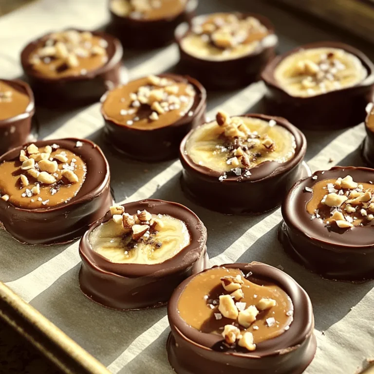 To make Chocolate Peanut Butter Banana Bites, you need the following: - 2 large ripe bananas - 1/2 cup creamy peanut butter - 1 cup dark chocolate chips - 1 tablespoon coconut oil - Sea salt, for sprinkling - 1/4 cup chopped nuts (e.g., walnuts or almonds) for topping (optional) These ingredients come together to create a delightful snack that is both sweet and healthy. If you have allergies or dietary needs, you can easily swap some ingredients: - Use almond butter or sunflower seed butter instead of peanut butter. - Choose dairy-free chocolate chips for a vegan option. - If nuts are a concern, skip the chopped nuts entirely. These swaps keep the recipe fun and accessible for everyone. Selecting the right products can enhance your bites. Here are some favorites: - For chocolate, I recommend using high-quality dark chocolate chips, like Ghirardelli or Enjoy Life. - Choose organic peanut butter without added sugar or oils for a pure flavor. - Look for ripe bananas that are firm yet slightly soft for the best taste. Using high-quality products makes a big difference in both flavor and texture. Check out the full recipe for more details! First, gather your ingredients. You need ripe bananas, creamy peanut butter, dark chocolate chips, coconut oil, sea salt, and optional nuts. 1. Slice the Bananas: Peel the bananas and cut them into rounds that are about 1/2 inch thick. Set these aside on a plate. 2. Prepare Your Baking Sheet: Line a baking sheet with parchment paper. This helps the bites not stick. Next, you need to melt the chocolate. 1. Combine Ingredients: In a microwave-safe bowl, mix the dark chocolate chips and coconut oil. This will make the chocolate smooth. 2. Heat in Microwave: Place the bowl in the microwave. Heat it in 30-second bursts, stirring after each round. Keep going until it is melted and smooth. Now comes the fun part—putting it all together! 1. Dip Banana Slices: Take a banana slice and dip it into the melted chocolate. Make sure it is fully coated. Then, place it on the parchment-lined sheet. 2. Add Peanut Butter: Use a teaspoon to add a small amount of peanut butter on top of each chocolate-covered banana slice. This is where the magic happens. 3. Drizzle Extra Chocolate: If you like, drizzle a bit more melted chocolate over the peanut butter. This adds a nice touch. 4. Sprinkle for Flavor: Add a sprinkle of sea salt and some chopped nuts if you want extra crunch. 5. Freeze: Place the baking sheet in the freezer. Let them freeze for at least 1 hour until the chocolate is hard. Once you finish, you'll have tasty Chocolate Peanut Butter Banana Bites ready to enjoy. Check [Full Recipe] for more details! To make the best Chocolate Peanut Butter Banana Bites, choose ripe bananas. They should be yellow with a few brown spots. These bananas are sweeter and softer. Cut the bananas into even slices. Each slice should be about 1/2 inch thick. This size helps them freeze well and taste great. When melting chocolate, use dark chocolate chips for a rich flavor. Add coconut oil to make the chocolate smooth and shiny. Stir the chocolate often while heating. This keeps it from burning. After you freeze the bites, store them in an airtight container. This keeps them fresh and tasty. You can keep them in the freezer for up to three months. Serve these bites as a fun snack or dessert. They are great for parties or movie nights. Just take them out of the freezer about 10 minutes before serving. This makes them easier to eat. For extra crunch, sprinkle some chopped nuts on top. Walnuts or almonds work well. You can also add a pinch of sea salt. This makes the sweet taste pop. If you want more flavor, try adding a dash of cinnamon to the peanut butter. It gives a warm, cozy taste. For a twist, dip them in white chocolate instead of dark chocolate. Each change adds a new layer of fun. For the full recipe, check out the main article. {{image_2}} You can change the toppings to fit your taste. Try adding shredded coconut for a tropical twist. Crushed graham crackers give a fun crunch. You can also use mini chocolate chips for extra sweetness. If you love spice, a sprinkle of cinnamon adds warmth. Get creative and mix and match! While peanut butter is a classic, other nut butters work well too. Almond butter has a nice, smooth flavor. Cashew butter is creamy and rich. Sunflower seed butter is great for nut allergies. Each option brings new taste and texture to the bites. Experiment to find your favorite! Seasonal flavors can add a fun twist to your bites. In fall, add a dash of pumpkin spice for warmth. In winter, try a hint of peppermint extract for a fresh taste. During summer, a touch of fresh berries can brighten the flavor. These little changes keep the bites exciting all year round! For the full recipe, check out the details above. Store any leftover chocolate peanut butter banana bites in an airtight container. Keep them in the fridge. This way, they stay fresh for about three days. If you want them to last longer, freezing is a great option. To freeze these bites, place them in a single layer on a baking sheet. After they freeze for an hour, transfer them to a freezer-safe bag. Be sure to remove as much air as possible. This helps prevent freezer burn. They will stay good for up to three months in the freezer. These bites are best enjoyed straight from the freezer. If you want to thaw them, take them out and let them sit for about 10 minutes. This lets the chocolate soften a bit. Enjoy them as a cool snack. You can even dip them in more peanut butter if you want! For the full recipe, check the earlier section. Yes, you can use milk chocolate. Milk chocolate adds a creamier taste. It also makes the bites sweeter. If you love chocolate, this swap will delight you. Just melt it the same way as dark chocolate. These bites can last up to three months in the freezer. Make sure to store them in an airtight container. This helps keep them fresh and tasty. You can grab a few whenever you want a quick snack. Yes, these bites are gluten-free! The main ingredients are bananas, peanut butter, and chocolate. Just check the labels on your peanut butter and chocolate chips. You want to ensure they have no gluten. Enjoy this sweet treat worry-free! We explored the key ingredients and steps to make delicious Chocolate Peanut Butter Banana Bites. You learned about substitutions for allergies and which products work best. I shared tips for perfect bites and variations to keep things fun. Store extras properly and reheat if needed. Remember, these bites are customizable and great for everyone. Enjoy experimenting with flavors and toppings!