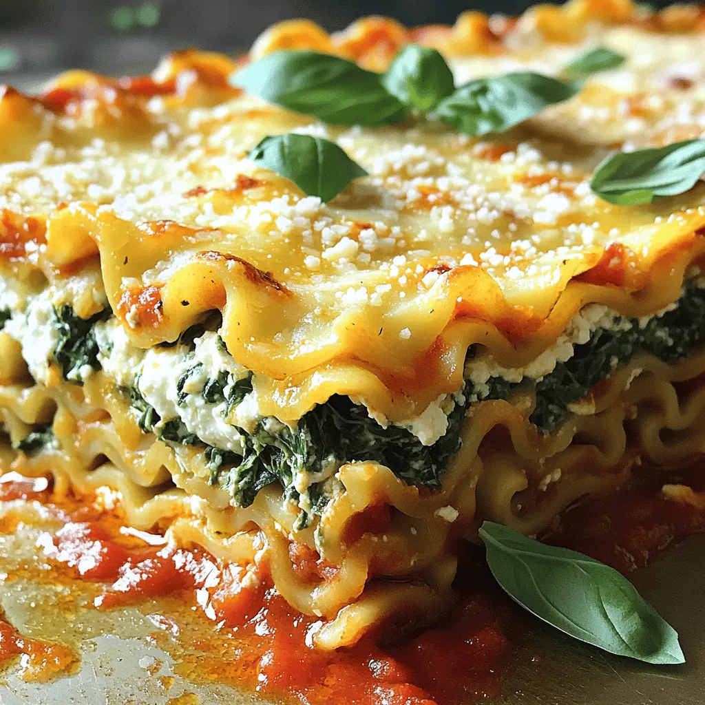 To make a tasty Spinach Ricotta Lasagna, you need simple ingredients that pack a punch in flavor. Here’s what you will need: - 9 lasagna noodles - 2 cups fresh spinach, chopped - 1 cup ricotta cheese - 1 cup mozzarella cheese, shredded - 1/2 cup grated Parmesan cheese - 1 large egg - 3 cups marinara sauce - 2 cloves garlic, minced - 1 tablespoon olive oil - Salt and pepper to taste - 1 teaspoon Italian seasoning - Fresh basil leaves for garnish These ingredients create layers of flavor and texture in your lasagna. The fresh spinach adds color and nutrients. The cheeses give it that creamy, rich taste we all love. Don't forget the marinara sauce for a punch of tomato goodness. You can find the complete cooking steps in the Full Recipe section. - Preheat the oven to 375°F (190°C). - Cook the lasagna noodles until al dente. This means they should be firm but not hard. Drain them and set aside. - In a skillet, sauté garlic in olive oil. - Add chopped spinach and cook until wilted, about three minutes. - Season with salt, pepper, and Italian seasoning. Remove from heat and let it cool. - In a bowl, combine ricotta cheese, shredded mozzarella, grated Parmesan, egg, and the cooled spinach. - Mix well until you have a uniform consistency. This helps the flavors blend. - Spread a thin layer of marinara sauce in a baking dish. - Place three lasagna noodles over the sauce. - Spread half of the ricotta-spinach mix over the noodles. - Top with another layer of marinara sauce. - Repeat the layers: noodles, remaining ricotta-spinach mixture, and more sauce. - Finish with a final layer of noodles and top with remaining marinara sauce and reserved mozzarella cheese. - Cover the baking dish with foil to keep it moist. - Bake in the preheated oven for 25 minutes. - Uncover and bake for an additional 15 minutes, until the cheese is bubbly and golden. - After baking, let the lasagna rest for about 10 minutes before slicing. - Garnish with fresh basil leaves before serving. - Enjoy this tasty dish from the Full Recipe! - Use fresh ingredients for the best flavor. Fresh spinach and cheeses bring life to the dish. - Avoid overcooking the noodles. You want them al dente so they hold their shape. - Layer ingredients evenly for a uniform bake. This ensures each slice has the same great taste. - Use fresh basil for a pop of color. It brightens the dish and adds a nice aroma. - Skipping the resting period before slicing leads to messy servings. Let it rest for ten minutes. - Not seasoning the spinach mixture can make it bland. A little salt and pepper go a long way. For more tips, be sure to check out the Full Recipe. {{image_2}} You can add ground beef or sausage to your lasagna for a hearty twist. Just brown the meat in a skillet before adding it to your layers. This adds a rich flavor that many love. If you're looking for a leaner choice, try using turkey. Ground turkey keeps the dish light while still being tasty. For a veggie boost, toss in more vegetables. Think bell peppers, mushrooms, or zucchini. These add both flavor and color. You can also swap out cheeses. Try a blend of feta and mozzarella for a tangy kick. This adds a fun twist to the classic flavors. If you need a gluten-free dish, switch to gluten-free lasagna noodles. Many brands offer great options that cook just like regular noodles. You might need to adjust cooking times slightly, so keep an eye on it. This way, everyone can enjoy your delicious spinach ricotta lasagna. For the full recipe, check out the details provided above. To store your Spinach Ricotta Lasagna safely, first let it cool. Once cooled, cover it tightly with plastic wrap or aluminum foil. This keeps the flavors fresh and prevents drying. You can also place it in an airtight container. Use a glass or plastic container that is safe for the fridge. To freeze unbaked lasagna, assemble it in a freezer-safe dish. Wrap it tightly with plastic wrap and aluminum foil. This helps prevent freezer burn. When you want to cook it, thaw it in the fridge overnight. For reheating, bake it straight from the fridge at 375°F (190°C) for about 45-60 minutes. Spinach Ricotta Lasagna lasts about 3-5 days in the fridge. After that, the quality may drop. Signs of spoilage include a sour smell, discoloration, or a slimy texture. If you notice these, it’s best to discard it. Yes, you can use frozen spinach. First, thaw it completely. You can do this in the fridge overnight or by microwaving it on low. Once thawed, drain excess water. This step is key. Too much water makes the lasagna soggy. After draining, chop the spinach if needed, and use it just like fresh spinach in the recipe. Making Spinach Ricotta Lasagna ahead is simple. Prepare the lasagna as directed but do not bake it. Cover it tightly with plastic wrap or foil. You can store it in the fridge for up to 24 hours. When you're ready, bake it straight from the fridge. Just add a few extra minutes to the baking time. This method keeps flavors fresh and saves time. This dish pairs nicely with a fresh salad. A simple green salad with a light vinaigrette complements the lasagna well. Garlic bread is another great choice. It adds a nice crunch and flavor. You can also try a side of roasted veggies for a healthy touch. These options balance the richness of the lasagna. Absolutely! This recipe works great for meal prep. You can portion out servings right after cooking. Use airtight containers for easy storage. When you want a meal, just reheat a portion. This way, you always have a tasty option ready to go. Plus, it helps reduce food waste. Yes, you can get creative with cheeses! Try adding feta or goat cheese for a tangy twist. Cream cheese can also add creaminess. Just mix it into the ricotta layer. Experiment with your favorite cheeses to find your perfect flavor. Each option can bring a new touch to the dish. To reheat leftovers, use an oven for the best results. Preheat it to 350°F (175°C). Place the lasagna in an oven-safe dish, covering it with foil. Heat it for about 20 minutes, or until warm. This method keeps the lasagna from drying out. If you're short on time, you can use a microwave. Just heat it in short bursts to avoid overcooking. For the complete dish, don’t forget to check the Full Recipe! You learned how to make Spinach Ricotta Lasagna step by step. We discussed the key ingredients and the techniques to prepare them. You now know how to assemble and bake lasagna for delicious results. Remember, using fresh ingredients makes a big difference. Avoid common mistakes for the best outcome. Whether you prefer meat, vegetables, or gluten-free options, this recipe is versatile. Enjoy your lasagna with family and friends. With these tips, you can impress everyone with your cooking skills!