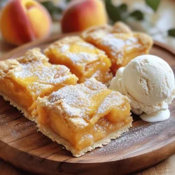 - 2 cups fresh peaches, peeled and diced - 1 tablespoon lemon juice - 1 teaspoon vanilla extract - 1 cup granulated sugar, divided - 1 ½ cups all-purpose flour - ½ teaspoon baking powder - ½ teaspoon salt - 1 teaspoon ground cinnamon - ½ teaspoon nutmeg - 1 tablespoon cornstarch (optional for thicker filling) - ½ cup unsalted butter, melted - 1 large egg When making these peach pie bars, fresh ingredients make all the difference. I always choose ripe peaches, as they bring the best flavor. The sweet and tangy lemon juice brightens the filling. A touch of vanilla adds warmth and depth. For the dry ingredients, I usually mix them together in a big bowl. I often find that dividing the sugar helps balance sweetness in both the crust and filling. The flour gives structure, while baking powder helps the crust rise. Salt enhances all the flavors, and spices like cinnamon and nutmeg create a cozy aroma. If you want a thick filling, cornstarch is your friend. It helps bind the juices from the peaches. Don't forget the melted butter and egg! They bring richness and moisture, making the crust tender and flaky. For the full recipe, check out the details above. - Preheat oven to 350°F (175°C) - Line a 9x13-inch baking dish with parchment paper First, we prepare the oven. Set it to 350°F. This heat will help our bars bake evenly. Next, take your 9x13-inch baking dish. Line it with parchment paper. This makes it easy to lift out the bars later. Leave some parchment hanging over the edges. You will thank yourself later! - Combine diced peaches and sugar - Marinate with lemon juice, vanilla, cinnamon, and nutmeg Now, let's make the peach filling. Take 2 cups of diced peaches in a bowl. Add ½ cup of sugar. This will sweeten the peaches nicely. Then, add 1 tablespoon of lemon juice, 1 teaspoon of vanilla, and a sprinkle of cinnamon and nutmeg. Mix this well. Let it sit for a few minutes. This marinating makes the flavors pop! - Whisk together dry ingredients - Mix butter and egg, then combine with dry ingredients - Reserve crust mixture for topping Next, we create the crust. In a large bowl, whisk together 1 ½ cups of all-purpose flour, ½ teaspoon of baking powder, ½ teaspoon of salt, and the rest of the sugar. In another bowl, mix ½ cup of melted butter and 1 large egg. Pour this into the dry mix. Stir until just combined. Save about 1 cup of this mixture for the topping later. - Press crust mixture into the bottom of the dish - Spread peach filling and top with reserved crust mixture Now, let’s assemble our bars. Press the crust mixture evenly into the bottom of the lined dish. This forms a nice base. Then, spread the peach filling on top of the crust. Finally, sprinkle the reserved crust mixture over the peaches. This creates a crunchy topping. - Bake for 30-35 minutes until golden brown Place the dish in the preheated oven. Bake for 30-35 minutes. Watch for a golden brown top. You want to see the peach filling bubbling. This means it's ready! - Cool in the pan for 20 minutes - Cut into squares and cool completely After baking, take the dish out. Let it cool in the pan for 20 minutes. Use the parchment to lift the bars out. Cut them into squares. Allow them to cool completely on a wire rack. Now, they are ready to enjoy! For the full recipe, check out the details. - Ensure butter is melted for easy mixing. This helps blend the crust smoothly. - Avoid over-mixing when combining ingredients. This keeps the crust tender and flaky. - Use ripe, juicy peaches for maximum flavor. Look for peaches that yield slightly when pressed. - Consider adding almond extract for variation. It gives a lovely nutty taste to the bars. - Dust with powdered sugar. This adds a sweet touch to your dessert's look. - Serve with a scoop of vanilla ice cream. The creaminess pairs well with the fruity bars. These tips will help you craft the perfect peach pie bars. For the complete instructions, check the Full Recipe. {{image_2}} You can easily change up the classic peach pie bars. Here are some fun ideas. - Substitute peaches with fresh berries. Strawberries, blackberries, and cherries work well. - Try combining peaches with blueberries or raspberries for a colorful blend. This adds a new twist. - Use almond flour for a nutty taste. - A gluten-free all-purpose flour blend is also a great choice. It keeps the texture light. - Replace the egg with a flax egg or applesauce. This keeps the bars moist. - Substitute butter with coconut oil or vegan butter for a dairy-free option. This change keeps the bars rich and tasty. These variations allow you to enjoy peach pie bars in many ways. Experiment with your favorites and find what you love best! For more ideas, check the Full Recipe. You can keep your peach pie bars fresh by storing them in an airtight container. This method works well and keeps the bars tasty for up to 3 days at room temperature. Just make sure they are completely cooled before sealing them up. If you want to keep your peach pie bars longer, refrigerate them. They will stay good for up to a week. For even longer storage, freeze them. You can freeze them for up to 3 months. It’s best to wrap each bar in plastic wrap and place them in a freezer bag. This way, they won’t get freezer burn. When you're ready to enjoy your peach pie bars again, simply warm them up. You can use an oven or a microwave. If using the oven, preheat it to 350°F (175°C) and heat for about 10 minutes. In a microwave, heat them for about 20-30 seconds. This will make them nice and warm, ready to serve! You can find the Full Recipe for more details. Yes, you can make these peach pie bars a day in advance. Just store them covered in your fridge. This makes them great for parties or family gatherings. The flavors will blend even more, making them taste even better! To check if the bars are done, look for a golden brown top. You should also see the peach filling bubbling. If you see both, they are ready to come out of the oven! If your filling is too runny, don't worry! You can add cornstarch to the peach mixture to thicken it. This will help absorb extra moisture and give you that perfect, gooey filling. Yes, you can use canned peaches. Just make sure to drain them well and pat them dry. This prevents excess moisture, which can make your bars soggy. For the best flavor, choose peaches packed in juice, not syrup. In this article, we explored how to make delicious peach pie bars. We covered all the fresh and dry ingredients, along with simple step-by-step instructions. I shared tips to achieve the best crust and flavor, plus fun variations for everyone. Remember, using ripe peaches makes a big difference in taste. Whether you stick with the classic recipe or try a new twist, enjoy your homemade treat. Happy baking!