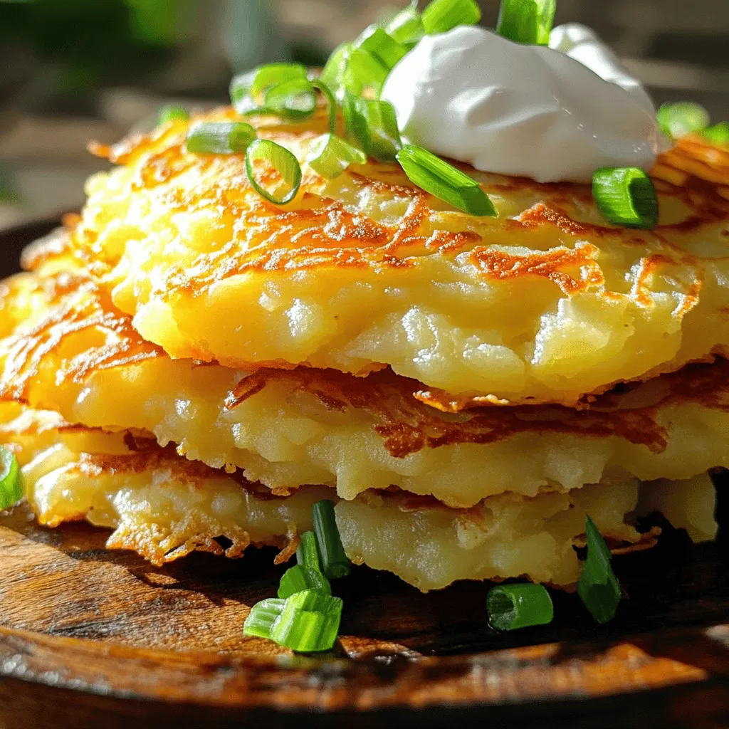 To make cheesy potato pancakes, you need these simple ingredients: - 2 cups grated potatoes (about 3 medium potatoes) - 1 cup shredded cheese (cheddar or a blend) - 1/2 cup all-purpose flour - 2 eggs, lightly beaten - 1/4 cup green onions, finely chopped - 1 teaspoon garlic powder - 1/2 teaspoon salt - 1/4 teaspoon black pepper - 1/4 cup sour cream (for serving) - Vegetable oil for frying Choosing the right cheese can make a big difference. Here are some great options: - Cheddar: This cheese gives a sharp taste. - Mozzarella: It melts well and adds a creamy texture. - Gouda: This cheese adds a rich, smoky flavor. - Parmesan: This adds a nice salty kick. Feel free to mix and match these cheeses for a unique twist! Fresh ingredients make your pancakes taste better. Here’s how to pick the best: - Potatoes: Look for firm, smooth skin. Avoid any with blemishes or sprouts. - Cheese: Choose cheese that smells fresh. Packaged cheese should not be past its date. - Green Onions: Pick green onions with bright green tops. They should be crisp, not wilted. Using fresh ingredients will help you create crispy, flavorful cheesy potato pancakes. For the complete instructions, check out the Full Recipe. 1. Grate the Potatoes: Start by peeling and grating the potatoes. I usually use a box grater or a food processor. Grated potatoes should feel fluffy and light. 2. Remove Moisture: Place the grated potatoes in a clean kitchen towel. Twist the towel to squeeze out excess moisture. This step is key for crispy pancakes! 3. Mix Ingredients: In a bowl, combine the grated potatoes, shredded cheese, flour, beaten eggs, green onions, garlic powder, salt, and black pepper. Stir until everything is mixed well. 4. Heat the Oil: Pour enough vegetable oil into a skillet to coat the bottom. Heat over medium heat. The oil should shimmer when it’s ready. 5. Form Pancakes: Use about 1/4 cup of the potato mix for each pancake. Drop it into the skillet and flatten gently with a spatula. Keep some space between each pancake. 6. Cook Until Golden: Cook each pancake for about 3-4 minutes until golden brown. Flip them and cook for another 3-4 minutes until crispy and cooked through. 7. Drain Excess Oil: Move the cooked pancakes to a plate lined with paper towels. This will help absorb any extra oil. 8. Serve Up: Serve the pancakes hot with a dollop of sour cream. You can sprinkle more green onions on top if you like. - Not Squeezing Enough Water: If you don’t remove enough moisture, the pancakes will turn out soggy. - Overcrowding the Pan: Cooking too many pancakes at once can lower the oil temperature. This leads to oily, unevenly cooked pancakes. - Using Cold Oil: Make sure the oil is hot before adding pancakes. Cold oil means mushy pancakes. - Not Flipping Carefully: Use a spatula to flip without breaking the pancakes. They need to hold together well. This recipe will lead you to crispy, cheesy potato pancakes that everyone will love. For the complete recipe, check the [Full Recipe]. To make cheesy potato pancakes crispy, you need to remove moisture from the grated potatoes. After grating, place the potatoes in a clean kitchen towel. Twist the towel tightly to squeeze out as much liquid as possible. This step is key for a crunchy texture. You can also try using starchy potatoes like Russets. They hold together well and give a nice crunch. Avoid waxy potatoes; they tend to be too moist. Frying is the best way to achieve crispy cheesy potato pancakes. Use a skillet and heat some vegetable oil over medium heat. Make sure the oil is hot before adding the pancakes. This helps them cook evenly and get golden brown. If you want a healthier option, you can bake them. Preheat your oven to 425°F (220°C) and place the pancakes on a greased baking sheet. Bake for about 20 minutes, flipping halfway through. Seasoning is important for great flavor. Besides the basic salt and pepper, consider adding garlic powder, onion powder, or paprika. These spices enhance the taste of your cheesy potato pancakes. You can also mix in fresh herbs like parsley or chives for added flavor. Experiment with different cheeses too. Cheddar is classic, but gouda or pepper jack can add a unique twist. For even more flavor, top the pancakes with a dollop of sour cream before serving. Check out the Full Recipe for all the details! {{image_2}} You can change the cheese in these pancakes for new tastes. Cheddar is classic, but I love using mozzarella for a stretchy bite. You might also try pepper jack for a spicy kick. If you want a bold flavor, use blue cheese. The options are endless, and each will give a twist to the dish. Adding herbs and veggies makes these pancakes even better. Chopped spinach or kale adds nutrition and color. Fresh herbs like parsley or dill brighten the flavor. You can even add cooked bacon or ham for a savory twist. Just remember to chop them small so they mix well in the batter. Serve these cheesy potato pancakes in fun ways. A dollop of sour cream gives a creamy touch. You can also top them with salsa for a zesty kick. For something sweet, try apple sauce. If you want to impress, serve them on a platter with fresh herbs and extra cheese on top. For the full recipe, check out the details I provided earlier. You can store leftover cheesy potato pancakes easily. Let them cool down to room temperature. Then, place them in an airtight container. Make sure to add a piece of parchment paper between layers. This keeps them from sticking together. Store the container in the fridge for up to three days. To reheat your pancakes, use a skillet. Heat it over medium heat. Add a small amount of oil for crispiness. Place the pancakes in the skillet and cook for about two minutes on each side. This method helps keep them crispy. You can also use an oven. Preheat it to 350°F (175°C). Place pancakes on a baking sheet and heat for about 10 minutes. If you want to freeze the pancakes, let them cool first. Wrap each pancake in plastic wrap. Then place them in a freezer bag. They can last up to two months in the freezer. When you're ready to eat, thaw them in the fridge overnight. Then reheat as mentioned above for the best taste. For more ways to enjoy these pancakes, check my Full Recipe. The best potatoes for potato pancakes are starchy ones, like Russets or Idaho. They have a high starch content. This makes them light and fluffy. Waxy potatoes, like red or new potatoes, can be too moist. This can lead to soggy pancakes. Always choose a starchy potato for crispy results. Yes, you can make cheesy potato pancakes ahead of time. Cook them fully and let them cool down. Then, store them in the fridge for up to two days. Just reheat them in a skillet or oven to get them crispy again. This way, you enjoy a quick meal without extra work. To keep potato pancakes crispy, moisture is key. After grating the potatoes, squeeze out excess water using a towel. This step is vital for texture. Also, avoid overcrowding the pan when frying. Give each pancake space. Cooking them in hot oil helps to achieve that golden, crispy finish. For the best taste, serve them right after cooking. For the full recipe, check out the section above. This blog post shared how to make cheesy potato pancakes. We covered the best ingredients, cooking steps, and tips for great texture. I shared ways to customize your pancakes with different cheeses and add-ins. Don’t forget how to store leftovers for later use. With these fun tips, you can create tasty pancakes every time. Enjoy cooking, and remember to experiment with flavors! Your cheesy potato pancakes will impress everyone.