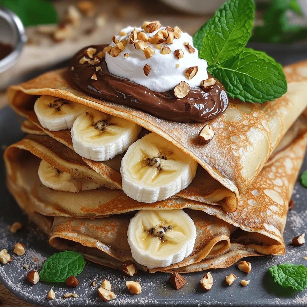 To make the delicious chocolate hazelnut spread crepes, you need the following ingredients: - 1 cup all-purpose flour - 2 large eggs - 1 ½ cups milk - 2 tablespoons melted butter (plus extra for cooking) - 1 tablespoon granulated sugar - 1 teaspoon vanilla extract - Pinch of salt - ½ cup chocolate hazelnut spread (like Nutella) - 1 banana, sliced - ½ cup whipped cream (optional) - Chopped hazelnuts for garnish - Fresh mint leaves for garnish (optional) Gather these ingredients before you start. Each one plays a key role in making your crepes light and tasty. The flour gives structure, while the eggs add richness. Milk ensures a smooth batter, and sugar adds just the right touch of sweetness. The chocolate hazelnut spread is, of course, the star of the show. Feel free to adjust the toppings. You can use other fruits or different nuts if you like. The whipped cream adds a fun touch, but it's not a must. This recipe is flexible, so have fun with it! For the full recipe with steps, check out the full recipe. - Whisk together dry ingredients: Start by taking a mixing bowl. Add 1 cup of all-purpose flour, 1 tablespoon of granulated sugar, and a pinch of salt. Use a whisk to mix them well. This step ensures an even blend for your batter. - Combine wet ingredients and mix: In another bowl, beat 2 large eggs. Then, add 1 ½ cups of milk, 2 tablespoons of melted butter, and 1 teaspoon of vanilla extract. Mix until everything is smooth and combined. - Resting the batter: Pour the wet mix into the dry mix gradually. Stir until you have a smooth batter. Let it rest for 15-30 minutes. This resting time helps the batter become fluffier. - Heating the skillet: Grab a non-stick skillet and heat it over medium heat. Add a small amount of butter to coat the surface. This will help the crepes cook evenly. - Pouring and flipping the crepes: Use a ladle to pour some batter into the skillet. Swirl the pan to spread the batter evenly. Cook for about 1-2 minutes until the edges lift. - Cooking time for each side: Flip the crepe carefully and cook for another minute. The crepe should be lightly golden. Transfer it to a plate and repeat with the remaining batter, adding more butter as needed. - Spreading chocolate hazelnut spread: Take one crepe and spread about 1 tablespoon of chocolate hazelnut spread on one side. This is the star of your dish! - Adding banana slices: Place banana slices on top of the spread. They add a nice freshness and flavor. - Folding techniques: Fold the crepe in half, then fold it in half again to make a triangle. This shape holds all the delicious fillings inside. Enjoy making these delightful chocolate hazelnut spread crepes! For the complete steps and ingredients, check the [Full Recipe]. To cook the best crepes, heat your skillet over medium heat. The right temperature helps cook the crepes evenly. If the skillet is too hot, the crepes will burn. If it’s too cool, they will stick and tear. A non-stick skillet works best for easy flipping. Next, to avoid tears in your crepes, use a smooth batter. Let it rest for 15 to 30 minutes before cooking. This resting time makes the crepes tender. Make sure to swirl the batter in the pan to spread it thin. You can make crepes ahead of time. Just stack them with parchment paper between each one. This keeps them from sticking. Store them in the fridge for up to three days. You can also freeze them for up to two months. Thaw them in the fridge before using. Pair your chocolate hazelnut spread crepes with coffee or hot chocolate. A warm drink complements the sweet flavors. When plating, stack two or three crepes on a plate. This makes a nice presentation. For extra flair, add toppings like sliced strawberries or a sprinkle of powdered sugar. You can also drizzle warm chocolate sauce on top. This adds more chocolate goodness and looks great. Try adding a dollop of whipped cream and chopped hazelnuts. The cream gives a soft texture, and the nuts add crunch. A few fresh mint leaves make it look pretty too. These little touches can turn your crepes into a stunning dessert. For the full recipe, check out the detailed steps above. {{image_2}} You can change up the filling for your crepes. Here are some fun ideas: - Other fruits that work well: Strawberries, raspberries, or blueberries. These fruits add a fresh taste. They pair nicely with chocolate hazelnut spread. You can also mix fruits for a colorful touch. - Nut toppings vs. whipped cream: Chopped nuts add crunch. Try hazelnuts or almonds for extra flavor. Whipped cream makes it creamy and light. You can choose either based on your mood. - Using flavored spreads: Swap chocolate hazelnut spread for other flavors. Try almond butter or peanut butter. You can even use fruit spreads like strawberry or raspberry for a twist. You can make these crepes fit different diets easily. - Substituting flour and milk: Use gluten-free flour blends instead of regular flour. For milk, try almond milk or oat milk. These swaps help make the crepes gluten-free and dairy-free. - Egg replacements: If you want a vegan option, use flax eggs. Mix one tablespoon of flaxseed meal with three tablespoons of water. Let it sit for a few minutes to gel. This mix works great in place of eggs. - Adjusting sweetness: You can use maple syrup or agave for sweetness. These options keep the crepes sweet without refined sugar. Just adjust to your taste. You can find the complete recipe here: [Full Recipe]. To keep your leftover crepes fresh, start with refrigerating them. Place the crepes in a stack with parchment paper in between each one. This helps prevent sticking. Then, wrap the stack in plastic wrap or place it in an airtight container. They can stay in the fridge for up to three days. If you want to save crepes for longer, freezing is a great option. Again, use parchment paper to separate each crepe. Wrap the stack tightly in plastic wrap, then place it in a freezer bag. You can freeze them for up to two months. Just remember to label the bag with the date! When it’s time to enjoy your crepes again, reheating them right is key. The best method is to use a skillet. Heat the skillet over low heat and place a crepe in it for about 30 seconds on each side. This warms it through without losing its soft texture. You can also use a microwave, but it can make your crepes a bit chewy. If you go this route, place a damp paper towel over the crepe and heat for about 15-20 seconds. No matter how you reheat them, serve your crepes warm to keep the chocolate hazelnut spread soft and gooey. For the full recipe, check out the Chocolate Hazelnut Delight Crepes! To make chocolate hazelnut spread crepes, start with simple ingredients. You need flour, eggs, milk, melted butter, sugar, vanilla, and salt. Mix the dry ingredients in one bowl. In another bowl, whisk together the wet ingredients. Combine both mixtures and let the batter rest. Heat a skillet with butter. Pour a ladle of batter, cook until golden, and flip. Once cooked, spread chocolate hazelnut spread on each crepe and add banana slices. Fold and enjoy! For the full recipe, you can check the details above. Yes, you can make the batter a day ahead. Just keep it in the fridge. Cover the bowl well to avoid any smell from the fridge. When you are ready to cook, give it a good stir. If it seems too thick, add a bit of milk to thin it out. Freshly made crepes taste best, but this tip saves time. I love serving crepes warm. You can stack them on a plate and sprinkle with powdered sugar. Add a dollop of whipped cream on top for extra creaminess. You can also garnish with chopped hazelnuts or fresh mint leaves. This makes your dish look beautiful and adds great flavors. Chocolate hazelnut spread crepes can be a treat. They have sugar and fat but also offer some nutrients. The bananas add fiber and vitamins. If you want a healthier version, use less spread or try a lighter version. Balance is key, so enjoy them in moderation. Absolutely! You can use any type of spread you like. Almond butter or peanut butter work great too. For a fruity twist, try a berry jam. Just keep in mind that different spreads will change the taste. Get creative and find your favorite! You learned how to make delicious chocolate hazelnut crepes. We covered the ingredients, step-by-step instructions, and helpful tips. You now know how to perfect your crepes and explore tasty variations. Storing and reheating them is easy, too. Enjoy making these sweet treats and impress your friends and family. Happy cooking!