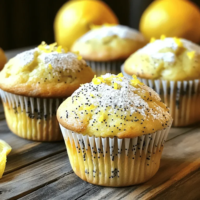 To make lemon poppy seed muffins, gather these key items: - 1 ½ cups all-purpose flour - 1 tablespoon poppy seeds - ½ cup unsalted butter, softened - 1 cup granulated sugar - Zest of 2 lemons These ingredients create a lovely balance of sweetness and tang. The poppy seeds add a nice crunch and visual appeal. The lemon zest gives each bite a bright flavor. You can enhance your muffins with these optional items: - ½ cup buttermilk - 2 tablespoons fresh lemon juice - Variations like add-ins or toppings Buttermilk makes the muffins soft and moist. Fresh lemon juice boosts the lemon flavor, making it even more vibrant. You might also want to add nuts or berries for extra texture and taste. For the full recipe, check [Full Recipe]. This will guide you through every step to bake these delightful muffins. 1. Preheat the oven and prepare the muffin tin: Set your oven to 350°F (175°C). Line your muffin tin with paper liners or grease it with cooking spray to avoid sticking. This will help the muffins pop right out. 2. Mix dry ingredients in a bowl: In a medium bowl, add 1 ½ cups of all-purpose flour, 1 tablespoon of poppy seeds, 1 teaspoon of baking powder, ½ teaspoon of baking soda, and ¼ teaspoon of salt. Whisk them together until they are well mixed. This helps distribute the leavening agents evenly. 3. Cream butter and sugar together: In a large mixing bowl, take ½ cup of softened unsalted butter and 1 cup of granulated sugar. Use an electric mixer to beat them together for about 2-3 minutes. You want this mixture to be light and fluffy. This step adds air and makes the muffins rise well. 1. Add eggs and flavorings: Crack in 2 large eggs, adding them one at a time. Beat well after each egg. Next, mix in 1 teaspoon of vanilla extract, the zest of 2 lemons, and 2 tablespoons of fresh lemon juice. The lemon zest brings a bright flavor that makes these muffins so refreshing. 2. Combine dry and wet mixtures: Gradually add the dry mix to the wet mixture. Do this in parts, alternating with ½ cup of buttermilk. Start and end with the dry mix. Mix until just combined. Avoid overmixing, as this can make the muffins tough. 1. Filling the muffin tin: Use a scoop to fill each muffin cup about two-thirds full with the batter. This gives them room to rise without spilling over. 2. Bake time and testing for doneness: Place the muffin tin in the oven and bake for 18-20 minutes. To test if they are done, insert a toothpick into the center of a muffin. If it comes out clean, they are ready. Let them cool in the pan for 5 minutes before moving them to a wire rack. For a detailed look at the ingredients, check the Full Recipe for Lemon Poppy Seed Muffins. Mixing well is key to great muffins. Start by combining dry ingredients first. This helps distribute the baking powder and soda evenly. When mixing wet ingredients, don’t rush. Cream the butter and sugar until light. This step adds air, making muffins fluffy. Measuring ingredients is also very important. Use a kitchen scale for accuracy. If you use cups, spoon flour into the cup, then level it off. Too much flour will make your muffins dense. To boost flavor, consider adding spices. A pinch of cinnamon or nutmeg can add warmth. You might also try adding almond extract for a twist. It pairs well with lemon. Maximize lemon flavor by using fresh zest and juice. Zest adds bright notes, while juice gives a nice tartness. If you want a stronger lemon taste, add more zest. Cooling muffins correctly is crucial. After baking, let them cool in the pan for about five minutes. This helps them set while still warm. Then, transfer them to a wire rack. This prevents sogginess and keeps them fluffy. For storage, keep muffins in an airtight container. This keeps them fresh for several days. If you have leftovers, store them at room temperature. Don’t put them in the fridge; that can dry them out. {{image_2}} You can make your lemon poppy seed muffins healthier with some simple swaps. Using whole wheat flour instead of all-purpose flour adds fiber. This change gives you a nutty flavor and a more wholesome texture. If you need a gluten-free option, try almond or coconut flour. Both work well and keep the muffins tasty. For sweetening, consider natural sweeteners like honey or maple syrup. These options add different flavors and cut down on refined sugar. Just remember to adjust the liquid in your recipe when using them. Lemon is bright and zesty, but you can mix it up! Try adding orange or lime zest for a fresh twist. These citrus flavors blend nicely and add depth to your muffins. You can also add fruits or nuts. Blueberries or raspberries bring sweetness and make your muffins moist. Chopped walnuts or almonds add crunch and a nice contrast. Just be careful not to add too much, as it can change the texture. Want to make mini or jumbo muffins? It’s easy! For mini muffins, bake them for only 10-12 minutes. Keep an eye on them to avoid overbaking. For jumbo muffins, fill the cups a bit more and bake for 22-25 minutes. Always check with a toothpick. If it comes out clean, your muffins are ready. Adjusting the baking time helps you create the perfect size for any occasion. To keep your lemon poppy seed muffins fresh at room temperature, place them in an airtight container. This helps to trap moisture and keep the muffins soft. You can also wrap them in plastic wrap or foil. Store them in a cool, dry place away from sunlight. These muffins stay fresh for about 2 to 3 days. If you want to refrigerate your muffins, wrap them well to avoid drying out. Use a plastic bag or an airtight container. Refrigerated muffins can last up to a week. Just remember, chilling can change the texture slightly, making them denser. For long-term storage, freezing is a great option. Place the muffins in a single layer on a baking sheet first. Freeze them for about an hour until firm. Then, transfer them to a freezer-safe bag or container. This way, they don’t stick together. Frozen muffins can last for up to 3 months. When you're ready to enjoy a frozen muffin, just take it out and let it thaw at room temperature. You can also reheat it in the oven or microwave. For the oven, set it to 350°F (175°C) and warm it for about 10 minutes. In the microwave, heat for 20-30 seconds. Lemon poppy seed muffins can stay fresh for a few days at room temperature and up to a week in the fridge. However, their quality decreases over time. Signs of spoilage to watch for include a hard texture, off smells, or mold. If you notice any of these signs, it’s best to toss them out. Fresh muffins should smell citrusy and sweet, while stale ones lose that delightful aroma. How to make muffins fluffier? To make muffins fluffier, use room temperature ingredients. Cream the butter and sugar well. This helps incorporate air. You can also add an extra egg. This will make the muffins rise more. Can I substitute buttermilk with regular milk? Yes, you can use regular milk. However, buttermilk adds a nice tang. To mimic buttermilk, mix milk with a bit of vinegar or lemon juice. Let it sit for five minutes before using. Tips for using fresh vs. dried lemon zest? Fresh lemon zest gives a bright flavor. Use a microplane to zest the lemon. Dried zest is less intense. If using dried, use less than fresh zest. About one teaspoon of dried zest equals one tablespoon of fresh zest. Can I skip poppy seeds? You can skip poppy seeds if you want. The muffins will still taste great. If you want, try using chopped nuts or chocolate chips instead. They add a nice texture and flavor. What to do if muffins are too dense? If muffins are too dense, check your measurements. Make sure you used the right amount of flour. Overmixing the batter can also cause density. Mix just until combined for lighter muffins. How to fix muffins that overflow? Muffins overflow when they are too full. Fill each cup about two-thirds full. If they do overflow, trim the tops after baking. This will help keep them looking neat and tasty. Lemon poppy seed muffins are a delight, mixing fresh lemon zest with poppy seeds. We explored key ingredients, from flour to optional buttermilk, and shared step-by-step baking instructions. I offered tips on achieving the perfect muffin texture and enhancing flavors. You can create fun variations with healthier swaps or fruity additions. Now you have all the tools to bake these tasty treats. I hope you enjoy them as much as I do!