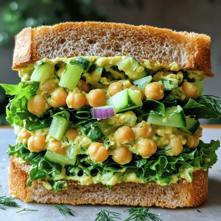 - 1 can (15 oz) chickpeas, drained and rinsed - 1/4 cup plain Greek yogurt (or non-dairy yogurt for a vegan option) - 2 tablespoons mayonnaise (optional) - 1 tablespoon Dijon mustard - 1 tablespoon lemon juice - 1/4 cup red onion, finely chopped - 1/4 cup celery, finely chopped - 1/4 cup diced cucumber - 1 tablespoon fresh dill, chopped (or 1 teaspoon dried dill) - Salt and pepper to taste - 4 slices of whole grain bread (or gluten-free if preferred) - Lettuce leaves or baby spinach for serving The key to a great smashed chickpea salad sandwich lies in the ingredients. You want fresh, vibrant flavors. Start with a can of chickpeas. Drain and rinse them well. This step helps remove extra salt and keeps the flavor fresh. Next, you’ll add Greek yogurt. This ingredient adds creaminess. If you prefer a vegan option, use non-dairy yogurt instead. The choice is yours! Mayonnaise can also enhance the richness, but it's optional. For a tangy kick, include Dijon mustard and a splash of lemon juice. These ingredients brighten the dish. Chop your red onion, celery, and cucumber finely. This adds crunch and freshness. Don’t forget the dill! It has a lovely flavor that pairs well with chickpeas. Finally, season with salt and pepper to your liking. When it comes to bread, whole grain is a wonderful choice. If you need gluten-free options, feel free to swap it out. You can also use lettuce leaves or baby spinach to create a lighter wrap. For the full recipe, check out Smashed Chickpea Delight Sandwich. Enjoy crafting this tasty, healthy sandwich! - In a medium bowl, add drained and rinsed chickpeas. - Gently smash chickpeas with a fork or potato masher. Smashing chickpeas is fun! You want to keep some bits whole. This gives your salad a nice texture. Too much smashing makes it mushy. - Add Greek yogurt, mayonnaise (if using), Dijon mustard, and lemon juice. - Fold in red onion, celery, cucumber, and dill. Mixing these ingredients creates a creamy and tangy flavor. The yogurt adds richness while the lemon juice gives a bright taste. Don't forget to taste as you mix! You can adjust flavors to your liking. - Toast bread until golden brown. - Scoop smashed chickpea mixture onto two slices, add lettuce, and close the sandwich. Toasting the bread adds crunch. It makes the sandwich more enjoyable. Add fresh lettuce for a crisp bite. This sandwich is ready to serve and is so colorful! Enjoy it with your favorite side for a full meal. For the Full Recipe, check the complete guide above. To get the best texture, smash the chickpeas to your liking. You can leave some chunks for a nice bite. Fresh ingredients make a big difference in flavor. Use crisp vegetables and bright herbs to enhance your dish. Adjust the lemon juice to match your taste. If you like more zing, add a bit more. You can also experiment with herbs and spices. Try adding fresh basil or a pinch of cumin for a new twist. If you want a warm sandwich, try grilling it. This gives a nice crunch. You can also use a panini press for a crispy finish. This makes the sandwich even more delicious. For the full recipe, look below. {{image_2}} You can easily make a vegan version of the smashed chickpea salad. To do this, swap Greek yogurt with non-dairy yogurt. This keeps the creaminess while making it plant-based. If you want to skip mayonnaise, you can omit it or choose a plant-based option. Both changes keep the salad just as tasty. Feel free to get creative with your ingredients. You can use different types of bread, like sourdough or wraps. These options add a new twist to your sandwich. You can also mix in other vegetables. Bell peppers, carrots, or even radishes can give extra crunch and flavor. Want to spice things up? Add some cumin or paprika to the mixture. These spices give a warm and earthy flavor that enhances the dish. For added creaminess, include ripe avocado. It not only tastes great but also makes the sandwich even more satisfying. For the full recipe, check out the Full Recipe link above. Store leftover smashed chickpea salad in an airtight container for up to 3 days. This keeps it fresh and ready to enjoy later. I love making a big batch, so I have a quick lunch option on hand. Just scoop it out whenever you're hungry! You can freeze the chickpea mixture (not assembled) for up to 2 months. This is great if you want to prep ahead. Just make sure to use a freezer-safe container. It saves time on busy days and still tastes delicious after thawing. Thaw in the refrigerator overnight and mix before serving. This gentle thawing helps maintain the salad's great texture. I always give it a good stir to blend the flavors again. It’s simple and effective for a tasty meal! Use certified gluten-free bread or lettuce wraps for serving. This keeps your meal safe and tasty. You can find many gluten-free breads at stores today. Lettuce wraps add a fresh crunch and flavor. Yes, it keeps well in the fridge for a few days for easy meal prep. This feature makes it great for busy days. Just store it in an airtight container. It tastes even better after the flavors blend together. Pair with a side of chips, fresh fruit, or a light salad. Chips add a nice crunch. Fresh fruit offers sweetness and balance. A light salad completes the meal and adds color. Absolutely! Swap ingredients as needed for vegan, gluten-free, or low-calorie preferences. For a vegan twist, use non-dairy yogurt. You can also adjust the bread or add more veggies. Feel free to get creative with your ingredients! Check the Full Recipe for more ideas. The ingredients for the smashed chickpea salad create a tasty and healthy option. You can mix chickpeas with yogurt, veggies, and spices for great flavor. Use fresh items for the best results. You can customize the recipe for different diets and preferences too. Try new bread types or add more veggies. This recipe is fun to make and versatile. Enjoy your delicious creations!