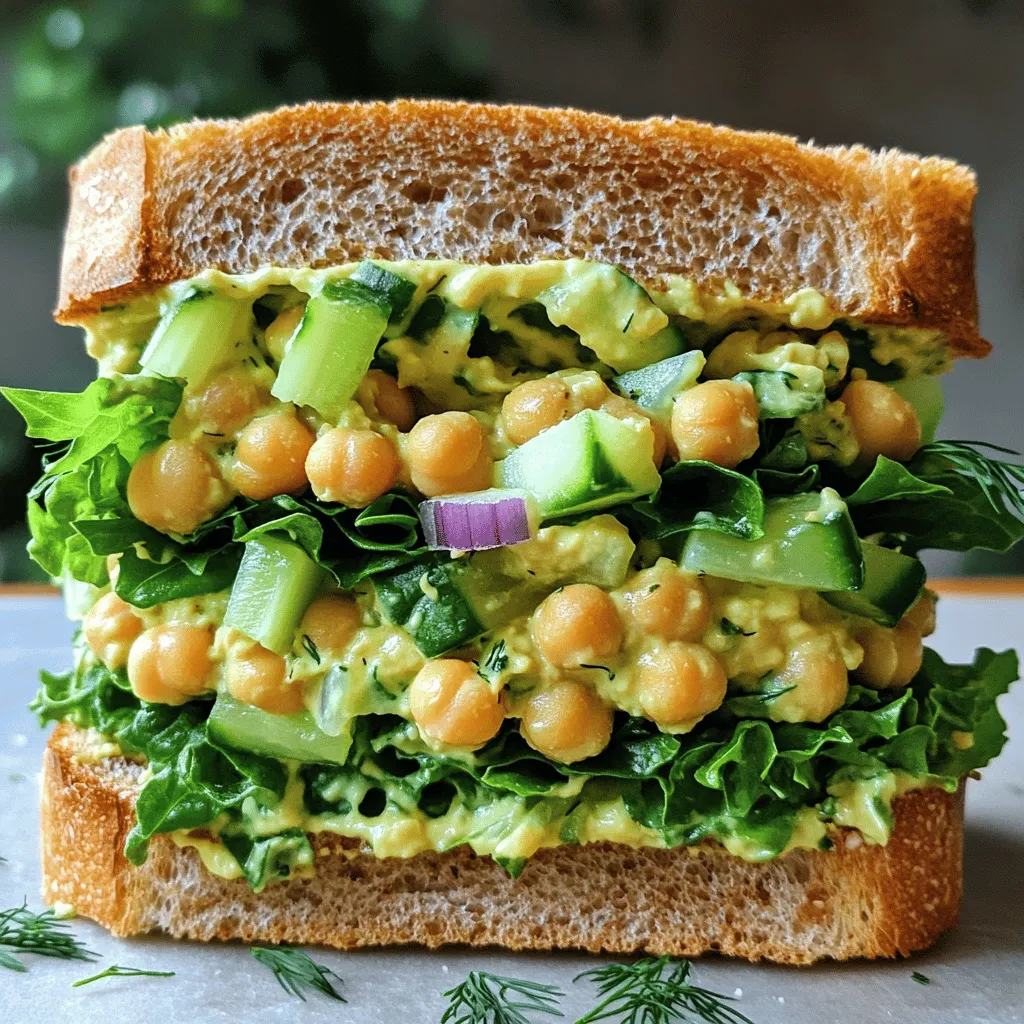 - 1 can (15 oz) chickpeas, drained and rinsed - 1/4 cup plain Greek yogurt (or non-dairy yogurt for a vegan option) - 2 tablespoons mayonnaise (optional) - 1 tablespoon Dijon mustard - 1 tablespoon lemon juice - 1/4 cup red onion, finely chopped - 1/4 cup celery, finely chopped - 1/4 cup diced cucumber - 1 tablespoon fresh dill, chopped (or 1 teaspoon dried dill) - Salt and pepper to taste - 4 slices of whole grain bread (or gluten-free if preferred) - Lettuce leaves or baby spinach for serving The key to a great smashed chickpea salad sandwich lies in the ingredients. You want fresh, vibrant flavors. Start with a can of chickpeas. Drain and rinse them well. This step helps remove extra salt and keeps the flavor fresh. Next, you’ll add Greek yogurt. This ingredient adds creaminess. If you prefer a vegan option, use non-dairy yogurt instead. The choice is yours! Mayonnaise can also enhance the richness, but it's optional. For a tangy kick, include Dijon mustard and a splash of lemon juice. These ingredients brighten the dish. Chop your red onion, celery, and cucumber finely. This adds crunch and freshness. Don’t forget the dill! It has a lovely flavor that pairs well with chickpeas. Finally, season with salt and pepper to your liking. When it comes to bread, whole grain is a wonderful choice. If you need gluten-free options, feel free to swap it out. You can also use lettuce leaves or baby spinach to create a lighter wrap. For the full recipe, check out Smashed Chickpea Delight Sandwich. Enjoy crafting this tasty, healthy sandwich! - In a medium bowl, add drained and rinsed chickpeas. - Gently smash chickpeas with a fork or potato masher. Smashing chickpeas is fun! You want to keep some bits whole. This gives your salad a nice texture. Too much smashing makes it mushy. - Add Greek yogurt, mayonnaise (if using), Dijon mustard, and lemon juice. - Fold in red onion, celery, cucumber, and dill. Mixing these ingredients creates a creamy and tangy flavor. The yogurt adds richness while the lemon juice gives a bright taste. Don't forget to taste as you mix! You can adjust flavors to your liking. - Toast bread until golden brown. - Scoop smashed chickpea mixture onto two slices, add lettuce, and close the sandwich. Toasting the bread adds crunch. It makes the sandwich more enjoyable. Add fresh lettuce for a crisp bite. This sandwich is ready to serve and is so colorful! Enjoy it with your favorite side for a full meal. For the Full Recipe, check the complete guide above. To get the best texture, smash the chickpeas to your liking. You can leave some chunks for a nice bite. Fresh ingredients make a big difference in flavor. Use crisp vegetables and bright herbs to enhance your dish. Adjust the lemon juice to match your taste. If you like more zing, add a bit more. You can also experiment with herbs and spices. Try adding fresh basil or a pinch of cumin for a new twist. If you want a warm sandwich, try grilling it. This gives a nice crunch. You can also use a panini press for a crispy finish. This makes the sandwich even more delicious. For the full recipe, look below. {{image_2}} You can easily make a vegan version of the smashed chickpea salad. To do this, swap Greek yogurt with non-dairy yogurt. This keeps the creaminess while making it plant-based. If you want to skip mayonnaise, you can omit it or choose a plant-based option. Both changes keep the salad just as tasty. Feel free to get creative with your ingredients. You can use different types of bread, like sourdough or wraps. These options add a new twist to your sandwich. You can also mix in other vegetables. Bell peppers, carrots, or even radishes can give extra crunch and flavor. Want to spice things up? Add some cumin or paprika to the mixture. These spices give a warm and earthy flavor that enhances the dish. For added creaminess, include ripe avocado. It not only tastes great but also makes the sandwich even more satisfying. For the full recipe, check out the Full Recipe link above. Store leftover smashed chickpea salad in an airtight container for up to 3 days. This keeps it fresh and ready to enjoy later. I love making a big batch, so I have a quick lunch option on hand. Just scoop it out whenever you're hungry! You can freeze the chickpea mixture (not assembled) for up to 2 months. This is great if you want to prep ahead. Just make sure to use a freezer-safe container. It saves time on busy days and still tastes delicious after thawing. Thaw in the refrigerator overnight and mix before serving. This gentle thawing helps maintain the salad's great texture. I always give it a good stir to blend the flavors again. It’s simple and effective for a tasty meal! Use certified gluten-free bread or lettuce wraps for serving. This keeps your meal safe and tasty. You can find many gluten-free breads at stores today. Lettuce wraps add a fresh crunch and flavor. Yes, it keeps well in the fridge for a few days for easy meal prep. This feature makes it great for busy days. Just store it in an airtight container. It tastes even better after the flavors blend together. Pair with a side of chips, fresh fruit, or a light salad. Chips add a nice crunch. Fresh fruit offers sweetness and balance. A light salad completes the meal and adds color. Absolutely! Swap ingredients as needed for vegan, gluten-free, or low-calorie preferences. For a vegan twist, use non-dairy yogurt. You can also adjust the bread or add more veggies. Feel free to get creative with your ingredients! Check the Full Recipe for more ideas. The ingredients for the smashed chickpea salad create a tasty and healthy option. You can mix chickpeas with yogurt, veggies, and spices for great flavor. Use fresh items for the best results. You can customize the recipe for different diets and preferences too. Try new bread types or add more veggies. This recipe is fun to make and versatile. Enjoy your delicious creations!