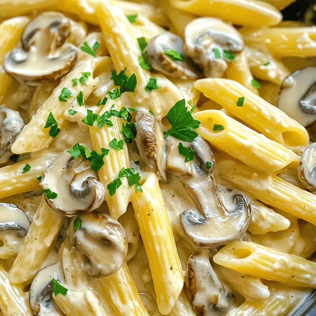 To make One Pot Creamy Mushroom Pasta, you need some key items. - 250g pasta (penne or fusilli works well) - 1 tablespoon olive oil - 1 medium onion, finely chopped - 3 cloves garlic, minced - 300g mushrooms, sliced (white or cremini) - 4 cups vegetable broth - 1 cup heavy cream or coconut cream for a dairy-free option - 1 teaspoon dried thyme - 1 teaspoon Italian seasoning - Salt and pepper to taste - 1/2 cup grated Parmesan cheese (omit for a vegan version) - Fresh parsley, chopped (for garnish) These ingredients form the base of your dish. The pasta absorbs the flavors from the broth and cream. The mushrooms add depth, and the herbs create a lovely aroma. You can enhance your dish with some extra ingredients. - Cheese alternatives (like nutritional yeast for a vegan option) - Garnishes (like extra parsley or chives) - Spices for added flavor (like red pepper flakes or paprika) These optional items let you customize the dish. You might want a little extra kick with spices or a cheesy touch with alternatives. Add whatever makes your taste buds dance! If you're ready to dive deeper, check the Full Recipe for all steps and tips. Enjoy cooking! To start, heat the olive oil in a large pot over medium heat. Add the finely chopped onion. Sauté for about 3-4 minutes until the onion turns soft and clear. This step builds a great flavor base. Next, stir in the minced garlic. Add the sliced mushrooms and cook for about 5-7 minutes. You want the mushrooms to be tender and nicely browned. This enhances their taste. Now, it's time to combine everything in one pot. Pour in the vegetable broth and bring the mixture to a boil. Once boiling, add the pasta. Stir in the dried thyme, Italian seasoning, salt, and pepper. Make sure everything mixes well. Cover the pot and reduce the heat to a simmer. Cook for 12-15 minutes until the pasta reaches that perfect al dente texture. Stir occasionally to stop it from sticking to the pot. Once the pasta is cooked, stir in the heavy cream. If you want a dairy-free option, use coconut cream. Add the grated Parmesan cheese for extra creaminess. Cook for 2-3 minutes until the sauce is warm and thick. Make sure to taste it and adjust the seasoning. Add more salt or pepper if needed. Let it sit for a few minutes as the sauce thickens. Serve hot, garnished with fresh chopped parsley for a nice touch. Preventing pasta from sticking: To keep your pasta from sticking, stir it often while it cooks. Adding a splash of olive oil to the boiling water can also help. Remember to cook your pasta until it is al dente. This means it should be firm but not hard. Overcooking can lead to sticky pasta. Choosing the right type of pasta: For this dish, I love using penne or fusilli. These shapes hold the creamy sauce well. You can also try spaghetti or farfalle if you prefer. The key is to pick a pasta that can catch the sauce. Adjusting the cream consistency: To make your sauce creamy, add the heavy cream slowly. Stir it in gently. If you want a thicker sauce, let it cook a bit longer. Keep in mind that the sauce will thicken as it cools. Dairy-free alternatives: If you want a dairy-free option, use coconut cream. It gives a nice flavor and keeps the dish creamy. You can also try cashew cream for a nutty taste. Pairing with salads or bread: This creamy mushroom pasta goes great with a fresh salad. A simple green salad with lemon dressing works well. You could also serve it with crunchy garlic bread. Best wine options: For wine lovers, a crisp white wine pairs nicely. Try a Pinot Grigio or a Chardonnay. These wines enhance the flavors of the dish without overpowering them. For the full recipe, check out the One Pot Creamy Mushroom Pasta recipe. {{image_2}} You can easily make this dish vegan by swapping some ingredients. Use coconut cream instead of heavy cream. For cheese, simply omit the Parmesan or use a vegan alternative. To boost the flavor, add chopped nuts like cashews or walnuts. Seeds, such as sunflower or pumpkin seeds, also work well for crunch. They add texture and flavor without dairy. Want to add some protein? You can include cooked chicken or shrimp for a heartier meal. Simply sauté the protein with the onions and garlic. If you prefer a vegetarian option, chickpeas or lentils are great choices. They provide protein and fiber. Just mix them in when you add the pasta. Mushrooms add depth to your dish. You can use various types to change the flavor. Try shiitake, portobello, or oyster mushrooms. Mixing different kinds makes the dish more interesting. Each mushroom brings its unique taste. This variety creates a rich, complex flavor profile in your pasta. To keep your One Pot Creamy Mushroom Pasta fresh, let it cool first. Place it in an airtight container. It should stay good for up to three days in the fridge. When you want to eat it again, just reheat it gently on the stove or in the microwave. Stir it well to make sure it heats evenly. If you want to freeze your pasta, use a freezer-safe container. Let the dish cool completely before packing it. Label the container with the date to track freshness. You can freeze it for up to three months. When ready to eat, thaw it overnight in the fridge. Reheat it gently on the stove, adding a splash of broth or cream to bring it back to life. Enjoy your creamy meal anytime! Can I use other pasta shapes? Yes, you can use any pasta shape you like. Fettuccine, spaghetti, or even shells work great. Just adjust the cooking time as needed. Each shape adds a fun twist to the dish. How can I make it gluten-free? To make this dish gluten-free, choose gluten-free pasta. Many brands offer great options that taste just as good. Be sure to check for cross-contamination if you have a severe allergy. What can I use instead of heavy cream? You can use coconut cream for a dairy-free option. It gives a rich flavor without the dairy. For a lighter choice, use half-and-half or milk with a bit of flour to thicken. Dairy-free cheese options? There are many dairy-free cheese options available. Nutritional yeast adds a cheesy flavor. You can also find brands that make vegan Parmesan or cream cheese alternatives. How long can I store leftovers? You can keep leftovers in the fridge for up to three days. Store them in an airtight container to keep them fresh. Reheat on the stove or in the microwave. Is it better to cook pasta al dente? Yes, cooking pasta al dente is best. It adds a nice bite and texture to your dish. Plus, it holds up better when mixing with sauce. Enjoy the perfect pasta every time! This blog post explored making a creamy pasta dish. We looked at key ingredients like pasta, vegetables, cream, and seasonings. You learned how to sauté and cook the pasta to get perfect texture. Tips on keeping pasta from sticking and achieving creaminess were also shared. In the end, use these simple steps to create your perfect pasta. Don’t hesitate to mix in your favorite flavors and personal touches. Enjoy your cooking!