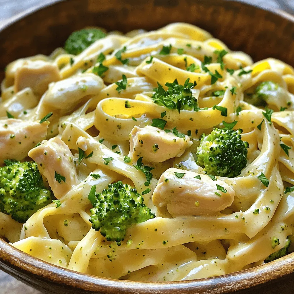To make Chicken and Broccoli Alfredo, you need some basic ingredients. Here’s the list: - 1 lb (450g) fettuccine pasta - 2 boneless, skinless chicken breasts, cut into bite-sized pieces - 2 cups broccoli florets - 3 tablespoons olive oil - 3 cloves garlic, minced - 1 cup heavy cream - 1 cup grated Parmesan cheese - 1/2 teaspoon nutmeg - Salt and pepper to taste - Chopped parsley for garnish (optional) These ingredients create a rich and creamy dish. The chicken adds protein, while broccoli gives a nice crunch. You can add more flavor with a few optional ingredients. Here are some ideas: - Lemon zest for a fresh twist - Crushed red pepper flakes for heat - Fresh herbs like basil or thyme These extras can elevate the dish and make it your own. Don't hesitate to experiment with flavors. If you have dietary needs, you can easily swap ingredients. Here are some substitutions: - Use whole wheat or gluten-free pasta for a healthier option. - Swap heavy cream with coconut milk for a dairy-free version. - Use grilled tofu instead of chicken for a vegetarian meal. These substitutions keep the dish tasty while meeting dietary choices. You can still enjoy a great Alfredo experience! Start by boiling a large pot of salted water. This adds flavor to the pasta. Once the water boils, add 1 pound of fettuccine. Cook it according to the package for about 8-10 minutes. Now, here’s the trick: add 2 cups of broccoli florets to the pot in the last 2 minutes of cooking. This method keeps the broccoli bright and crisp. After cooking, drain the pasta and broccoli together. Set them aside while you prepare the chicken and sauce. While the pasta cooks, it’s time to cook the chicken. Cut 2 boneless, skinless chicken breasts into bite-sized pieces. Heat 3 tablespoons of olive oil in a large skillet over medium heat. Season the chicken with salt and pepper. Add the chicken to the skillet. Cook for 6-8 minutes. You want the chicken to turn golden brown and be fully cooked. Once done, remove the chicken from the skillet and set it aside. In the same skillet, add 3 minced garlic cloves. Sauté these for about 30 seconds. This step makes your kitchen smell amazing. Next, pour in 1 cup of heavy cream. Bring it to a gentle simmer. Stir in 1 cup of grated Parmesan cheese and 1/2 teaspoon of nutmeg. Mix until the cheese melts and the sauce turns smooth and creamy. Taste it and add more salt and pepper if needed. Now, return the cooked pasta, broccoli, and chicken to the skillet. Toss everything together. Make sure every piece is coated in that creamy Alfredo sauce. You can find the full recipe [Full Recipe]. To make a smooth and creamy Alfredo sauce, use heavy cream. This gives the sauce its rich texture. Avoid boiling the cream too hard. A gentle simmer helps keep it creamy. When adding cheese, use fresh grated Parmesan. It melts better than pre-grated cheese. Stir it in slowly. This prevents clumps and ensures a silky sauce. For tender chicken, cut it into small pieces. This helps it cook evenly. Season the chicken with salt and pepper before cooking. Use a hot skillet with olive oil. This gives the chicken a nice golden crust. Cook it for about 6-8 minutes, turning it often. Make sure it is fully cooked to 165°F. This ensures safety and great taste. Seasoning can elevate your dish. Try adding garlic powder or Italian herbs. These add depth to the flavor. A pinch of nutmeg in the sauce gives warmth. Fresh parsley as a garnish adds color and freshness. If you like a kick, add a dash of red pepper flakes. This will provide a nice contrast to the creamy sauce. For more specifics, check the Full Recipe. {{image_2}} You can change up the sauce for your Chicken and Broccoli Alfredo. Try a garlic Parmesan sauce for a rich flavor. Just add more garlic and Parmesan cheese. For a lighter touch, think about using a white wine sauce. Simply add some white wine to the skillet after cooking the garlic. Let it simmer before adding cream. If you want to switch up the veggies, consider using spinach or asparagus. Spinach adds a nice color and taste. Just toss it in the skillet at the end to wilt it. Asparagus gives a crunchy bite. Cut it into small pieces and add it when cooking the chicken. Both options keep the meal fresh and exciting. You can easily change the protein in this dish. Shrimp works great with the creamy sauce. Cook it for just a few minutes until it turns pink. If you prefer a plant-based option, tofu is a fantastic choice. Press and cube it, then sauté until golden. Each protein brings its own unique flavor to the meal. For the full recipe, check out the Creamy Chicken & Broccoli Alfredo Delight. Store your Chicken and Broccoli Alfredo in an airtight container. Let the dish cool down to room temperature first. This helps keep the sauce creamy and the flavors fresh. Place it in the fridge if you plan to eat it within three days. If you have more left, consider freezing it. Reheat your Alfredo gently. Use a pan on low heat or a microwave. If using a microwave, add a splash of milk. This keeps the sauce from getting too thick. Stir often to ensure even heating. You want it warm, not hot, to keep the cream smooth. You can freeze Chicken and Broccoli Alfredo for up to three months. Use a freezer-safe container or bag. To freeze, let it cool completely. This stops ice crystals from forming. When ready to eat, thaw it in the fridge overnight. Reheat as mentioned above for the best taste. For the full recipe, check it out! Chicken and Broccoli Alfredo lasts about 3 to 4 days in the fridge. Store it in a sealed container. Make sure to cool it down before putting it in the fridge. This helps keep the taste fresh. Yes, you can make Chicken and Broccoli Alfredo ahead of time. Cook the pasta and chicken, then store them separately. This keeps the pasta from getting mushy. You can mix everything together when you are ready to eat. This dish is quick to reheat and serve. Fettuccine is the best pasta for Alfredo. Its flat shape holds the creamy sauce well. You can also use penne or rigatoni if you prefer. They also soak up the sauce nicely. Just remember to cook the pasta al dente for the best texture. For more details on the recipe, check out the Full Recipe. In this guide, we explored how to make Chicken and Broccoli Alfredo. We looked at essential and optional ingredients, plus dietary substitutions. You learned step-by-step cooking tips for pasta, broccoli, chicken, and sauce. I shared ways to keep your sauce creamy and your chicken juicy. We also discussed sauce and vegetable variations, and how to store leftovers. This dish is tasty and easy. Now, go make your own version at home! Enjoy your cooking adventure!