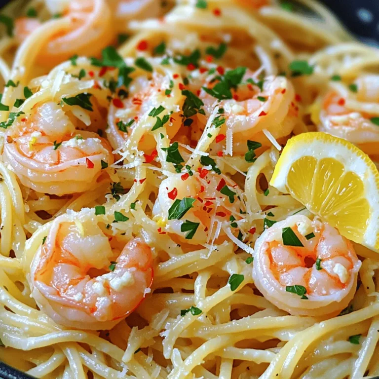 To create Garlic Butter Shrimp Pasta, gather these items: - 300g spaghetti - 400g large shrimp, peeled and deveined - 4 tablespoons unsalted butter - 4 cloves garlic, minced - 1 teaspoon red pepper flakes (adjust to taste) - 1 lemon, juiced and zested - 1/4 cup fresh parsley, chopped - Salt and pepper to taste - Grated Parmesan cheese for serving (optional) Each ingredient plays a role in making this dish so tasty. The shrimp gives it a sweet flavor. The garlic adds a nice kick. The butter creates a rich sauce. You can swap some ingredients if needed. Use fettuccine instead of spaghetti for a different noodle shape. If shrimp is hard to find, chicken or scallops work well too. Don’t have fresh parsley? Use dried herbs instead. If you want a kick but lack red pepper flakes, try cayenne pepper. For a lighter option, you can use olive oil instead of butter. Each swap keeps the dish delicious. This dish offers a balance of protein and carbs. Here’s a quick look at the nutrition per serving: - Calories: 450 - Protein: 25g - Carbohydrates: 50g - Fat: 15g - Fiber: 2g Enjoy a hearty meal without feeling too heavy. It's a great choice for lunch or dinner. For the full recipe, don’t forget to check out the detailed steps! To cook the pasta, first, boil a large pot of salted water. Use about one tablespoon of salt for every four quarts of water. Once the water boils, add 300g of spaghetti. Cook it according to the package instructions until it is al dente. This usually takes around 8-10 minutes. Remember to reserve 1 cup of the pasta water before draining. Drain the spaghetti and set it aside for later. Next, grab a large skillet and place it over medium heat. Add 4 tablespoons of unsalted butter to the skillet. Let it melt, then add 4 minced garlic cloves and 1 teaspoon of red pepper flakes. Sauté this mix for about 1 minute. You want the garlic to be fragrant but not browned. Now, add 400g of large shrimp, peeled and deveined. Season them with salt and pepper. Cook for about 2-3 minutes. The shrimp should turn pink and opaque when they are done. Once the shrimp are ready, it's time to combine everything. Add the cooked spaghetti to the skillet with the shrimp. Pour in the reserved pasta water and the juice of 1 lemon. Toss everything together. You want to make sure the spaghetti is well coated in the garlic butter sauce. Stir in the lemon zest and 1/4 cup of chopped fresh parsley. Give it a taste and adjust the seasoning if needed. Now you have a delicious Garlic Butter Shrimp Pasta ready to serve! For the full recipe, check out the [Full Recipe]. To cook pasta well, start with a big pot. Fill it with water and add salt. The water should taste like the sea. Bring the water to a boil before adding your spaghetti. Cook it according to the package directions until it's al dente. This means it should still have a slight bite. Save one cup of the pasta water before draining. This water helps when mixing everything later. When cooking shrimp, keep it simple. Use large shrimp for the best taste. Make sure they are peeled and deveined. Heat your skillet over medium heat. Add butter and let it melt. Then, toss in minced garlic and red pepper flakes for a kick. Cook the shrimp for about 2-3 minutes. They are done when they turn pink. Don't overcook them; they will become tough. For serving, plate your Garlic Butter Shrimp Pasta with flair. Fresh parsley adds color and taste. You can also sprinkle grated Parmesan cheese on top. A slice of lemon on the side brightens the meal. Serve with a crisp salad or garlic bread for a full feast. Enjoy your dish with a glass of white wine for a lovely pairing. For the full recipe, check out the instructions above. {{image_2}} Want to add some heat? Try spicy garlic butter shrimp pasta. Just mix in extra red pepper flakes during cooking. You can also add chopped fresh chili peppers for more flavor. This gives the dish a nice kick. The spice pairs well with the buttery shrimp and pasta. If you love creaminess, go for creamy garlic butter shrimp pasta. To make this, add half a cup of heavy cream to your skillet after cooking the shrimp. Stir it in until well mixed. This creates a rich sauce that coats the pasta beautifully. You can also sprinkle in some grated cheese for extra flavor. Want to boost nutrition? Try adding vegetables to your garlic butter shrimp pasta. Great options include spinach, cherry tomatoes, or zucchini. Just sauté the veggies in the skillet before adding the shrimp. This adds color and texture, making the dish even better. You get a tasty meal that is also healthy. For the full recipe, check out the detailed instructions above. To keep your garlic butter shrimp pasta fresh, store it in an airtight container. Make sure to let it cool down before sealing. Place it in the fridge if you plan to eat it in 2-3 days. If you want to save it longer, consider freezing it. When you’re ready to enjoy leftovers, reheat them gently. You can use the microwave or a skillet. For the microwave, warm it for 1-2 minutes, stirring halfway. If using a skillet, add a splash of water or broth. Stir over medium heat until hot. To freeze, place the pasta in a freezer-safe container. It’s best to freeze it without shrimp, as they can become rubbery. You can add fresh shrimp when you reheat it. This way, you’ll keep that tender texture. Enjoy your delicious meal anytime! Check out the Full Recipe for more details. Yes, you can use frozen shrimp. Just thaw them first. Place shrimp in a bowl of cold water for about 15-20 minutes. If you're in a hurry, you can run them under cold water for a few minutes. This keeps the shrimp fresh. After thawing, pat them dry with a paper towel. This helps the shrimp sear nicely in the pan. Spaghetti is a great choice for this dish. It holds the sauce well and is easy to twirl. You can also use linguine or fettuccine if you prefer. These noodles add a nice texture. Make sure to cook the pasta until it's al dente. This gives it a perfect bite and prevents it from getting mushy. To make this dish dairy-free, swap butter for olive oil or a vegan butter. Both options work well and keep the flavor tasty. Use a dairy-free cheese if you want to add a cheesy touch. Nutritional yeast can also give a cheesy flavor. This way, you can enjoy garlic butter shrimp pasta without the dairy. For the full recipe, check the earlier sections. This blog post covered everything about cooking garlic butter shrimp pasta. We discussed key ingredients, substitutions, and nutrition facts. You learned step-by-step how to cook pasta and shrimp. I included helpful tips for perfect cooking and serving. You also saw tasty variations and how to store your meal. In making this dish, enjoy every bite and impress your friends. Cooking can be fun and easy!