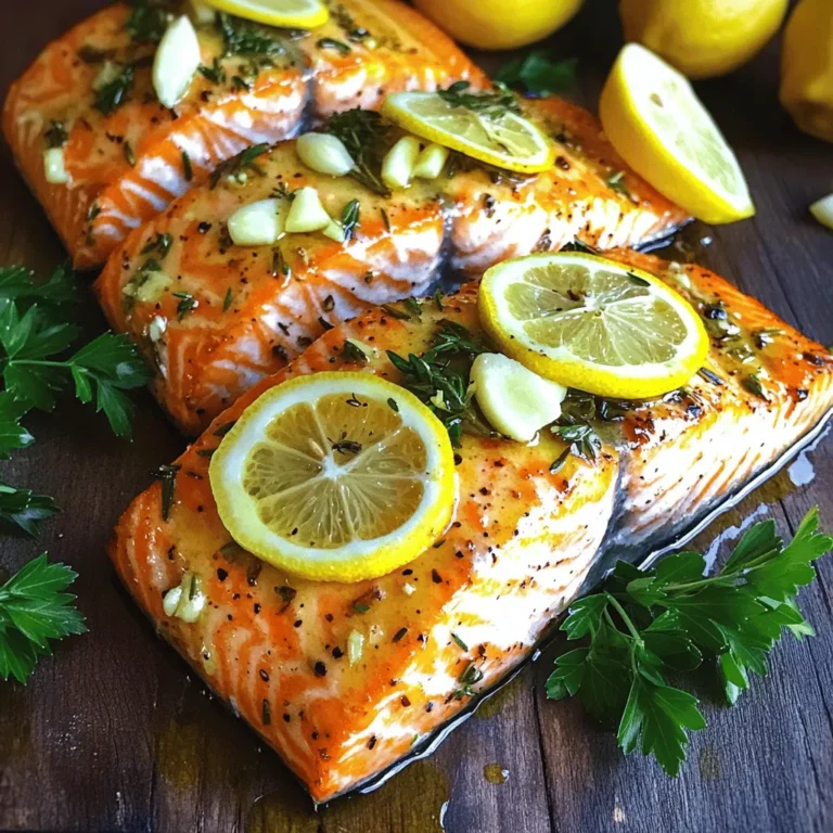 To make zesty lemon roasted salmon, you need simple, fresh ingredients. Here’s the list: - 4 salmon fillets (about 6 oz each) - 2 tablespoons olive oil - 2 lemons (1 for juice, 1 for slices) - 3 cloves garlic, minced - 1 teaspoon fresh thyme leaves - 1 teaspoon fresh rosemary, chopped - Salt and pepper to taste - Fresh parsley, chopped for garnish Using high-quality salmon makes a big difference. Look for bright, firm fillets. Fresh herbs add great flavor. The lemon juice brightens the dish and keeps the salmon moist. Olive oil helps everything cook nicely and adds richness. Feel free to adjust seasonings to your taste. You can use more garlic if you love it or add a pinch of cayenne for heat. This dish is all about balance and freshness. For the complete cooking process, check the Full Recipe. First, you need to preheat the oven to 400°F (200°C). This step is key for getting crispy skin and tender fish. While it heats, let’s prepare the salmon. In a small bowl, mix together the olive oil, juice from one lemon, minced garlic, thyme, rosemary, salt, and pepper. This marinade adds a punch of flavor. Next, take your salmon fillets, and place them skin-side down on a lined baking sheet. This helps with easy cleanup. Brush the marinade generously over the top of each fillet. Make sure every piece is well coated. Slice the second lemon into thin rounds. Place 2-3 slices on each salmon fillet. This adds extra flavor and a pretty look. Now, it’s time to bake! Place the salmon in the preheated oven. Bake for about 12-15 minutes. The salmon is done when it flakes easily with a fork. Watch for the color change. The fish should be opaque and slightly firm. This means it’s ready to come out. After baking, remove the salmon from the oven. Let it rest for a couple of minutes. This helps keep the juices inside. Just before serving, sprinkle some fresh parsley on top. It adds a nice pop of color and freshness. For the full recipe, check out the detailed instructions above. Enjoy your meal! - Best herbs for pairing: Fresh herbs make a big difference. I love using thyme and rosemary. They add depth and aroma. You can also try dill or parsley for a fresh twist. These herbs boost the lemon flavor, making it pop! - Marinade adjustments: If you want more zing, add extra lemon juice. Honey can bring sweetness to balance the tang. For a spicy kick, mix in some red pepper flakes. Get creative! Each tweak brings a new flavor to your dish. - Tips for even cooking: Make sure all your salmon fillets are the same size. This helps them cook evenly. Use a lined baking sheet for easy cleanup. Always place the salmon skin-side down. This helps keep it moist and tender. - Avoiding overcooking: Salmon cooks quickly, so watch it closely. Start checking at 12 minutes. The fish is done when it flakes easily with a fork. If you see white albumin on the surface, it means it’s getting too hot. Pull it out before that happens! - Recommended side dishes: Zesty lemon roasted salmon pairs well with many sides. Try serving it with steamed asparagus or roasted potatoes. A fresh green salad also adds a nice crunch. These sides complement the salmon’s flavor beautifully. - Pairing beverages: A crisp white wine works great with this dish. Sauvignon Blanc or Pinot Grigio are excellent choices. If you prefer non-alcoholic drinks, serve sparkling water with a lemon wedge. This keeps it light and refreshing. {{image_2}} You can switch up the type of fish in this recipe. Cod, trout, or even tilapia work well. These fish have a mild flavor that pairs nicely with lemon. You can also mix in different herbs and spices. Consider dill, basil, or even a pinch of red pepper flakes. Each choice adds a unique twist to your dish. Grilling adds a smoky flavor that makes salmon shine. To grill, preheat your grill to medium-high heat. Cook the salmon skin-side down for about 6-8 minutes. Flip it gently and grill for another 4-6 minutes. If you prefer roasting, the oven is your best friend. Roasting cooks the salmon evenly, keeping it moist and tender. You can also use an air fryer for a quick option. Set your air fryer to 400°F (200°C). Cook the salmon fillets for 8-10 minutes. This method gives you a crispy outside while keeping the fish juicy inside. This recipe is already gluten-free. You can enjoy it without worry. For a low-carb meal, serve it with veggies instead of rice or bread. Think about a fresh salad or roasted asparagus. These variations let you enjoy zesty lemon roasted salmon in many ways. You can find the full recipe above for more details! To store leftovers, let the salmon cool first. Wrap each piece tightly in plastic wrap or foil. Place them in an airtight container to keep them fresh. You can store the salmon in the fridge for up to three days. For best flavor, eat it sooner rather than later. To freeze salmon properly, wrap each fillet in plastic wrap. Then put them in a freezer bag or airtight container. Remove as much air as possible to prevent freezer burn. You can freeze the salmon for up to three months. When it's time to thaw, move the salmon to the fridge. Let it thaw overnight for the best results. If you're short on time, you can use the cold water method. Just place the sealed fish in cold water for about an hour. For reheating, the oven is your best friend. Preheat it to 300°F (150°C). Place the salmon on a baking sheet and cover it with foil. Heat for about 10-15 minutes or until warm. This method keeps the salmon moist and flaky. You can also reheat it in a microwave. Use a microwave-safe dish and cover it with a damp paper towel. Heat in short bursts of 30 seconds, checking often. This way, you avoid drying out the fish. You can check if the salmon is done by looking for a few signs: - The fish should change color from a bright pink to a lighter shade. - It should flake easily with a fork. - The internal temperature should reach 145°F (63°C). When the salmon is cooked, it looks opaque and feels firm to the touch. If it is still raw in the center, it needs more time in the oven. I suggest checking it at the 12-minute mark to avoid overcooking. Yes, you can use frozen salmon! Here are some tips: - Thaw the salmon in the fridge overnight or use the cold water method. - If you are short on time, you can cook it from frozen. Just add a few extra minutes to the cooking time. - Make sure to pat the salmon dry before marinating to help the flavors stick. Using frozen salmon can be just as good as fresh if prepared properly. Pairing your salmon with great sides makes the meal even better. Here are some ideas: - Roasted vegetables like asparagus or broccoli add color and crunch. - A simple green salad with lemon vinaigrette will balance the flavors. - Quinoa or rice can soak up the zesty juices and make a filling dish. - Garlic bread offers a delicious, crunchy side. Feel free to mix and match based on what you enjoy! You can find the full recipe [here](#). In this blog post, I shared how to prepare zesty lemon roasted salmon. You learned about key ingredients, step-by-step cooking instructions, and tips for success. I also covered variations and storage. Remember, using fresh herbs and the right cooking method enhances flavor. Whether you grill, bake, or air fry, enjoy experimenting with different ingredients. With practice, you will master this dish. Now, you can impress with your delicious salmon and perfect pairings. Cook well and enjoy every bite!
