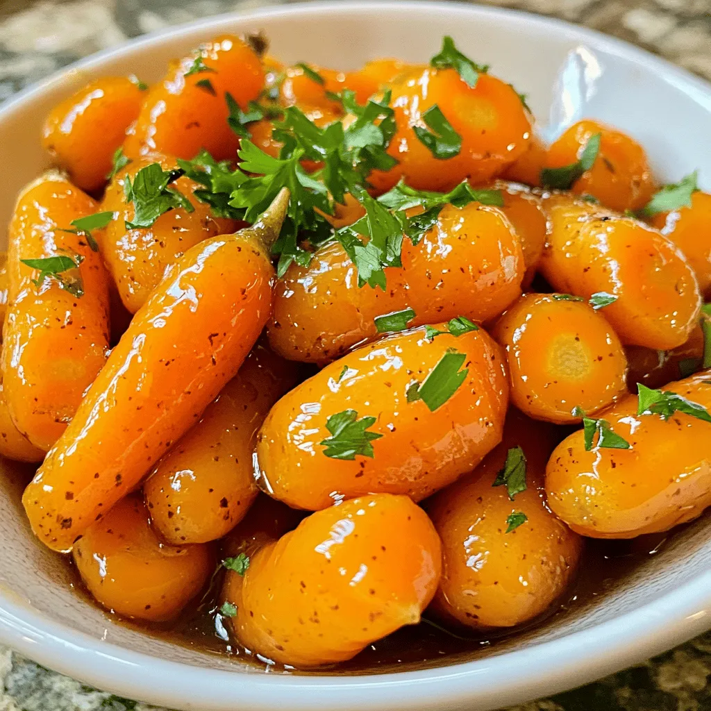 - 1 pound baby carrots - 1 large orange (zested and juiced) - 2 tablespoons honey - 1 tablespoon butter - 1 teaspoon fresh ginger (grated) - 1/4 teaspoon cinnamon - Salt to taste - Fresh parsley (chopped) When making orange glazed carrots, you need fresh baby carrots. These sweet, tender bites make a great base. Use one large orange to add bright flavor. Zest and juice it for the best taste. Honey brings sweetness and helps the glaze stick. To enhance the flavor, use butter for richness. Fresh ginger adds warmth and a slight kick. Cinnamon brings a cozy note, while salt balances it all. For garnishing, chop fresh parsley. It gives a pop of color and freshness. This simple yet vibrant dish will impress your family and friends. You can find the full recipe [here](#). Start by boiling water in a medium saucepan. You need about 1 inch of water. Add the baby carrots and steam them for about 5 to 7 minutes. The goal is to make them tender but still crisp. Once they are cooked, drain them and set them aside. This process helps keep the carrots bright and sweet. In a large skillet over medium heat, melt the butter. Once it melts, add the grated ginger. Stir it for about 30 seconds until it smells great. Now, pour in the juice and zest from the orange. Then, add the honey and cinnamon. Mix everything well. Allow the mixture to simmer gently. You want it to reduce a bit for about 3 to 4 minutes. This step brings out all the sweet and tangy flavors. Now it’s time to add the steamed carrots into the skillet. Toss them well to coat with the orange glaze. Cook them for another 2 to 3 minutes. This helps the glaze thicken and stick to the carrots. Make sure to season with salt to your taste. Give the carrots one last toss in the skillet. They should be shiny and flavorful. For the full recipe, check out the detailed instructions. Enjoy your delicious orange glazed carrots! To get the best texture for your carrots, start by steaming them. Steam them for about 5 to 7 minutes. You want them tender, but still a bit crisp. If they feel too soft, they may not hold up well in the glaze. The glaze should thicken nicely while you cook. You will see it coat the back of a spoon. When it clings well, you know it's ready. A good sign is when the glaze starts to bubble gently. You can add fun spices or herbs to change the flavor. A pinch of nutmeg or some fresh thyme can make a big difference. If you want a sweeter taste, try adding more honey. Just stir it in and taste as you go. Everyone has a different sweet tooth! For special occasions, think about how you serve the carrots. A nice white plate can make the bright orange pop. You can also serve them in a bowl with a sprinkle of chopped parsley on top. Garnishing is key! Try using orange zest or even some toasted nuts for crunch. These simple touches make your dish look and taste gourmet. For the full recipe, check out the details provided earlier. {{image_2}} You can easily make this dish vegan. Simply replace the butter with olive oil or coconut oil. Both options add great flavor and keep the carrots moist. For gluten-free cooking, this recipe is already safe. None of the ingredients contain gluten, so you can enjoy these glazed carrots worry-free. Want a bit of crunch? Add some chopped nuts or seeds. Toasted almonds or sunflower seeds work wonderfully. They give a nice texture and flavor boost. You can also switch up the citrus. Try using lemon or lime juice instead of orange juice. This adds a unique twist and brightens the dish. For an Asian twist, consider adding soy sauce or sesame oil. This gives a savory kick that pairs well with the sweetness of the carrots. You might also try a Mediterranean version. Toss in fresh herbs like thyme or rosemary, and add some olives for a salty bite. These variations can take your orange glazed carrots to a whole new level. Enjoy experimenting! After making orange glazed carrots, let them cool down. Then, transfer them to airtight containers. This helps keep the flavors fresh. Store them in the fridge for up to four days. To reheat your carrots, use the stove for best results. Warm them gently in a skillet. This keeps their texture nice. If you need a quicker option, use the microwave. Heat them in short bursts, checking often to avoid overcooking. Freezing orange glazed carrots is easy. Place cooled carrots in a freezer-safe bag or container. Remove as much air as possible. They can last for about three months. To thaw, move them to the fridge overnight. Reheat them on the stove or in the microwave after thawing. Enjoy your delicious dish at any time! You can find the [Full Recipe] for orange glazed carrots in the previous sections. How long do orange glazed carrots last in the fridge? Orange glazed carrots last about 3 to 5 days in the fridge. Store them in an airtight container to keep them fresh. When you reheat them, they may lose some crunch but will still taste great. Can I use frozen carrots instead of fresh ones? Yes, you can use frozen carrots! They will cook faster, so adjust your steaming time. Just make sure to thaw and drain them before adding to the glaze for the best flavor. What are the key nutrients in orange glazed carrots? Orange glazed carrots are rich in vitamins A and C. They also provide dietary fiber and antioxidants. The honey adds a touch of natural sweetness, while ginger gives it a nice kick. Is this recipe healthy for children and families? Absolutely! This recipe is healthy and packed with nutrients. The bright flavors make it appealing for kids, and the ingredients are simple and wholesome for the whole family. Can I double the recipe for a larger gathering? You can easily double this recipe! Just make sure you have a larger skillet or cook in batches. The glaze will still coat the carrots perfectly. What side dishes pair well with orange glazed carrots? Orange glazed carrots go well with grilled chicken, roasted pork, or even a hearty quinoa salad. They add a sweet and colorful touch to any plate. For more ideas, check out the Full Recipe. In this article, we covered how to make delicious orange glazed carrots. You learned about essential ingredients like baby carrots, orange juice, and honey. We also explored tips for cooking and storing the dish. Remember to adjust flavors to your taste and try various garnishing options. These carrots can be a perfect side for any meal. Enjoy this simple yet tasty recipe, and don’t hesitate to experiment with new flavors. Your home-cooked meals can be both easy and impressive!