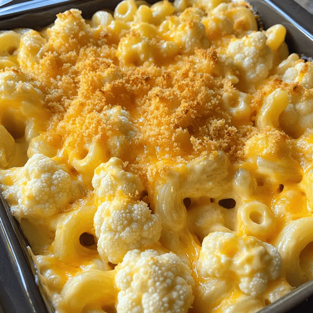 This dish is all about simple, fresh ingredients. Here’s what you need: - Medium head of cauliflower - Elbow macaroni (or gluten-free pasta) - Shredded sharp cheddar cheese - Milk (dairy or plant-based) - Butter - All-purpose flour (or gluten-free flour) - Garlic powder - Onion powder - Salt and pepper - Breadcrumbs (optional) - Olive oil (for breadcrumbs) Each ingredient plays a key role. The cauliflower gives a healthy twist, while cheese adds that creamy texture. You can choose gluten-free pasta if you want. I love using sharp cheddar because it packs a lot of flavor, making each bite rich and satisfying. Milk, whether dairy or plant-based, helps create that smooth cheese sauce. Butter and flour work together to thicken the sauce perfectly. Garlic and onion powders add depth, while salt and pepper round out the flavors. If you want a crunchy topping, breadcrumbs mixed with olive oil add a great finish. This list sets you up for a delicious meal. For the full recipe, check out the complete instructions. - Boil a large pot of water. - Add the chopped cauliflower florets. - Cook for 5-7 minutes until tender. - Drain the florets and set them aside. - In the same pot, add elbow macaroni. - Follow the package instructions for cooking. - Drain the macaroni and set it aside. - Melt butter in a medium pan over medium heat. - Add flour and whisk for about 1-2 minutes. - Gradually whisk in the milk, avoiding lumps. - Add garlic powder, onion powder, salt, and pepper. - Cook until the sauce thickens, about 3-5 minutes. - Stir in 1.5 cups of shredded cheese until smooth. - In a large bowl, combine the cooked macaroni and steamed cauliflower. - Pour the cheese sauce over the mixture. - Stir to ensure even coating of all ingredients. - Preheat your oven to 350°F (175°C). - Transfer the mac and cheese mix to a baking dish. - Bake for 20-25 minutes until golden and bubbly. - Let it cool slightly before serving. For more details, check the Full Recipe. To make a smooth cheese sauce, whisk constantly. This helps avoid lumps. Start with melted butter and flour. Stir for a minute until it bubbles. Then, slowly add milk while whisking. Keep whisking until the mix thickens. It should take about 3-5 minutes. For great flavor, use sharp cheddar cheese. It adds a rich taste. You can also blend in Gruyère or mozzarella. Gruyère gives a nutty twist, while mozzarella makes it extra gooey. Mixing these cheeses can create a unique flavor. Cook the cauliflower until it is tender. This usually takes 5-7 minutes in boiling water. If you cook it too long, it can get mushy. Keep an eye on it so it holds its shape. Cut the florets into similar sizes for even cooking. {{image_2}} For a plant-based version, swap the cheese and milk. Use nutritional yeast for a cheesy taste. You can also use cashew cream or coconut milk for a rich texture. For the cheese, try vegan cheese shreds. They melt well and taste great in this dish. These substitutions make your meal creamy and delicious without dairy. You can add more veggies for extra nutrition. Spinach works great; it wilts down nicely. Just stir it in when you mix the pasta and sauce. Broccoli is another great option. Steam it lightly and mix it in for added crunch and color. These veggies add vitamins and a fresh taste to your meal. Boost the flavor with spices and herbs. Try adding paprika for warmth. A pinch of cayenne pepper gives a nice kick. Fresh herbs like thyme or basil can brighten the dish. Experimenting with spices can make your mac and cheese unique. This way, every bite offers something special. To keep your cauliflower mac and cheese fresh, let it cool first. Transfer it to an airtight container. Store it in the fridge for up to three days. When reheating, add a splash of milk for creaminess. You can warm it in the oven or microwave until heated through. You can freeze cauliflower mac and cheese for later. First, let it cool completely. Then, place it in a freezer-safe container. It can last up to three months in the freezer. To reheat, thaw it overnight in the fridge. Then bake it at 350°F (175°C) until hot. For the best taste, eat leftovers within three days. If you freeze it, use it within three months. Always check for signs of spoilage, like off smells or discoloration. Proper storage keeps your dish tasty and safe to eat. Yes, you can use frozen cauliflower. It saves time and is easy to work with. When using frozen cauliflower, you don't need to boil it as long. Just steam it for 3-5 minutes. This way, it stays tender and blends well with the cheese sauce. I love having frozen cauliflower on hand. It makes meal prep quick and simple. To make this dish gluten-free, swap regular flour for gluten-free flour. You can also choose gluten-free pasta instead of elbow macaroni. There are many good brands available now. They cook just like regular pasta. Your dish will still taste great and be creamy. This dish pairs well with many sides. Try serving it with a fresh salad or steamed veggies. Roasted broccoli or Brussels sprouts add nice texture. Grilled chicken or fish also works well for protein. Consider serving a light soup as a starter. This way, you create a complete meal that everyone will enjoy. For the full recipe, check out the complete instructions and details above. This guide detailed how to make a tasty cauliflower mac and cheese. We covered the ingredients, cooking methods, and baking tips. You can also try vegan options and add veggies for more flavor. Remember to store leftovers well for future enjoyment. With these steps, you can create a comforting dish for any occasion. Enjoy your cooking adventure and share your results!