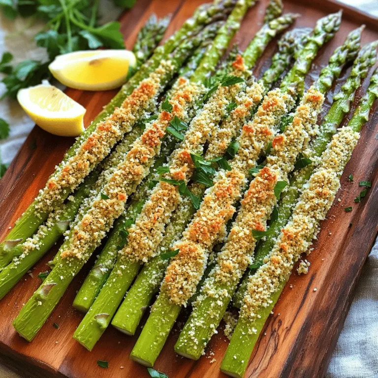 - 1 pound fresh asparagus, trimmed - ½ cup grated Parmesan cheese - ¼ cup breadcrumbs (panko for extra crunch) - 2 tablespoons olive oil - 1 teaspoon garlic powder - ½ teaspoon paprika - Salt and pepper to taste - Zest of 1 lemon (for a fresh twist) - Baking sheet - Parchment paper - Mixing bowls - Measuring cups and spoons When I make baked Parmesan asparagus, I always start with fresh asparagus. Choosing bright green stalks with firm tips ensures great taste. You want to avoid limp or yellowing asparagus. I also use panko breadcrumbs. They give a crispier texture than regular breadcrumbs. The cheese adds a nice salty flavor that makes this dish sing. Don’t forget the lemon zest! It brightens up the flavors. The garlic powder and paprika add depth, creating a well-rounded taste. Using the right tools makes cooking easier. A baking sheet lined with parchment paper helps with cleanup. Mixing bowls let you combine the ingredients well, so each piece gets coated. I find that these ingredients come together to create a dish that is both crispy and flavorful. You can enjoy it as a side or a healthy snack. For the full recipe, check the earlier sections. - Preheat the oven to 425°F (220°C). - Prepare the baking sheet with parchment. This makes cleanup easy. - In a bowl, combine the grated Parmesan, breadcrumbs, garlic powder, paprika, lemon zest, salt, and pepper. Mix until all is blended well. - In another bowl, drizzle olive oil over the trimmed asparagus. Toss the asparagus to coat it well. - Now, take each piece of asparagus. Roll it in the cheese and breadcrumb mix. Press gently so it sticks well. - Arrange the coated asparagus on the baking sheet in a single layer. - Bake in the oven for 12-15 minutes. The asparagus should be tender and the coating crispy. To make your asparagus really crunchy, use panko breadcrumbs. They add a great texture. Adjust your oven rack to the middle. This helps heat circulate evenly. You want all sides of the asparagus to cook well. Think about adding fresh herbs or spices to boost flavor. Basil, thyme, or dill work great. You can also try different cheese types. Goat cheese or cheddar can create fun twists. Experimenting can lead to tasty surprises. For a beautiful presentation, serve your asparagus on a nice platter. Drizzle a little olive oil or fresh lemon juice over the top. It adds shine and flavor. Garnish with lemon wedges and fresh parsley. This gives a pop of color and freshness. {{image_2}} You can make this dish even more colorful and tasty. Consider adding roasted cherry tomatoes. Their sweet flavor pairs well with the asparagus. You can also slice bell peppers for extra color and crunch. Both options enhance the dish without much work. If you want to change the cheese, try using feta or goat cheese. These cheeses offer a tangy taste that works well with asparagus. For a different flavor, incorporate cheddar. Its sharpness adds a unique twist to the dish. To spice things up, add chili flakes for a spicy version. This will give your asparagus a nice kick. You can also try a Mediterranean style. Mixing in olives and feta creates a fresh and vibrant dish. These variations keep the recipe fun and interesting. For more details on how to make this dish, check the Full Recipe. After you bake your crispy asparagus, let it cool completely. This step helps keep the texture right. Once cooled, place the asparagus in an airtight container. It stays fresh for up to 3 days in the fridge. Just remember to avoid stacking them too high to keep them crisp. If you have leftovers, you can freeze them. First, let the asparagus cool. Then, place them in a single layer on a baking sheet. Freeze them for about 1 hour. Once frozen, transfer them to a freezer bag. They can last for up to 2 months. For reheating, bake them at 400°F (200°C) for about 10-12 minutes. This warms them up while keeping them crispy. To keep asparagus fresh before cooking, store it upright in a jar with water like flowers. Cover the tops with a plastic bag. Change the water every few days. Look for signs of spoilage, like soft spots or a slimy texture. Fresh asparagus should feel firm and snap easily when bent. Bake the asparagus at 425°F (220°C) for 12 to 15 minutes. This time gives the asparagus a tender inside and a crispy outside. Keep an eye on it near the end. You want it golden, not burnt. Yes, you can prep the asparagus ahead. Coat it and place it on the baking sheet. Cover it with plastic wrap and store it in the fridge. When you're ready, bake it straight from the fridge. It may need a minute or two longer to cook. Baked Parmesan asparagus pairs well with many dishes. Try it with grilled chicken, fish, or steak. It also goes great with pasta or as part of a veggie platter. The flavors mix well with lemony or herby meals. For detailed instructions and variations, check the [Full Recipe]. Baked Parmesan asparagus is simple and tasty. You learned the best ingredients, tools, and steps to make it. You can boost the flavor with fresh herbs or try different cheeses. Store leftovers well to enjoy later. Follow my tips for the perfect crunch and presentation. With these ideas, you can impress your family and friends. Start your cooking adventure today, and enjoy every bite!