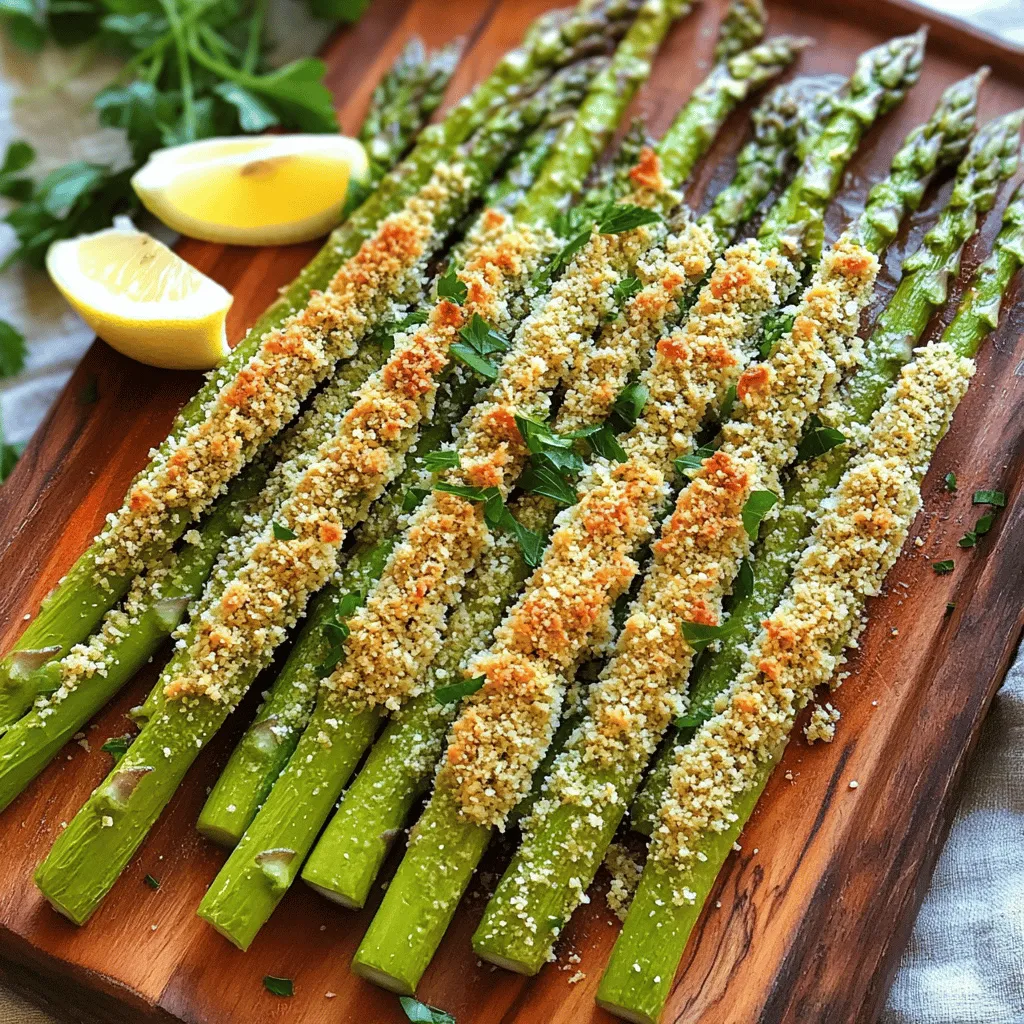 - 1 pound fresh asparagus, trimmed - ½ cup grated Parmesan cheese - ¼ cup breadcrumbs (panko for extra crunch) - 2 tablespoons olive oil - 1 teaspoon garlic powder - ½ teaspoon paprika - Salt and pepper to taste - Zest of 1 lemon (for a fresh twist) - Baking sheet - Parchment paper - Mixing bowls - Measuring cups and spoons When I make baked Parmesan asparagus, I always start with fresh asparagus. Choosing bright green stalks with firm tips ensures great taste. You want to avoid limp or yellowing asparagus. I also use panko breadcrumbs. They give a crispier texture than regular breadcrumbs. The cheese adds a nice salty flavor that makes this dish sing. Don’t forget the lemon zest! It brightens up the flavors. The garlic powder and paprika add depth, creating a well-rounded taste. Using the right tools makes cooking easier. A baking sheet lined with parchment paper helps with cleanup. Mixing bowls let you combine the ingredients well, so each piece gets coated. I find that these ingredients come together to create a dish that is both crispy and flavorful. You can enjoy it as a side or a healthy snack. For the full recipe, check the earlier sections. - Preheat the oven to 425°F (220°C). - Prepare the baking sheet with parchment. This makes cleanup easy. - In a bowl, combine the grated Parmesan, breadcrumbs, garlic powder, paprika, lemon zest, salt, and pepper. Mix until all is blended well. - In another bowl, drizzle olive oil over the trimmed asparagus. Toss the asparagus to coat it well. - Now, take each piece of asparagus. Roll it in the cheese and breadcrumb mix. Press gently so it sticks well. - Arrange the coated asparagus on the baking sheet in a single layer. - Bake in the oven for 12-15 minutes. The asparagus should be tender and the coating crispy. To make your asparagus really crunchy, use panko breadcrumbs. They add a great texture. Adjust your oven rack to the middle. This helps heat circulate evenly. You want all sides of the asparagus to cook well. Think about adding fresh herbs or spices to boost flavor. Basil, thyme, or dill work great. You can also try different cheese types. Goat cheese or cheddar can create fun twists. Experimenting can lead to tasty surprises. For a beautiful presentation, serve your asparagus on a nice platter. Drizzle a little olive oil or fresh lemon juice over the top. It adds shine and flavor. Garnish with lemon wedges and fresh parsley. This gives a pop of color and freshness. {{image_2}} You can make this dish even more colorful and tasty. Consider adding roasted cherry tomatoes. Their sweet flavor pairs well with the asparagus. You can also slice bell peppers for extra color and crunch. Both options enhance the dish without much work. If you want to change the cheese, try using feta or goat cheese. These cheeses offer a tangy taste that works well with asparagus. For a different flavor, incorporate cheddar. Its sharpness adds a unique twist to the dish. To spice things up, add chili flakes for a spicy version. This will give your asparagus a nice kick. You can also try a Mediterranean style. Mixing in olives and feta creates a fresh and vibrant dish. These variations keep the recipe fun and interesting. For more details on how to make this dish, check the Full Recipe. After you bake your crispy asparagus, let it cool completely. This step helps keep the texture right. Once cooled, place the asparagus in an airtight container. It stays fresh for up to 3 days in the fridge. Just remember to avoid stacking them too high to keep them crisp. If you have leftovers, you can freeze them. First, let the asparagus cool. Then, place them in a single layer on a baking sheet. Freeze them for about 1 hour. Once frozen, transfer them to a freezer bag. They can last for up to 2 months. For reheating, bake them at 400°F (200°C) for about 10-12 minutes. This warms them up while keeping them crispy. To keep asparagus fresh before cooking, store it upright in a jar with water like flowers. Cover the tops with a plastic bag. Change the water every few days. Look for signs of spoilage, like soft spots or a slimy texture. Fresh asparagus should feel firm and snap easily when bent. Bake the asparagus at 425°F (220°C) for 12 to 15 minutes. This time gives the asparagus a tender inside and a crispy outside. Keep an eye on it near the end. You want it golden, not burnt. Yes, you can prep the asparagus ahead. Coat it and place it on the baking sheet. Cover it with plastic wrap and store it in the fridge. When you're ready, bake it straight from the fridge. It may need a minute or two longer to cook. Baked Parmesan asparagus pairs well with many dishes. Try it with grilled chicken, fish, or steak. It also goes great with pasta or as part of a veggie platter. The flavors mix well with lemony or herby meals. For detailed instructions and variations, check the [Full Recipe]. Baked Parmesan asparagus is simple and tasty. You learned the best ingredients, tools, and steps to make it. You can boost the flavor with fresh herbs or try different cheeses. Store leftovers well to enjoy later. Follow my tips for the perfect crunch and presentation. With these ideas, you can impress your family and friends. Start your cooking adventure today, and enjoy every bite!