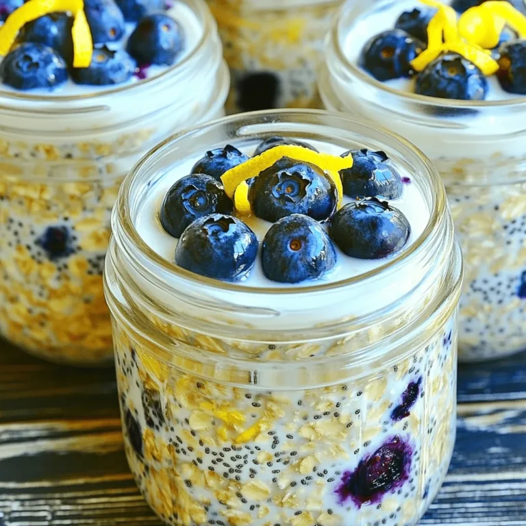 To make Lemon Blueberry Overnight Oats, gather these key ingredients: - 1 cup rolled oats - 1 cup unsweetened almond milk (or milk of your choice) - 1/2 cup Greek yogurt (optional for creaminess) - 1 tablespoon chia seeds - 2 tablespoons maple syrup (or honey) - Zest of 1 lemon - 2 tablespoons fresh lemon juice - 1 cup fresh blueberries (divided) - A pinch of salt - 1 teaspoon vanilla extract Each ingredient plays a vital role. Rolled oats form the base and absorb liquid well. Almond milk adds a creamy texture while keeping it light. Greek yogurt makes the oats richer but is optional. Chia seeds add fiber and help with thickening. The lemon zest and juice bring a bright, fresh flavor. Fresh blueberries add sweetness and color. A little salt balances the flavors, and vanilla extract enhances the overall taste. This mix of ingredients creates a tasty and nutritious breakfast. If you want the full recipe, check out the Lemon Blueberry Bliss Overnight Oats π«. Start by measuring the dry ingredients. In a medium bowl, add: - 1 cup rolled oats - 1 tablespoon chia seeds - A pinch of salt Mix these well. In another bowl, combine the wet ingredients: - 1 cup unsweetened almond milk (or your choice of milk) - 1/2 cup Greek yogurt (optional) - 2 tablespoons maple syrup (or honey) - Zest of 1 lemon - 2 tablespoons fresh lemon juice - 1 teaspoon vanilla extract Stir until smooth. This helps blend the flavors and makes everything creamy. Now, itβs time to combine everything. Pour the wet mixture into the bowl with the dry ingredients. Stir until all oats are coated. Folding in blueberries is crucial. Gently add 3/4 cup of fresh blueberries. This keeps them whole and juicy. They add a burst of flavor with every bite. Once mixed, divide the mixture into two airtight jars. Seal the jars well. Place them in the fridge overnight. This resting time allows the oats to soak up the liquid. You can use any airtight container, but jars are great for easy storage. In the morning, stir the oats again. If you want more sweetness, add a little extra maple syrup. Enjoy your tasty lemon blueberry oats! To ensure the right consistency, always use rolled oats. They soak up the liquid well. If you want a creamier texture, add Greek yogurt. The chia seeds help thicken the oats, too. If your oats seem too thick, add a splash more milk. Adjusting sweetness is easy. Start with the maple syrup or honey. Taste before you serve. If you want them sweeter, add more. You can also use ripe bananas or applesauce for natural sweetness. Preparing in bulk is a great idea. You can make a few jars for the week. Just multiply the ingredients by the number of servings you need. Keep the jars in the fridge for quick breakfasts. Store your overnight oats in airtight containers. This keeps them fresh. It also saves space in your fridge. You can grab one on your way out. Toppings and garnishes can make your oats special. Fresh blueberries are a must. You can also add nuts or seeds for crunch. A sprinkle of cinnamon adds warmth and flavor. For pairing ideas, consider yogurt or smoothies. They make a balanced breakfast. You can enjoy lemon blueberry overnight oats with a cup of herbal tea or coffee for a nice start to your day. For the full recipe, check out the Lemon Blueberry Bliss Overnight Oats. {{image_2}} You can easily change the flavor of your lemon blueberry overnight oats. Try using different fruits like strawberries or raspberries. Both fruits add a sweet twist. If you want less sugar, consider using alternative sweeteners like agave syrup or stevia. This change keeps the oats tasty while being mindful of sugar intake. If you need dairy-free options, use almond milk or coconut milk. Both work well and keep the recipe creamy. For a gluten-free version, choose gluten-free rolled oats. They taste great and ensure everyone can enjoy this dish. Make your overnight oats even more special. Adding nut butters like almond or peanut butter gives a rich flavor. You can also sprinkle in seeds such as flax or pumpkin for extra crunch. Want to spice things up? Try adding a pinch of cinnamon or ginger. These spices enhance the flavor and make your oats unique. For the full recipe, check out the section above. I recommend using airtight jars or containers for your overnight oats. These keep the oats fresh and tasty. Glass jars work great and let you see the colorful layers. You can stack them in your fridge to save space. This way, you can keep your fridge organized and ready for quick breakfasts. Your lemon blueberry overnight oats will last for about 3 to 5 days in the fridge. Make sure to check for signs of spoilage. If you see any mold or if they smell off, itβs best to toss them. Fresh blueberries can go bad quickly, so keep an eye on those. You can enjoy your oats cold straight from the fridge. If you prefer them warm, just pop them in the microwave for about 30 to 60 seconds. Stir them well after heating. You might want to add a splash of almond milk if they look too thick. This keeps them creamy and delicious. Enjoy your oats however you like! For the full recipe, check out the earlier section. Yes, you can use steel-cut oats. They will give a chewier texture. However, they need more time to soak. I suggest letting them sit overnight for best results. You may also need to add more liquid. To make overnight oats dairy-free, simply use almond milk or any plant-based milk. You can skip the yogurt or use a dairy-free yogurt. This change keeps the oats creamy and delicious. Maple syrup and honey are great options for sweetness. You can also use agave nectar or stevia. Start with a little, then taste and adjust as needed. Overnight oats can last up to five days in the fridge. Store them in airtight containers. Check for any signs of spoilage, like off smells or changes in texture. No, yogurt is not necessary. It adds creaminess and protein but is optional. If you skip it, you may want to increase the liquid a bit. Enjoy your oats just how you like! For the full recipe, see the details above. You now have all you need to make your own delicious overnight oats. We covered ingredients, step-by-step instructions, and tips for perfect results. Remember, you can customize flavors and adjust sweetness to suit your taste. Store your oats properly to keep them fresh and ready to eat. Enjoy experimenting with different fruits and toppings. This simple dish can fit any diet and save you time. With these straightforward methods, breakfast just became easy and tasty. Get ready to savor every spoonful!