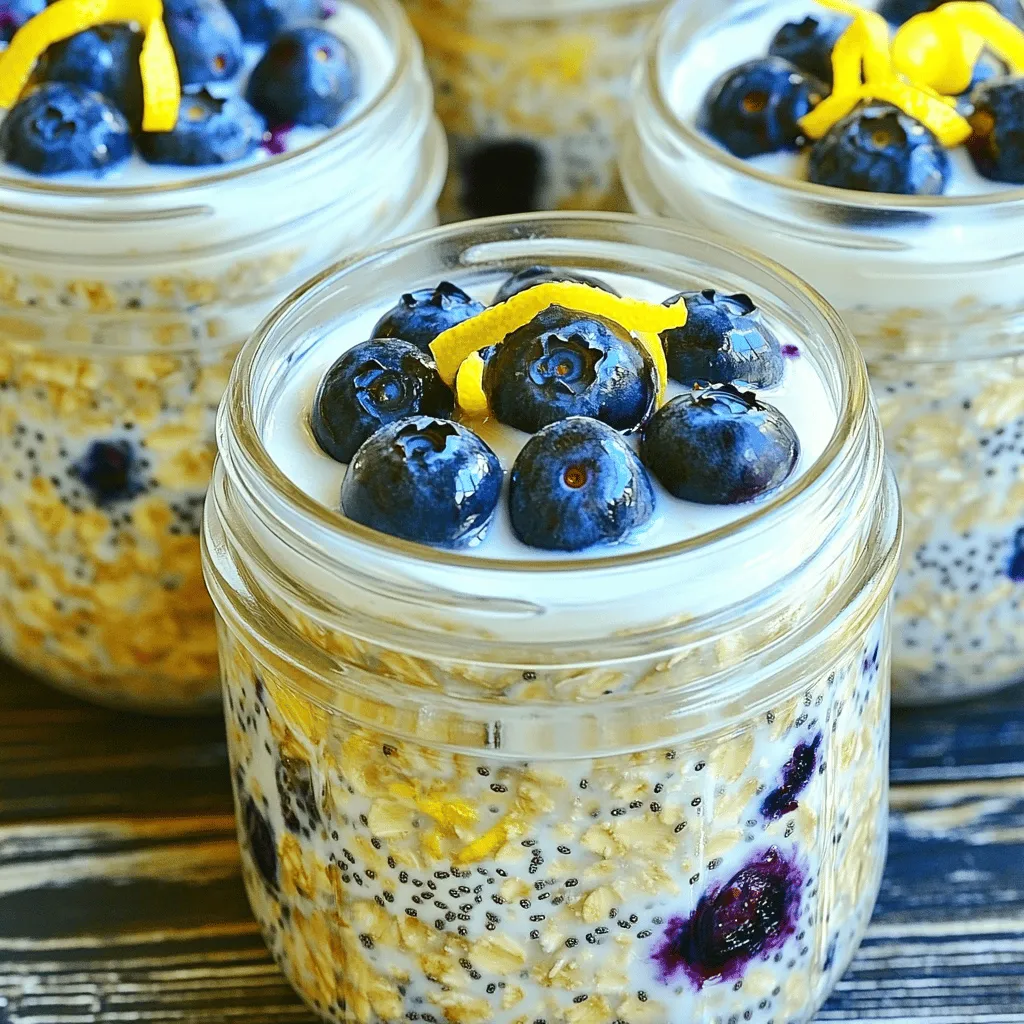 To make Lemon Blueberry Overnight Oats, gather these key ingredients: - 1 cup rolled oats - 1 cup unsweetened almond milk (or milk of your choice) - 1/2 cup Greek yogurt (optional for creaminess) - 1 tablespoon chia seeds - 2 tablespoons maple syrup (or honey) - Zest of 1 lemon - 2 tablespoons fresh lemon juice - 1 cup fresh blueberries (divided) - A pinch of salt - 1 teaspoon vanilla extract Each ingredient plays a vital role. Rolled oats form the base and absorb liquid well. Almond milk adds a creamy texture while keeping it light. Greek yogurt makes the oats richer but is optional. Chia seeds add fiber and help with thickening. The lemon zest and juice bring a bright, fresh flavor. Fresh blueberries add sweetness and color. A little salt balances the flavors, and vanilla extract enhances the overall taste. This mix of ingredients creates a tasty and nutritious breakfast. If you want the full recipe, check out the Lemon Blueberry Bliss Overnight Oats 🫐. Start by measuring the dry ingredients. In a medium bowl, add: - 1 cup rolled oats - 1 tablespoon chia seeds - A pinch of salt Mix these well. In another bowl, combine the wet ingredients: - 1 cup unsweetened almond milk (or your choice of milk) - 1/2 cup Greek yogurt (optional) - 2 tablespoons maple syrup (or honey) - Zest of 1 lemon - 2 tablespoons fresh lemon juice - 1 teaspoon vanilla extract Stir until smooth. This helps blend the flavors and makes everything creamy. Now, it’s time to combine everything. Pour the wet mixture into the bowl with the dry ingredients. Stir until all oats are coated. Folding in blueberries is crucial. Gently add 3/4 cup of fresh blueberries. This keeps them whole and juicy. They add a burst of flavor with every bite. Once mixed, divide the mixture into two airtight jars. Seal the jars well. Place them in the fridge overnight. This resting time allows the oats to soak up the liquid. You can use any airtight container, but jars are great for easy storage. In the morning, stir the oats again. If you want more sweetness, add a little extra maple syrup. Enjoy your tasty lemon blueberry oats! To ensure the right consistency, always use rolled oats. They soak up the liquid well. If you want a creamier texture, add Greek yogurt. The chia seeds help thicken the oats, too. If your oats seem too thick, add a splash more milk. Adjusting sweetness is easy. Start with the maple syrup or honey. Taste before you serve. If you want them sweeter, add more. You can also use ripe bananas or applesauce for natural sweetness. Preparing in bulk is a great idea. You can make a few jars for the week. Just multiply the ingredients by the number of servings you need. Keep the jars in the fridge for quick breakfasts. Store your overnight oats in airtight containers. This keeps them fresh. It also saves space in your fridge. You can grab one on your way out. Toppings and garnishes can make your oats special. Fresh blueberries are a must. You can also add nuts or seeds for crunch. A sprinkle of cinnamon adds warmth and flavor. For pairing ideas, consider yogurt or smoothies. They make a balanced breakfast. You can enjoy lemon blueberry overnight oats with a cup of herbal tea or coffee for a nice start to your day. For the full recipe, check out the Lemon Blueberry Bliss Overnight Oats. {{image_2}} You can easily change the flavor of your lemon blueberry overnight oats. Try using different fruits like strawberries or raspberries. Both fruits add a sweet twist. If you want less sugar, consider using alternative sweeteners like agave syrup or stevia. This change keeps the oats tasty while being mindful of sugar intake. If you need dairy-free options, use almond milk or coconut milk. Both work well and keep the recipe creamy. For a gluten-free version, choose gluten-free rolled oats. They taste great and ensure everyone can enjoy this dish. Make your overnight oats even more special. Adding nut butters like almond or peanut butter gives a rich flavor. You can also sprinkle in seeds such as flax or pumpkin for extra crunch. Want to spice things up? Try adding a pinch of cinnamon or ginger. These spices enhance the flavor and make your oats unique. For the full recipe, check out the section above. I recommend using airtight jars or containers for your overnight oats. These keep the oats fresh and tasty. Glass jars work great and let you see the colorful layers. You can stack them in your fridge to save space. This way, you can keep your fridge organized and ready for quick breakfasts. Your lemon blueberry overnight oats will last for about 3 to 5 days in the fridge. Make sure to check for signs of spoilage. If you see any mold or if they smell off, it’s best to toss them. Fresh blueberries can go bad quickly, so keep an eye on those. You can enjoy your oats cold straight from the fridge. If you prefer them warm, just pop them in the microwave for about 30 to 60 seconds. Stir them well after heating. You might want to add a splash of almond milk if they look too thick. This keeps them creamy and delicious. Enjoy your oats however you like! For the full recipe, check out the earlier section. Yes, you can use steel-cut oats. They will give a chewier texture. However, they need more time to soak. I suggest letting them sit overnight for best results. You may also need to add more liquid. To make overnight oats dairy-free, simply use almond milk or any plant-based milk. You can skip the yogurt or use a dairy-free yogurt. This change keeps the oats creamy and delicious. Maple syrup and honey are great options for sweetness. You can also use agave nectar or stevia. Start with a little, then taste and adjust as needed. Overnight oats can last up to five days in the fridge. Store them in airtight containers. Check for any signs of spoilage, like off smells or changes in texture. No, yogurt is not necessary. It adds creaminess and protein but is optional. If you skip it, you may want to increase the liquid a bit. Enjoy your oats just how you like! For the full recipe, see the details above. You now have all you need to make your own delicious overnight oats. We covered ingredients, step-by-step instructions, and tips for perfect results. Remember, you can customize flavors and adjust sweetness to suit your taste. Store your oats properly to keep them fresh and ready to eat. Enjoy experimenting with different fruits and toppings. This simple dish can fit any diet and save you time. With these straightforward methods, breakfast just became easy and tasty. Get ready to savor every spoonful!
