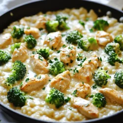 - 2 boneless, skinless chicken breasts, diced - 1 cup Arborio rice - 2 cups chicken broth The chicken forms the base of your dish. I love using boneless, skinless chicken breasts for their tenderness. Diced into bite-sized pieces, they cook quickly and soak up flavors. Arborio rice gives a creamy texture, perfect for Alfredo. It absorbs liquid well, making it a great choice. Chicken broth adds a rich taste to the rice, enhancing every bite. - 1 cup heavy cream - 1/2 cup grated Parmesan cheese - 1 tablespoon olive oil Heavy cream is key for that luscious sauce. It brings a smooth richness to the dish. Parmesan cheese adds a salty, nutty flavor, making everything better. A tablespoon of olive oil helps to sauté the chicken and garlic, adding depth to the dish. - 2 cloves garlic, minced - 1 cup broccoli florets - 1 teaspoon Italian seasoning - Salt and pepper to taste - Fresh parsley, chopped (for garnish) Garlic fills your kitchen with an amazing scent. It enhances the savory flavor of the chicken. Broccoli florets add color and nutrition. Italian seasoning brings classic flavor notes that tie everything together. Salt and pepper balance your dish. Finally, garnish with fresh parsley for a touch of brightness. For the full recipe, check the details above! 1. Heat the olive oil in a large skillet over medium heat. Use just enough oil to cover the bottom. 2. Add the diced chicken to the skillet. Season it with salt, pepper, and Italian seasoning. 3. Cook the chicken for about 5-7 minutes. Stir it often until it turns golden brown. Remove the chicken and set it aside on a plate. 4. In the same skillet, add the minced garlic. Sauté it for 1 minute. The garlic should smell nice and fragrant. 5. Next, add the Arborio rice to the skillet. Stir it well to coat it with the oil and garlic. Cook for 2-3 minutes until the rice gets a light toast. 1. Pour in the chicken broth. Bring the mixture to a simmer. Cover the skillet and lower the heat. 2. Let the rice cook for about 15 minutes. It should become tender and soak up most of the liquid. Stir it occasionally to keep it from sticking. 3. After the rice is cooked, stir in the heavy cream and grated Parmesan cheese. Mix until everything is well combined. 1. Add the broccoli florets and the cooked chicken back into the skillet. Cover it and cook for another 5 minutes. The broccoli should become tender. 2. Taste the dish and adjust the seasoning with salt and pepper as you like. 3. Remove the skillet from heat. Let it sit for a few minutes to thicken before serving. For the full recipe, check out the ingredients and steps above. Enjoy your meal! To ensure chicken is perfectly cooked, cut it into small, even pieces. This helps it cook fast and evenly. Use a meat thermometer to check the internal temperature. You want it to reach 165°F. This way, you avoid dry chicken and keep it juicy. For a creamy texture in your Alfredo sauce, use heavy cream and fresh Parmesan cheese. Stir the cheese in slowly to help it melt smoothly. If the sauce is too thick, add a splash of chicken broth. This keeps it rich without being clumpy. The ideal accompaniments for this dish include a simple green salad or garlic bread. Both add freshness and balance to the rich flavors. For a rustic presentation, serve the meal right in the skillet. Top it with chopped parsley and extra Parmesan for a beautiful look. You can switch proteins or grains if you want variety. Try shrimp or turkey instead of chicken. For grains, quinoa or farro work well too. If you need a dairy-free option, use coconut cream instead of heavy cream. Nutritional yeast can replace Parmesan cheese for a cheesy flavor without dairy. These changes still keep your dish delicious and satisfying. {{image_2}} You can change the vegetables in this dish. Try bell peppers, peas, or spinach. Each adds a unique taste and color. You can also change the type of cheese. Use mozzarella for a milder flavor or cheddar for a sharper bite. Want more heat? Add red pepper flakes or cayenne pepper. These spices bring a nice kick. You can also mix in different herbs like basil or thyme. They enhance the dish’s aroma and taste. For a low-carb option, swap the Arborio rice for cauliflower rice. It makes the dish lighter. If you need a gluten-free meal, make sure to use gluten-free chicken broth. This keeps the meal safe for those with gluten issues. After you enjoy your Chicken and Rice Skillet Alfredo, store any leftovers in an airtight container. This keeps the dish fresh and safe to eat. You can keep it in the fridge for up to three days. Make sure to let it cool down before sealing it. This helps prevent moisture buildup, which can make the food soggy. If you want to save some for later, you can freeze the dish. First, let it cool down completely. Then, divide it into portions and place them in freezer-safe bags or containers. Squeeze out excess air to avoid freezer burn. This dish will last in the freezer for up to three months. When you’re ready to eat, thaw it overnight in the fridge. For reheating, warm it in a skillet over low heat. Add a splash of chicken broth or cream to bring back its creamy texture. Stir often to ensure even heating. Enjoy your tasty meal even after weeks! For the full recipe, check the section above. You can serve this dish with many tasty sides. Here are some ideas: - Garlic bread: Perfect for dipping into the creamy sauce. - Side salad: A fresh green salad adds crunch and color. - Steamed veggies: Try carrots or green beans for balance. For drinks, pair it with a light white wine, like Sauvignon Blanc. If you prefer non-alcoholic, try sparkling water with lemon. Yes, you can prep it in advance! Here are some tips: - Cook the chicken: You can cook it a day before and store it in the fridge. - Prep the rice: Measure your rice and broth ahead of time. - Mix ingredients: Combine the cream and cheese for easy mixing later. When you’re ready to eat, just heat it all up in a skillet. You can make this dish dairy-free with a few swaps: - Cream: Use coconut cream or cashew cream for a rich texture. - Cheese: Nutritional yeast or vegan cheese can add flavor. - Chicken broth: Ensure your broth is free from dairy. These changes keep the dish creamy and delicious without dairy. For the Full Recipe, follow the steps to create this tasty meal. In this blog post, we explored how to make a delicious Chicken and Rice Skillet Alfredo. We looked at the main ingredients you need, like chicken, Arborio rice, and broth. I shared step-by-step instructions for preparing and cooking the dish. You learned helpful tips for cooking and serving, plus fun variations to try. Remember to store leftovers correctly to keep them fresh. Enjoy making this creamy meal, and don’t hesitate to experiment with new flavors or ingredients. It's a dish that brings comfort and joy to any table!