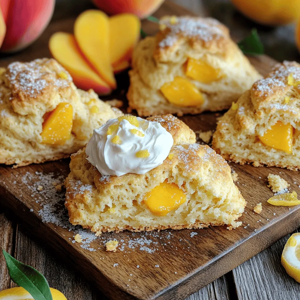 - 2 cups all-purpose flour - 1/4 cup granulated sugar - 1 tablespoon baking powder - 1/2 teaspoon baking soda - 1/4 teaspoon salt - 1/2 cup unsalted butter, cold and cubed - 1/2 cup buttermilk - 1 cup ripe peaches, diced - Zest of 1 lemon - 1 tablespoon fresh lemon juice - 1/2 teaspoon almond extract (optional) - 1 egg (for egg wash) - Turbinado sugar (for sprinkling on top) When making peach lemon scones, you will need fresh ingredients. The right peaches make a big difference. I like to use ripe, juicy peaches. They add sweetness and a nice texture. You only need a few pantry staples. All-purpose flour gives the scones their structure. Granulated sugar adds just the right amount of sweetness. Baking powder and baking soda help the scones rise. Cold butter is key. It creates flaky layers. You can also use buttermilk for moistness and tang. The lemon zest and juice brighten the flavor. Almond extract is optional but adds a lovely note. This recipe serves eight. It is perfect for breakfast or a snack. You can easily adjust the recipe if you want more or less. Check the full recipe for exact amounts and steps. - Servings: 8 - Prep Time: 15 min - Cook Time: 20 min - Total Time: 35 min - Preheat the oven to 400°F (200°C). - Line a baking sheet with parchment paper. - Combine 2 cups of flour, 1/4 cup of sugar, 1 tablespoon of baking powder, 1/2 teaspoon of baking soda, and 1/4 teaspoon of salt in a large bowl. - Work in 1/2 cup of cold cubed butter into the dry ingredients. - Use your fingers or a pastry cutter. Aim for coarse crumbs. - In a separate bowl, mix 1/2 cup of buttermilk, the zest of 1 lemon, and 1 tablespoon of fresh lemon juice. - If you like, add 1/2 teaspoon of almond extract. - Fold the wet ingredients into the dry mixture. Be gentle, and don't overmix. - Carefully fold in 1 cup of diced peaches. - Transfer the dough onto a floured surface. Shape it into a disc about 1 inch thick. - Cut it into 8 wedges or use a round cutter for individual scones. - Place the scones on your prepared baking sheet. - Brush the tops with a beaten egg and sprinkle with turbinado sugar. - Bake for 15-20 minutes until golden brown. For the full recipe, check the detailed instructions above. Enjoy your baking! To get the best scone texture, keep your ingredients cold. Cold butter and buttermilk help the scones rise. This makes them flaky and light. Next, avoid overmixing. When you combine the wet and dry ingredients, do it gently. Mix just until you see no more flour. Overmixing can make the scones tough. You want a tender bite, not a dense one. You can boost the flavor of your scones in fun ways. Try adding vanilla or a pinch of cinnamon. These flavors work well with peach and lemon. You can also mix in different fruits. Berries like blueberries or raspberries add a nice twist. Each fruit brings its own sweetness. Experiment to find your favorite combinations! Serve your peach lemon scones warm. A side of clotted cream or sweet crème fraîche makes them extra special. These creamy toppings add richness. For a beautiful finish, garnish with fresh peach slices. They add color and a burst of flavor. A simple presentation goes a long way in impressing your guests. For the full recipe, check out the details above! {{image_2}} You can change the fruit in these scones. Berries work well. Try blueberries, raspberries, or blackberries. They add a sweet and tart flavor. You can also use other seasonal fruits. Cherries or plums are great choices. Each fruit brings its own taste. Feel free to mix and match! If you need a gluten-free scone, use gluten-free flour. It is easy to find in stores. Just replace all-purpose flour with a gluten-free blend. Make sure it has xanthan gum for texture. The scones will still be tender and flaky. They might taste a bit different, but they will be delicious! Adjust the sugar based on your fruit's ripeness. If your peaches are very sweet, use less sugar. This way, the fruit shines through. You can also add a bit more sugar if your fruit is tart. It helps balance the flavors. Always taste your dough before you bake. This can help you find the right sweetness. To store your scones in the fridge, let them cool first. Place them in an airtight container. They stay fresh for up to three days. If you want to keep them longer, consider freezing instead. Refrigerated scones may lose some of their flaky texture. To refresh them, heat in the oven for a few minutes. To freeze your scones, first, let them cool completely. Wrap each scone tightly in plastic wrap. Then, place them in a freezer bag. Remove as much air as possible before sealing. You can freeze them for up to three months. When you're ready to enjoy, thaw in the fridge overnight. Bake them at 350°F (175°C) for about 10 minutes to restore that fresh-baked flavor. To reheat scones without losing texture, use the oven. Preheat it to 350°F (175°C). Place the scones on a baking sheet for about 10 minutes. This method keeps them crisp outside and soft inside. You can also microwave them for 15-20 seconds, but they may get soft. Enjoy your Peach Lemon Scones warm for the best taste! Yes, you can use frozen peaches in your scones. First, thaw the peaches. Pat them dry with a towel to remove excess moisture. This helps keep your dough from getting too wet. Frozen peaches can work well and still taste great. Just chop them into small pieces before adding to the dough. Look for a golden brown color on top of the scones. They should feel firm to the touch but still soft inside. You can also insert a toothpick into the center. If it comes out clean, the scones are done. Keep an eye on them as they bake. The baking time is usually between 15-20 minutes. Scones are usually sweeter and denser than biscuits. They often include fruits, nuts, or spices. Biscuits tend to be flaky and buttery, using more fat. The texture of scones is more cake-like, while biscuits have a lighter, airier feel. Both can be delicious, but they serve different purposes. Yes, you can make the dough ahead of time. Prepare the dough, but don't bake it. Wrap it tightly in plastic wrap and store it in the fridge for up to 24 hours. When ready to bake, cut the dough into shapes and follow the baking instructions. This allows for fresh scones whenever you want! For the full recipe, check the section above. This article provided a clear guide on making peach scones. You learned about the key ingredients, step-by-step instructions, and helpful tips for perfect texture and flavor. We also explored variations, storage methods, and answered common questions. Baking these scones can be simple and rewarding. Remember, using cold ingredients and not overmixing will give you the best results. Enjoy making and sharing these delightful treats!