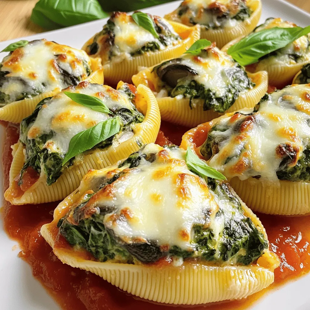 - 12 jumbo pasta shells - 1 cup ricotta cheese - 1 cup shredded mozzarella cheese - 1/2 cup grated Parmesan cheese - 2 cups fresh spinach, chopped - 1 cup mushrooms, finely chopped - 1 clove garlic, minced - 1 teaspoon olive oil - Salt and pepper to taste - 2 cups marinara sauce - Fresh basil leaves for garnish For this dish, we start with jumbo pasta shells. They hold the filling well and make each bite delightful. Next, we use a mix of cheeses. Ricotta gives creaminess, mozzarella adds stretch, and Parmesan brings a sharp bite. Fresh spinach and mushrooms are the stars of the filling. Spinach adds color and nutrients. Mushrooms provide umami and depth. Garlic brings a nice aroma. Together, they create a rich flavor profile that balances the dish. Don't forget the pantry staples! Olive oil helps cook the veggies. Marinara sauce adds moisture and flavor. Salt and pepper enhance everything, allowing the ingredients to shine. I love to garnish with fresh basil. It adds a pop of color and a touch of freshness. For the full recipe, check out the complete instructions. Enjoy cooking! To start, you need to cook the jumbo pasta shells. Boil a large pot of water. Add a pinch of salt for flavor. Cook the shells according to the package instructions, usually around 9-11 minutes, until they are al dente. This means they should be firm but not hard. When finished, drain the shells and set them aside to cool. Tips for perfect al dente texture: - Stir the shells often while cooking to prevent sticking. - Taste one shell a minute before the time is up to check the texture. Now, let’s make the tasty filling. In a skillet, heat 1 teaspoon of olive oil over medium heat. Add 1 clove of minced garlic and sauté for about 1 minute. The garlic should smell great but not burn. Next, add 1 cup of finely chopped mushrooms. Cook them for about 5 minutes until they soften. Then, stir in 2 cups of chopped fresh spinach. Cook until the spinach wilts, which takes about 2-3 minutes. Season this mixture with salt and pepper to taste. Remove it from heat and let it cool a bit. In a mixing bowl, combine 1 cup of ricotta cheese, half of 1 cup of shredded mozzarella cheese, and 1/2 cup of grated Parmesan cheese. Add in the cooled spinach and mushroom mix. Stir it all well until combined. It’s time to fill the shells! Take each cooled shell and spoon the cheese and veggie mixture inside. Fill them generously for the best flavor. In a baking dish, spread a layer of 2 cups of marinara sauce on the bottom. Place the stuffed shells seam side up in the dish. Pour the remaining marinara sauce over the top of the shells. Then, sprinkle the rest of the mozzarella cheese on top for a cheesy finish. Cover the baking dish with aluminum foil. Bake the shells in a preheated oven at 375°F (190°C) for 25 minutes. After that, remove the foil. Bake for an additional 10-15 minutes. This helps the cheese bubble and turn golden. Tips for achieving a golden topping: - Keep an eye on the shells towards the end of baking. - If you want a crispier top, you can broil them for a minute. Just watch closely to avoid burning. For a full recipe, check the details provided above. Enjoy making these delicious spinach and mushroom stuffed shells! - Ensuring the filling is well-seasoned Seasoning your filling is key. Use salt and pepper to enhance flavor. Don’t forget to taste the filling before you stuff the shells. This way, you can adjust the taste to your liking. Adding a pinch of nutmeg can give it a subtle depth too. - Techniques for easy assembly To make assembly simple, use a small spoon or piping bag for filling. This helps you stuff each shell evenly. You can lay the shells on a baking sheet while you fill them. This keeps your workspace clean and organized. - Accompaniments for stuffed shells These stuffed shells pair well with a fresh salad. A simple arugula or mixed greens salad adds a nice crunch. You might also serve garlic bread on the side for extra flavor. - Presentation tips for an appealing dish To make your dish pop, arrange the stuffed shells on a large white platter. Drizzle some extra marinara sauce over the top. Finish with fresh basil leaves for color and aroma. This not only looks great but also makes each bite more flavorful. {{image_2}} You can change the filling to suit your taste. If you want more protein, try adding cooked chicken or tofu. Chicken adds a nice flavor and makes the dish heartier. Tofu is a great option for a plant-based meal. Just make sure to press the tofu to remove excess water before cooking. You can also mix in extra vegetables. Zucchini and bell peppers work well. Chop them finely and sauté with the mushrooms. This adds color and enhances the flavor of your dish. You can be creative with your fillings. Just remember to keep it balanced and tasty. The sauce can also change the dish. You can use pesto or Alfredo instead of marinara. Pesto gives a fresh, herby taste. Alfredo adds a rich, creamy texture. Both make the dish unique and delicious. When it comes to sauce, you have two choices: homemade or store-bought. I recommend homemade for the best flavor, but store-bought can save time. If you go homemade, you can control the ingredients. Using fresh tomatoes and herbs will elevate your stuffed shells. For the best taste, choose a sauce that complements your filling. Enjoy experimenting with different flavors and textures in your spinach and mushroom stuffed shells. For a full recipe, check out the link. To keep your spinach and mushroom stuffed shells fresh, store them in an airtight container. This prevents moisture loss and keeps flavors intact. Place the shells in the fridge within two hours of cooking. They stay fresh for about three to four days. When it comes to reheating, you have a couple of great options. For the oven, preheat it to 350°F (175°C). Place the stuffed shells in a baking dish and cover with foil. Heat for about 20 minutes or until warm. If you're in a hurry, the microwave works too. Place a few shells on a microwave-safe plate. Heat for two to three minutes, checking halfway through. To keep the cheese nice and gooey, add a splash of water to the dish before reheating. This helps maintain moisture and flavor. Enjoy those cheesy bites! Can I make these stuffed shells ahead of time? Yes, you can prepare the stuffed shells ahead. After filling them, cover and refrigerate. Bake them within a day or two for the best taste. What can I substitute for ricotta cheese? If you don’t have ricotta, try cottage cheese or cream cheese. Both create a creamy texture that works well in this dish. How do I know when the stuffed shells are done baking? Look for bubbly cheese and a golden top. The edges of the marinara should be hot and slightly bubbling. Can I freeze stuffed shells before or after baking? You can freeze them both ways. For best results, freeze before baking. Wrap each shell well to prevent freezer burn. In this blog post, I covered how to make delicious stuffed pasta shells. We explored the best ingredients, from jumbo shells to fresh veggies and tasty cheeses. I shared step-by-step instructions, cooking tips, and serving ideas. You can even try different fillings and sauces to mix things up. Finally, I provided storage and reheating tips to keep your dish fresh. Enjoy making this favorite dish that is sure to impress! Happy cooking!