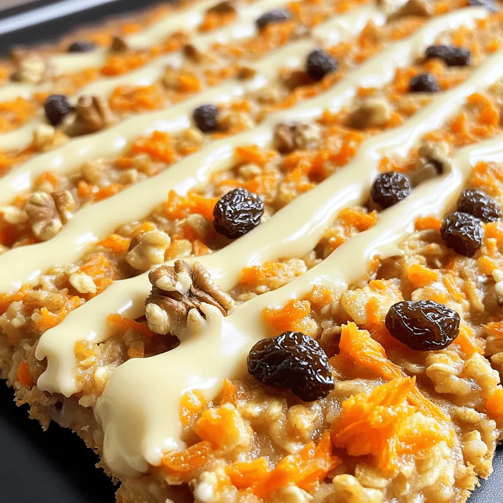 - 2 cups rolled oats - 2 cups almond milk - 2 medium carrots, finely grated - 1/2 cup applesauce - 1/4 cup maple syrup The rolled oats form the base of this dish. They provide fiber and energy. Almond milk keeps it creamy and light. Grated carrots add natural sweetness and moisture. Applesauce enhances the texture and flavor. Maple syrup gives a touch of sweetness. - 1/2 cup raisins - 1/2 cup chopped walnuts or pecans - Cream cheese frosting Raisins add chewy bites of sweetness. Nuts give a nice crunch and healthy fats. Cream cheese frosting can top it off for extra flavor. You can mix and match these to your liking! - Use coconut or oat milk for dairy-free options. - Choose honey or agave nectar for sweeteners. - For gluten-free, use certified gluten-free oats. These options help you customize the recipe to fit your diet. Experiment with what you have on hand. Cooking should be fun and flexible! For the full recipe, check out the details above. 1. Preheat the oven: Set your oven to 350°F (175°C). This helps the oatmeal bake evenly. 2. Prepare the baking dish: Lightly grease an 8x8 inch baking dish. This prevents sticking and makes serving easier. 1. Combine oats and wet ingredients: In a large bowl, mix the rolled oats, grated carrots, applesauce, and almond milk. Stir until it is well mixed. 2. Whisk dry ingredients separately: In another bowl, whisk together maple syrup, vanilla extract, cinnamon, nutmeg, baking powder, and salt. Pour this into the oat mixture and stir until just blended. 1. Pour mixture into the dish: Spread the mixture evenly in the prepared baking dish. 2. Recommended baking time and temperature: Bake for 30-35 minutes, until the oatmeal is set and slightly golden on top. Check for doneness with a toothpick; it should come out clean. For the full recipe, refer to the earlier section. Enjoy your healthy and tasty breakfast! To get the best texture for your baked carrot cake oatmeal, aim for a thick batter. Use rolled oats, as they provide a chewier bite. If your mix seems too dry, add a splash more almond milk. For baking, make sure your oven is at the right temperature. A good bake time is 30 to 35 minutes. Look for a golden top; it shows it's ready. Top your oatmeal with a dollop of yogurt or a drizzle of maple syrup. Cream cheese frosting adds a sweet touch if you like. Pair it with coffee or tea for a cozy breakfast. For a fruity twist, add banana slices or berries on top. You can prepare the oatmeal mix a day in advance. Just cover it and store it in the fridge. This saves time in the morning. To make meal prep easy, portion it out in small containers. You can grab a serving and heat it up quickly. This method keeps your mornings stress-free. {{image_2}} You can make baked carrot cake oatmeal fun with different flavors. Try adding spices like ginger or cloves for extra warmth. A touch of ginger gives a nice zing. Cloves can add depth and a hint of sweetness. You can also mix in fruits such as pineapple or apples. These fruits add natural sweetness and moisture. If you follow a vegan diet, swapping the almond milk for any plant milk works well. Use flaxseed meal mixed with water instead of eggs for binding. You can also choose low-sugar options. Replace maple syrup with mashed bananas or unsweetened applesauce. This keeps the dish sweet without extra sugar. You can adjust servings to fit your needs. If you want smaller portions, bake mini oatmeal cups. Use a muffin tin to create individual servings. These cups are great for meal prep and on-the-go breakfasts. You can store them in the fridge for easy access during busy mornings. For the full recipe, check out the details above. Enjoy making this tasty and healthy breakfast! After you bake your carrot cake oatmeal, let it cool for about 10-15 minutes. This cooling time helps it set up a bit more. Once it's cool, slice it into portions. Place each portion in an airtight container. Store it in the fridge for best results. If you want to save some for later, freezing is a great idea. Set your slices on a baking sheet and freeze them for about 1-2 hours. Once frozen, transfer the slices into a freezer bag. Squeeze out the air and seal it tightly. To eat, thaw the slices overnight in the fridge. Reheat them in the oven or microwave until warm. In the fridge, your baked carrot cake oatmeal lasts about 4-5 days. Look out for signs of spoilage. If it smells off or has mold, it’s time to toss it. Enjoy your tasty breakfast knowing you can store it well! Baked carrot cake oatmeal lasts about 4 to 5 days in the fridge. Store it in an airtight container to keep it fresh. When ready to eat, just reheat a portion in the microwave or oven. Yes, you can use quick oats. However, the texture will be softer. Quick oats absorb liquid faster, making the oatmeal creamier. If you like a firmer texture, stick to rolled oats. It can be gluten-free if you use certified gluten-free oats. Regular oats might have cross-contamination with gluten, so read labels carefully. Using gluten-free oats keeps this dish safe for those with gluten sensitivities. You can add mashed bananas or extra applesauce for natural sweetness. Another option is to use a bit more maple syrup or add dates. These ingredients enhance flavor without refined sugar. Absolutely! You can use any milk you prefer, like soy, oat, or coconut milk. Each milk adds its own flavor. Almond milk is great, but feel free to experiment with your favorite type. For the full recipe, check the original instructions and enjoy! Baked carrot cake oatmeal is a simple and tasty treat. We covered key ingredients, from rolled oats to sweeteners. You can add fun extras like raisins or nuts, and we discussed substitutes. I shared step-by-step instructions to make it easy for you. You learned tips for perfect texture and tasty serving ideas. Remember, you can customize this dish to fit your diet. Don’t forget about storage to keep it fresh. Enjoy making your baked oatmeal, and share it with others for a delightful treat!