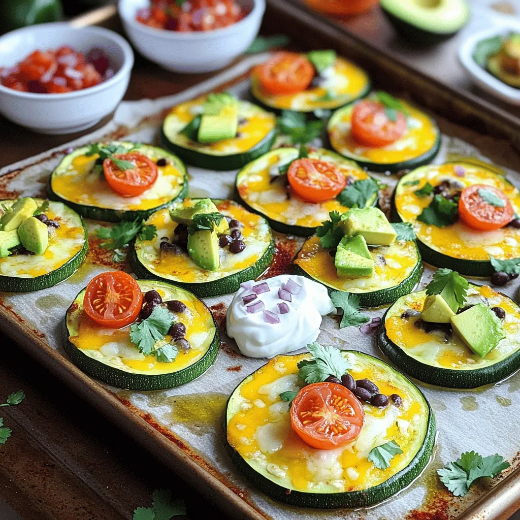 To make delicious zucchini nachos, you need: - 2 medium zucchinis, sliced into thin rounds - 1 cup black beans, drained and rinsed - 1 cup cherry tomatoes, halved - 1 cup shredded cheese (cheddar or a Mexican blend) - 1 jalapeño, sliced (optional for spice) - 1/2 cup corn (fresh or frozen) - 1 avocado, diced - 1/4 cup red onion, finely chopped - 2 tablespoons olive oil - 1 teaspoon cumin - 1 teaspoon paprika - Salt and pepper to taste - Fresh cilantro, for garnish - Salsa and sour cream, for serving You can make smart swaps if needed. - Alternatives for Zucchini: Try eggplant or sweet potatoes for a twist. - Cheese Substitutes: Use vegan cheese for a dairy-free option. - Low-sodium Bean Options: Look for low-sodium canned beans to cut back on salt. These choices keep the dish tasty and healthy. You can find the full recipe for a detailed guide to making these nachos. Preheating the Oven Start by preheating your oven to 400°F (200°C). This step helps cook the nachos evenly. Line a baking sheet with parchment paper. This makes cleanup a breeze. Slicing Techniques Slice two medium zucchinis into thin rounds. Aim for about 1/4 inch thick. Thin slices crisp up better in the oven. Use a sharp knife or a mandoline for even slices. Coating the Zucchini In a large mixing bowl, add the zucchini slices. Pour in 2 tablespoons of olive oil and sprinkle 1 teaspoon each of cumin and paprika. Add salt and pepper to taste. Toss everything well until every slice is coated. This adds great flavor. Arranging on Baking Sheet Place the zucchini slices on the lined baking sheet. Spread them out in a single layer. If needed, overlap a few slices slightly. This helps them cook evenly. Adjusting Cooking Times Bake the zucchini for about 15 minutes. This softens them and prepares them for the toppings. Keep an eye on them to avoid burning. Checking for Doneness After 15 minutes, take the baking sheet out. Add black beans, corn, halved cherry tomatoes, and jalapeños over the zucchini. Sprinkle 1 cup of shredded cheese on top. Return to the oven for another 10-12 minutes. The cheese should melt and bubble. Check for doneness by looking for golden cheese. For the full recipe, check the previous section. Tips for Crispier Zucchini To get crispier zucchini, slice them thin. Thin slices cook faster and crisp up well. After slicing, sprinkle salt on them. Let them sit for about 10 minutes. This draws out extra moisture. Pat them dry with a paper towel before cooking. Cheese Melting Techniques For the best cheese melt, use a mix of cheeses. Cheddar and Monterey Jack work great together. Spread the cheese evenly over the top. Cover the nachos loosely with foil for the first half of baking. This helps the cheese melt without burning. Remove the foil in the last few minutes for a golden top. Pairing with Dips Zucchini nachos taste great with different dips. Try salsa, sour cream, or guacamole. Each dip adds its own flavor. Feel free to mix and match dips for variety. Plating Ideas For a fun presentation, use a large platter. Layer the nachos neatly. Top with diced avocado and fresh cilantro. Add a small bowl of salsa on the side. This makes it easy for everyone to grab a bite. You can also add lime wedges for a zesty touch. Explore the [Full Recipe] for more details on making delicious zucchini nachos! {{image_2}} Adding Different Vegetables You can make zucchini nachos your own by adding various vegetables. Bell peppers bring a sweet crunch. Spinach adds a nice color and nutrients. Mushrooms give a rich, earthy flavor. Feel free to mix and match your favorite veggies. Just slice them thin for even cooking. Protein Variations For a heartier snack, include proteins. Shredded chicken or beef adds great taste. You can use cooked sausage for a savory bite. If you want a vegetarian option, try crumbled tofu or tempeh. These proteins boost flavor and make your nachos even more filling. Seasoning Alternatives While cumin and paprika are tasty, you can switch things up. Chili powder adds a nice kick. Garlic powder gives a robust flavor. Italian seasoning adds some zest. Experiment with herbs and spices you love to find your perfect blend. Heat Levels If you like heat, add jalapeños or spicy salsa. For milder flavors, skip the heat and use sweet salsa. You can even serve hot sauce on the side. This lets everyone spice their nachos to their liking. Adjust the heat to suit your taste buds and make every bite enjoyable. To keep your zucchini nachos fresh, store leftovers in an airtight container. Make sure they cool first. This helps keep moisture out. Place a paper towel in the container to absorb extra moisture. It helps prevent sogginess. Leftover zucchini nachos last about 3 to 4 days in the fridge. If you want to keep them longer, consider freezing. However, the texture may change when thawed. For the best taste, enjoy them fresh. To reheat your zucchini nachos, the oven works best. Preheat it to 350°F (175°C). Place the nachos on a baking sheet. Heat for about 10 minutes. This method keeps the zucchini crispy. You can use the microwave, but it may make them soft. If you choose this method, heat in short bursts of 30 seconds. Check often to avoid mushy nachos. Always aim for that delightful crunch! Can I make these nachos ahead of time? Yes, you can prepare zucchini nachos ahead of time. Slice the zucchini and mix it with oil and spices. Store them in the fridge for up to a day. Bake them right before serving. This keeps them fresh and tasty. Are zucchini nachos gluten-free? Yes, zucchini nachos are naturally gluten-free. Use fresh ingredients and avoid any processed sauces that may contain gluten. This makes them a great snack for everyone to enjoy. What dipping sauces pair well with zucchini nachos? You can pair zucchini nachos with salsa or sour cream. Guacamole is also a tasty option. Try adding a spicy yogurt dip for extra flavor. Each dip enhances the nacho experience. Caloric Breakdown Zucchini nachos are a healthy choice. A serving has about 250 calories. The cheese adds flavor and richness. Black beans and corn provide protein and fiber. Health Benefits of Zucchini Zucchini is low in calories and high in nutrients. It is rich in vitamins A and C. Zucchini also helps with hydration due to its high water content. Eating zucchini supports heart health and aids digestion. In this post, I covered how to make delicious zucchini nachos. You learned about the key ingredients, how to prep, layer, and bake them. I also shared tips for crispiness and serving ideas. Remember, you can switch ingredients based on your taste and needs. Keep leftovers stored well in the fridge, and use the oven for reheating. I hope you feel inspired to try this fun dish and make it your own!