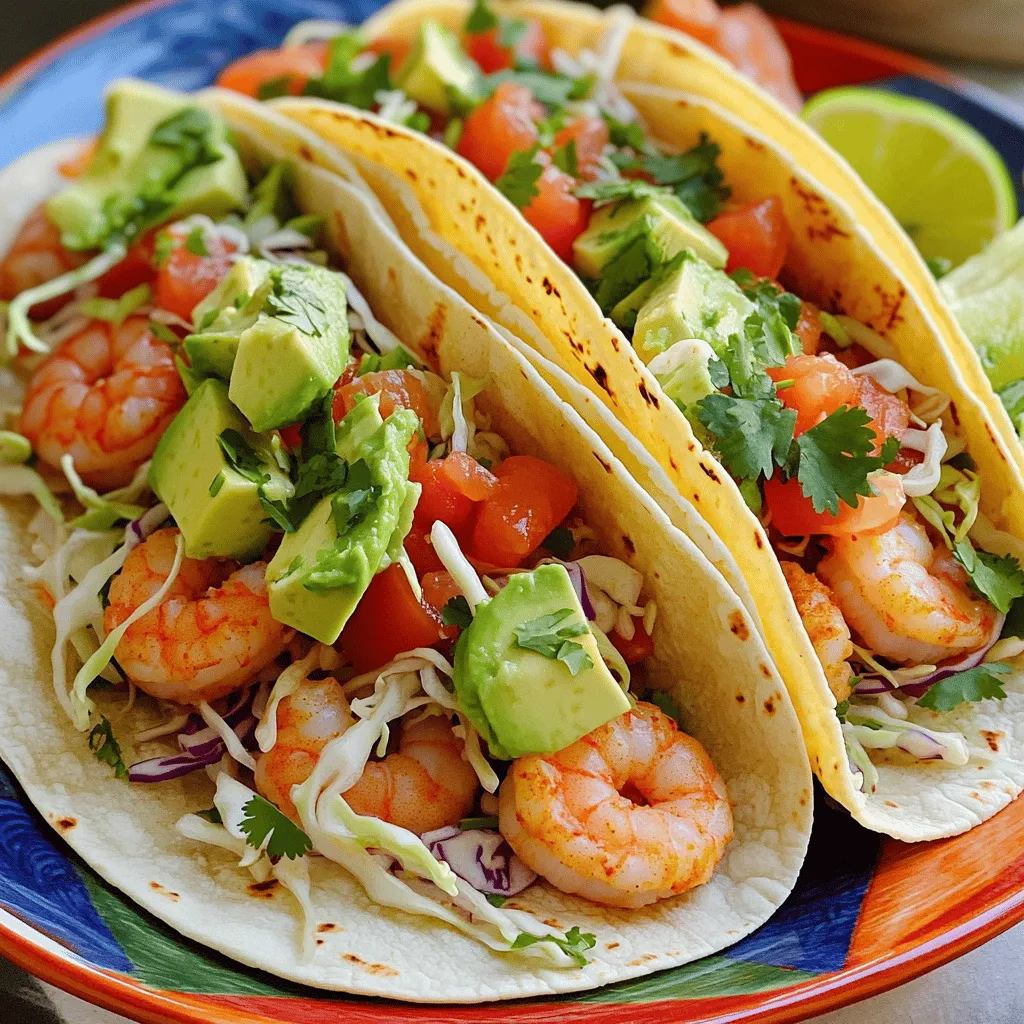 To make easy shrimp tacos, you need a few simple ingredients. Here’s what you’ll need: - 1 lb shrimp, peeled and deveined - 1 tablespoon olive oil - 1 teaspoon chili powder - 1 teaspoon cumin - 1/2 teaspoon garlic powder - Salt and pepper, to taste - 8 small corn tortillas - 1 cup shredded cabbage - 1 avocado, sliced - 1/2 cup diced tomatoes - 1/4 cup fresh cilantro, chopped - 1 lime, cut into wedges - 1/4 cup sour cream or Greek yogurt (optional) Each ingredient plays a role in making these tacos tasty and fresh. The shrimp gives protein and flavor. The spices kick up the taste. The tortillas hold everything together nicely. You can find the full recipe at the end. This dish is great for a quick meal, and it’s easy to customize. You can switch up toppings or use different spices. Enjoy mixing and matching! Start by combining the shrimp with olive oil, chili powder, cumin, garlic powder, salt, and pepper in a bowl. Mix well so each shrimp gets coated with the spices. Let the shrimp rest for about 15 minutes. This step helps the shrimp soak up all the flavors. Next, heat a non-stick skillet over medium-high heat. Once hot, add the marinated shrimp. Cook the shrimp for about 2-3 minutes on each side. They should turn pink and opaque when done. This quick cooking keeps the shrimp tender and juicy. While the shrimp cooks, you can warm the tortillas. Use the same skillet or a different one. Warm each tortilla for about 30 seconds on each side. This makes them pliable and easy to fold. Now it’s time to build your tacos. On each warm tortilla, add a generous amount of shredded cabbage. Next, layer on a few shrimp. Top with diced tomatoes and avocado slices. For a fresh touch, sprinkle fresh cilantro on top. If you like, add a dollop of sour cream or Greek yogurt. Serve the tacos with lime wedges for a zesty kick. For presentation, arrange the tacos on a platter with lime wedges scattered around. Consider adding a small bowl of extra cilantro for garnish. You can find the full recipe to make this meal even easier. - Marination time: Marinating shrimp for at least 15 minutes is key. This allows the shrimp to soak up the flavors. You can marinate longer if you wish, but 15 minutes works well. - Cooking method for tender shrimp: Cook shrimp over medium-high heat. This keeps them tender. If you cook them too long, they become rubbery. Aim for 2-3 minutes on each side until they turn pink. - Ideal toppings and garnishes: Toppings can make your tacos special. Use shredded cabbage for crunch. Add diced tomatoes and avocado for freshness. Fresh cilantro adds a burst of flavor. A squeeze of lime brightens everything up. - Pairing with sides: Pair your tacos with rice or beans for a filling meal. Chips with salsa or guacamole are great snacks. You can also serve a fresh salad on the side for balance. - Best practices for leftovers: Store leftover shrimp in an airtight container. Keep them in the fridge for up to two days. Wrap tortillas in foil or plastic to keep them fresh. - Reheating recommendations: To reheat shrimp, warm them in a skillet over low heat. This keeps them tender. You can also microwave them, but be careful not to overheat. Warm tortillas briefly in a pan before serving. For the full recipe, check out the detailed steps provided earlier. Enjoy your cooking! {{image_2}} If you want to switch things up, consider other proteins. You can use chicken or fish instead of shrimp. Chicken thighs or breasts work well. Make sure to season them just like the shrimp. Fish like tilapia or cod can also shine in these tacos. Cook them lightly to keep them tender. For those needing gluten-free or low-carb options, use lettuce wraps instead of tortillas. This keeps the taco feel while cutting carbs. You can also use corn tortillas, which are naturally gluten-free. If you want to go dairy-free, skip the sour cream. Try avocado or a vegan yogurt instead for creaminess. To boost flavor, add spices or citrus. A pinch of cayenne can give a nice kick. Fresh lime juice brightens up every bite. You can also try different salsas or sauces. A mango salsa adds sweetness, while a spicy salsa can bring heat. Experiment with flavors that excite your taste buds. These shrimp tacos are quick and easy to make. You can prepare them in just 30 minutes. The shrimp get tasty from marinating in spices. I love how the chili powder and cumin give them a warm flavor. The fresh lime juice adds a nice zing. Using corn tortillas makes these tacos light and fun to eat. You can top them with crunchy cabbage, creamy avocado, and fresh tomatoes. This dish is a true crowd-pleaser. It is perfect for a weeknight meal or a casual get-together. You’ll find that making these tacos is simple and rewarding. For great visuals, take photos during each step of the process. Start with the marinated shrimp in a bowl. Show the cooking process in the skillet, with shrimp turning pink. Capture the moment when you warm the tortillas. Finally, display the assembled tacos on a vibrant platter. You can also create a short video. This can guide viewers through making the tacos. For presentation, arrange the tacos on a platter with lime wedges. Scatter fresh cilantro for a pop of color. This makes the dish look as good as it tastes. You can use fresh or frozen shrimp. Fresh shrimp often taste better, but frozen shrimp are just fine. Look for shrimp that are peeled and deveined for ease. Size recommendations: - Medium shrimp (31/40 count) work well for tacos. - Large shrimp (16/20 count) add a nice bite. - If you prefer, you can even use smaller shrimp (51/60 count) for a unique texture. Yes, you can prep many parts in advance. Marinate the shrimp a few hours ahead for great flavor. Prep work that can be done in advance: - Chop the veggies like cabbage and tomatoes. - Slice the avocado just before serving to keep it fresh. - Warm the tortillas right before you serve the tacos. Best practices for freshness: - Keep ingredients in airtight containers. - Store your shrimp in the fridge until you cook them. - Assemble the tacos just before eating to avoid soggy tortillas. To add heat, use chili powder or cayenne pepper in the marinade. You can also mix in hot sauce. Suggestions for adding heat: - Add chopped jalapeños or serrano peppers on top. - Use a spicy salsa or pico de gallo as a topping. Recommended spicy toppings or sauces: - Drizzle with sriracha or chipotle sauce. - Serve with a side of spicy slaw for extra crunch. For the full recipe, check out the Quick & Zesty Shrimp Tacos. This blog post covers how to make delicious shrimp tacos from start to finish. You learned about the simple ingredients and step-by-step cooking method. I shared tips for perfect shrimp and ideas for variations. Enjoy making these tacos your own with different proteins or toppings. Remember, cooking should be fun and tasty. With these tips, your shrimp tacos will impress everyone! Now, it's time to try this recipe and share your experience.