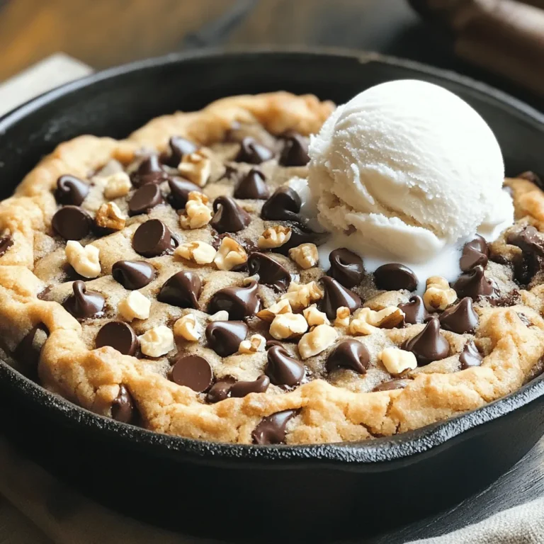 To make a great chocolate chip cookie skillet, gather these core items: - 1 cup all-purpose flour - 1/2 teaspoon baking powder - 1/4 teaspoon baking soda - 1/4 teaspoon salt - 1/2 cup unsalted butter, softened - 1/2 cup brown sugar, packed - 1/4 cup granulated sugar - 1 large egg - 1 teaspoon vanilla extract - 3/4 cup chocolate chips (semi-sweet or dark) These ingredients work together to create a soft and chewy cookie with crisp edges. The butter and sugars give it a rich flavor. The egg binds everything, while the baking powder and baking soda help it rise. You can customize your cookie skillet with these extras: - 1/4 cup chopped walnuts or pecans - A pinch of cinnamon for warmth - A handful of coconut flakes for a tropical twist These add-ins can make your dessert even more exciting. Nuts add crunch, while cinnamon brings a cozy flavor. Coconut adds sweetness and chewiness. Top your cookie skillet with one or more of these delicious options: - Vanilla ice cream for creaminess - Whipped cream for a light touch - A drizzle of chocolate sauce These toppings turn a simple dessert into something special. Warm cookie and cold ice cream create a perfect mix of textures. The chocolate sauce adds extra sweetness and richness. For the full recipe, check out the details above. First, gather all the ingredients for the Chocolate Chip Cookie Skillet. You need: - 1 cup all-purpose flour - 1/2 teaspoon baking powder - 1/4 teaspoon baking soda - 1/4 teaspoon salt - 1/2 cup unsalted butter, softened - 1/2 cup brown sugar, packed - 1/4 cup granulated sugar - 1 large egg - 1 teaspoon vanilla extract - 3/4 cup chocolate chips (semi-sweet or dark) - 1/4 cup chopped walnuts or pecans (optional) - Vanilla ice cream for serving (optional) Next, preheat your oven to 350°F (175°C). Grease a 10-inch cast-iron skillet with a little butter. This helps the cookie not stick. In a medium bowl, whisk together the flour, baking powder, baking soda, and salt. This mixture helps the cookie rise. Set it aside for now. In a large mixing bowl, beat the softened butter with brown sugar and granulated sugar. Mix until it becomes creamy and smooth. Add the egg and vanilla extract. Beat until everything is well mixed. Now, gradually add the dry ingredients to the wet mixture. Stir just until combined. Be careful not to overmix. Finally, fold in the chocolate chips and nuts if you like them. Pour the cookie dough into your prepared skillet. Spread it out evenly. Bake in the preheated oven for about 25 to 30 minutes. You want the edges to be golden brown. The center should be set but still soft. Once it’s baked, remove the skillet from the oven. Let it cool for about 10 minutes. This makes it easier to serve. You can serve the cookie warm. Scoop directly from the skillet for a fun touch. Or, slice it into wedges. If you want to make it extra special, top each piece with a scoop of vanilla ice cream. It melts into the warm cookie, creating a delightful treat. For the full recipe, check out the full recipe section. Enjoy your delicious Chocolate Chip Cookie Skillet! To make the best chocolate chip cookie skillet, use a cast-iron skillet. This type of skillet heats evenly. Preheating your oven to the right temperature is key. Mix your dry and wet ingredients separately before combining them. This helps the cookie rise well. Don’t overmix the dough. Stir until just combined for a chewy texture. Let the cookie cool for about 10 minutes after baking. This will help it set nicely. One common mistake is not measuring the flour correctly. Too much flour makes the cookie dry. Another mistake is overbaking the cookie. Check for doneness at 25 minutes. The edges should be golden, but the center can be soft. Avoid using cold butter; it doesn't cream well with sugar. Lastly, don’t skip the salt; it enhances the cookie's flavor. If you don't have an oven, you can use a stovetop. Heat a heavy skillet on low. Press the cookie dough into the skillet and cover it with a lid. Cook on low heat for about 15-20 minutes. You can also bake the dough in small ramekins for individual servings. Adjust the baking time to about 15 minutes. For a more unique flavor, try grilling the skillet. This adds a nice smoky taste. For the full recipe, check out the details above. {{image_2}} You can easily make a nut-free chocolate chip cookie skillet. Just skip the nuts in the recipe. Instead, add a little extra chocolate chips. This keeps the cookie rich and tasty without any nuts. You still get that warm, gooey treat everyone loves. For a gluten-free version, swap the all-purpose flour. Use a 1:1 gluten-free flour blend. Make sure it has xanthan gum in it. This helps bind the ingredients. Your cookie will still be soft and chewy, just like the classic version. Want to mix things up? Try adding different flavors. You can add a dash of cinnamon for warmth. Or, toss in some peanut butter chips for a twist. You can also use white chocolate chips for a sweet touch. Each change gives you a new, exciting dessert to enjoy. For the full recipe, check out the details above. After enjoying your chocolate chip cookie skillet, let it cool completely. Once cool, cover the skillet tightly with plastic wrap or aluminum foil. This keeps moisture in and helps maintain freshness. You can also transfer any leftovers to an airtight container. They will stay good for about three days at room temperature. If you want to keep it longer, consider freezing. To reheat your skillet cookie, preheat your oven to 350°F (175°C). Place the skillet in the oven for about 10 minutes. This warms the cookie and keeps it soft. You can also microwave individual pieces for about 20 seconds. If you want it extra warm, add a scoop of vanilla ice cream on top before heating! If you have extra cookie dough, you can freeze it. Scoop the dough into balls and place them on a baking sheet. Freeze until solid, then transfer to a freezer bag. You can bake them straight from the freezer. Just add a few extra minutes to the bake time. To thaw, leave them in the fridge overnight before baking. For leftovers, slice into pieces and wrap them tightly before freezing. They can last up to three months! To make the best chocolate chip cookie skillet, start with quality ingredients. Use fresh butter and good chocolate. Preheat your oven to 350°F (175°C). Grease a 10-inch skillet with butter. Mix the dry ingredients in one bowl. In another, beat the butter and sugars until creamy. Add the egg and vanilla, then mix again. Combine the wet and dry ingredients, being careful not to overmix. Fold in the chocolate chips and nuts, if using. Pour the mixture into the skillet and bake for 25-30 minutes. Wait ten minutes before serving warm. Yes, you can use different types of chocolate. Try milk chocolate for a sweeter taste or dark chocolate for a richer flavor. You can also mix chocolates for a fun twist. White chocolate adds creaminess but should be balanced with a touch of salt. Experiment with your favorites to find the perfect mix! The best way to serve a cookie skillet is warm. Scoop directly from the skillet for a cozy feel. You can cut it into wedges for easy sharing. Top each serving with a scoop of vanilla ice cream for a delicious treat. The warm cookie and cold ice cream create a perfect contrast. Enjoy it fresh for the best taste! For the complete recipe, check out the [Full Recipe]. We explored how to make a delicious chocolate chip cookie skillet. We covered key ingredients, optional add-ins, and tasty toppings. You learned step-by-step preparation, baking, and serving tips. I shared tricks for perfecting your cookie skillet and avoiding mistakes. We also discussed variations like nut-free or gluten-free options. Storing and reheating leftovers is simple, too. Now, you have all the tools needed to create your own skillet treat. Enjoy baking and sharing this fun dessert!