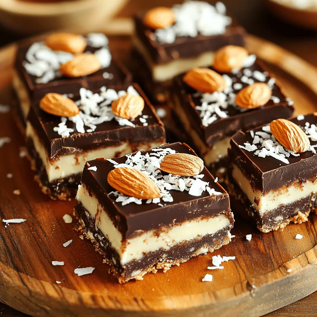 To make No Bake Almond Joy Bars, you need simple and tasty ingredients. Here’s what you'll need: - 1 cup almond flour - 1 cup shredded unsweetened coconut - 1/2 cup creamy almond butter - 1/4 cup maple syrup - 1 teaspoon vanilla extract - 1/2 teaspoon sea salt - 1 cup dark chocolate chips - 1/4 cup whole almonds These ingredients come together to create a delightful treat. Almond flour gives the bars a nice texture. The shredded coconut adds a sweet, chewy bite. Creamy almond butter binds everything and brings flavor. Maple syrup sweetens the mix naturally. Vanilla extract enhances the taste, while sea salt balances the sweetness. Dark chocolate chips top the bars, creating a rich layer. Whole almonds add crunch and a nutty flavor. This combination forms a delicious snack that is easy to make. You can find the complete recipe in the Full Recipe section. Enjoy mixing these ingredients for a fun kitchen experience! Start by gathering all your dry ingredients. In a large mixing bowl, combine: - 1 cup almond flour - 1 cup shredded unsweetened coconut - 1/2 cup creamy almond butter - 1/4 cup maple syrup - 1 teaspoon vanilla extract - 1/2 teaspoon sea salt Mix them together. You want to form a sticky dough. This dough will be the base of your bars. Once mixed, line an 8x8 inch baking dish with parchment paper. Make sure you leave some paper hanging over the sides for easy removal later. Press the dough evenly into the bottom of the dish. This step is key for a firm base. Next, it's time for the chocolate layer. In a small microwave-safe bowl, melt the dark chocolate chips. Do this in 20-second intervals. Stir after each interval until the chocolate is smooth. When it's ready, pour the melted chocolate over the pressed base. Use a spatula to spread it evenly. This layer makes the bars rich and sweet. Now we need to finish the bars. Gently press whole almonds into the chocolate layer. Spread them out evenly. This adds a nice crunch and looks great. Now, refrigerate the bars for at least 2 hours. This allows the chocolate to harden and the bars to set. Once set, lift the bars out using the parchment paper. Cut them into squares or rectangles for serving. You now have delicious No Bake Almond Joy Bars! Check out the Full Recipe for more details. To make these bars even better, try different nut butters. Cashew or peanut butter can add a new twist. Also, consider using homemade chocolate. It gives a richer taste and adds a personal touch. One common mistake is not chilling the bars long enough. This step is key for a good set. If they are too soft, they won't hold their shape. Another mistake is over-mixing the dough. Mix just until combined to keep it from being tough. When serving the bars, arrange them on a nice platter. You can sprinkle extra shredded coconut on top for a pretty look. For drinks, pair them with almond milk or a hot cup of coffee. These options enhance the flavor and make for a delightful treat. {{image_2}} You can easily switch up the ingredients in No Bake Almond Joy Bars. For a nut-free option, use sunbutter instead of almond butter. Sunbutter adds a rich, nutty flavor without any tree nuts. This works great for those with nut allergies. If you want a vegan version, choose vegan chocolate chips. Many brands offer dairy-free options that taste just as good. This small change keeps the bars plant-based and delicious. Do you want to adjust the sweetness? You can use honey or agave syrup instead of maple syrup. Both options add a nice touch of sweetness. If you prefer less sweetness, you can reduce the amount of chocolate. This makes the bars less rich while still tasty. For extra flavor, get creative with add-ins. You can mix in dried fruits like cranberries or raisins. They add a nice chewiness and a burst of sweetness. You can also try adding other nuts, like walnuts or pecans, for a crunchy texture. Finally, sprinkle a little sea salt on top before serving. It enhances the flavors and adds a nice contrast to the sweet chocolate. Enjoy these fun variations to make the bars your own! For the full recipe, check here: [Full Recipe]. To keep your No Bake Almond Joy Bars fresh, store them in an airtight container. Glass or plastic containers work well. You can also wrap each bar in parchment paper and place them in a bag. This helps keep the bars from sticking together. Make sure to store them in the fridge. This keeps the chocolate layer firm and the bars tasty. If you want to enjoy these bars later, freezing is a great option. Place the bars in a single layer on a tray. Freeze them for about 1 hour until they are solid. After that, you can stack them in a container or bag. To serve, remove a bar from the freezer and let it thaw in the fridge. This helps keep the texture smooth and yummy. In the fridge, your No Bake Almond Joy Bars can last about one week. If they start to smell off or look dry, it’s time to toss them. Always check for any signs of spoilage before eating. Fresh bars taste best, so enjoy them while they are still at their peak! No Bake Almond Joy Bars are made of simple, wholesome ingredients. Here’s what you need: - 1 cup almond flour - 1 cup shredded unsweetened coconut - 1/2 cup creamy almond butter - 1/4 cup maple syrup - 1 teaspoon vanilla extract - 1/2 teaspoon sea salt - 1 cup dark chocolate chips - 1/4 cup whole almonds These ingredients work together to create a tasty, chewy treat. The almond flour gives a nice base, while coconut adds texture and flavor. Almond butter brings creaminess, and maple syrup adds sweetness. Dark chocolate on top enriches every bite. Whole almonds add crunch and make the bars look pretty. Yes, you can make these bars ahead of time! They last well in the fridge. I suggest making them up to a week in advance. Simply store them in an airtight container. If you want to keep them longer, freeze them. They can last for a couple of months in the freezer. Just thaw them overnight in the fridge before serving. Yes, No Bake Almond Joy Bars are gluten-free! Each ingredient is naturally free from gluten. Almond flour is a great alternative to wheat flour. Shredded coconut, almond butter, and dark chocolate chips are also gluten-free. This makes the bars a perfect treat for anyone avoiding gluten in their diet. Enjoy them without worry! No Bake Almond Joy Bars are easy to make and fun to enjoy. We covered ingredients, step-by-step instructions, and tips for best results. You can use nut butters, change sweeteners, or add extra flavors. Storing the bars correctly helps keep them fresh. You can also freeze them for longer use. With just a little time, you can create a tasty treat that fits your needs. Enjoy these bars as a satisfying snack or dessert anytime!