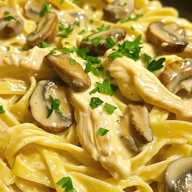 To make Chicken and Mushroom Alfredo, gather these key items: - 2 boneless, skinless chicken breasts, sliced into strips - 8 oz fettuccine pasta - 1 tablespoon olive oil - 2 cups fresh mushrooms, sliced (button or cremini) - 3 cloves garlic, minced - 1 cup heavy cream - 1 cup grated Parmesan cheese - 1 teaspoon Italian seasoning - Salt and pepper to taste - Fresh parsley, chopped (for garnish) These ingredients create a creamy and rich flavor. The chicken gives protein, while the mushrooms add earthiness. The heavy cream and Parmesan make the sauce smooth and decadent. You can enhance your Chicken and Mushroom Alfredo with these optional ingredients: - 1 tablespoon white wine for depth - 1 teaspoon lemon juice for brightness - Fresh spinach for color and nutrition Adding white wine or lemon juice can bring a new taste to the dish. Spinach not only looks good but also adds nutrients without changing the flavor much. To prepare this delicious dish, you will need: - A large pot for boiling pasta - A large skillet for cooking chicken and sauce - A colander for draining pasta - A wooden spoon or spatula for stirring Using the right tools makes cooking easier. A good skillet helps the chicken cook evenly and prevents sticking, ensuring the best results for your Chicken and Mushroom Alfredo. For the full recipe, check out the complete guide above. Start by boiling water in a large pot. Add salt for flavor. Once the water boils, add 8 oz of fettuccine pasta. Cook it according to the package instructions, usually around 8-10 minutes. Stir the pasta occasionally to prevent sticking. After cooking, drain the pasta in a colander. Save about 1/2 cup of the pasta water for later. Set the pasta aside. While the pasta cooks, grab a large skillet. Heat 1 tablespoon of olive oil over medium heat. Season 2 sliced chicken breasts with salt and pepper. Once the oil is hot, add the chicken to the skillet. Cook the chicken for about 5-7 minutes. You want it browned and cooked through. When done, remove the chicken from the skillet and set it aside. In the same skillet, add 2 cups of sliced mushrooms. Sauté them for about 4-5 minutes until they're browned. Then, add 3 minced garlic cloves and cook for 1-2 minutes. This will fill your kitchen with a great smell. Lower the heat and pour in 1 cup of heavy cream. Stir in 1 cup of grated Parmesan cheese and 1 teaspoon of Italian seasoning. Mix until the cheese melts. If the sauce is thick, add some reserved pasta water until it’s creamy. Return the cooked chicken to the skillet. Add the drained fettuccine next. Toss everything in the creamy sauce, making sure the pasta is well coated. Taste it and adjust the seasoning with more salt and pepper if needed. Before serving, sprinkle some chopped fresh parsley on top for a nice finish. Enjoy your creamy Chicken and Mushroom Alfredo delight! For the complete recipe, check the [Full Recipe]. To get the creamiest Alfredo sauce, start with heavy cream. It has a rich texture that makes the sauce smooth. Always heat the cream gently to avoid burning. Stir in grated Parmesan cheese slowly. This way, it melts better. If your sauce gets too thick, add a splash of pasta water. This keeps it silky and light. One common mistake is cooking the sauce on high heat. This can cause the cream to separate. Always use medium or low heat when cooking. Another mistake is not seasoning enough. Salt helps bring out the flavors in the dish. Lastly, don't skip the reserved pasta water. It helps the sauce cling to the pasta better. When cooking fettuccine, use a large pot with lots of water. This helps the pasta cook evenly. Add salt to the water before boiling. It enhances the pasta's flavor. Stir the pasta a few times while cooking to prevent sticking. Test the fettuccine a minute before the package time is up. It should be al dente, meaning firm but not hard. For the perfect Chicken and Mushroom Alfredo, follow the [Full Recipe]. {{image_2}} You can easily make this dish vegetarian. Just skip the chicken. Use extra mushrooms instead. Button or cremini mushrooms work great. They add flavor and texture. You can also add some garlic for depth. This way, you still get a rich, creamy sauce. Trust me; you won’t miss the meat! Adding vegetables makes your meal brighter and healthier. Spinach is a great choice. Just toss it in during the last few minutes of cooking. It wilts quickly and adds a nice color. Broccoli is another option. Steam it first, then mix it in with the pasta. Both options add nutrients and crunch to the dish. If you like heat, add red pepper flakes. Start with a small pinch. You can always add more for extra spice. Mix them in when you make the Alfredo sauce. They will give your dish a nice kick. This small change can transform your meal into something exciting! For the complete recipe, check out the Full Recipe section. To keep your Chicken and Mushroom Alfredo fresh, store it in an airtight container. Make sure to let it cool down before sealing. This helps to prevent moisture buildup, which can make the dish soggy. Store the container in the fridge for up to three days. If you think you won't eat it soon, consider freezing it instead. When reheating Chicken and Mushroom Alfredo, use low heat on the stove. Add a splash of water or cream to help the sauce stay creamy. Stir often to avoid burning. You can also use the microwave, but cover the dish to keep moisture in. Heat in short bursts, stirring in between, until warm. To freeze Chicken and Mushroom Alfredo, place it in a freezer-safe container. Leave some space at the top for expansion. It can stay frozen for up to three months. When ready to eat, thaw it in the fridge overnight before reheating. This will help maintain the dish's flavor and texture. For the best taste, try to consume it sooner rather than later. The best pasta for Chicken and Mushroom Alfredo is fettuccine. Fettuccine has a wide, flat shape. This shape holds the creamy sauce well. You can also use linguine or even penne if you prefer. Each type gives a unique twist to the dish. Yes, you can use different cheeses. While Parmesan is classic, you might enjoy using Pecorino Romano or Asiago. These cheeses add a different flavor. If you want a milder taste, try mozzarella. Remember, the cheese should melt well to create that creamy texture. To make Chicken and Mushroom Alfredo gluten-free, use gluten-free pasta. Many brands offer great options that taste similar to regular pasta. Check labels carefully to ensure they meet gluten-free standards. Also, make sure your other ingredients, like broth or cheese, are gluten-free. You can make a healthier Chicken and Mushroom Alfredo by using low-fat cream or milk. Swap heavy cream with Greek yogurt for a creamy texture. Add more vegetables like spinach or zucchini to increase fiber. These changes keep the flavors while making it lighter. For the full recipe, check the [Full Recipe]. In this post, we explored how to create a tasty Chicken and Mushroom Alfredo. We covered essential and optional ingredients, tools you’ll need, and step-by-step cooking instructions. Tips helped ensure your sauce is creamy and avoid common mistakes. You can also try vegetarian options or add veggies for more flavor. Don’t forget the storage tips for leftovers! Now you have all the tools to make a delightful meal. Enjoy sharing this dish with friends and family. Happy cooking!