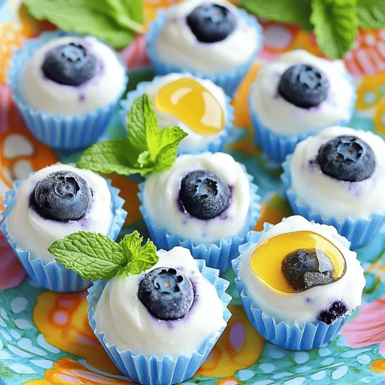 To make Frozen Blueberry Yogurt Bites, you need the following main ingredients: - 2 cups fresh blueberries - 1 cup plain Greek yogurt - 2 tablespoons honey or maple syrup - 1 teaspoon vanilla extract - A pinch of salt These ingredients blend well to create a creamy and tasty treat. The blueberries give a burst of flavor. Greek yogurt adds creaminess and protein. Honey or maple syrup adds sweetness. You can also try these optional ingredients to change things up: - A sprinkle of cinnamon for warmth - Chopped nuts for crunch - Shredded coconut for a tropical twist These optional ingredients allow you to customize your yogurt bites. Feel free to mix and match as you like. To make these yogurt bites, gather the following equipment: - A mixing bowl - A spoon or spatula - Mini paper cupcake liners or a silicone mold - A muffin tin Using the right tools makes the process easy and fun. You’ll enjoy creating these tasty snacks! Want to see the full recipe? Check out the Full Recipe for all the details. To start, grab a mixing bowl. Add 1 cup of plain Greek yogurt. Then, mix in 2 tablespoons of honey or maple syrup for sweetness. Next, add 1 teaspoon of vanilla extract for flavor. Don’t forget a pinch of salt; it enhances the taste. Stir everything until you see a smooth and creamy mix. This yogurt blend is key for your frozen bites. Now, wash 2 cups of fresh blueberries. Gently pat them dry with a paper towel. Line a mini muffin tin with mini paper cupcake liners or use a silicone mold. Place a few blueberries in each liner. Make sure they are spread out well. Then, scoop the yogurt mixture over the blueberries. Fill each liner about three-quarters full. Smooth the top with a spoon so the blueberries are fully covered. After assembling, put the muffin tin in the freezer. Let the yogurt bites freeze for at least 4 hours. Once they are completely solid, take them out. Carefully remove the bites from the liners or molds. Store the frozen yogurt bites in an airtight container in the freezer. They make a great snack or dessert! For a fun touch, serve them on a colorful plate with mint leaves. Enjoy this refreshing treat! To make the best frozen blueberry yogurt bites, start with fresh blueberries. Look for berries that are firm and bright in color. Avoid ones that are mushy or have spots. Fresh blueberries pack a sweet flavor and a juicy bite. You can use frozen blueberries, but they may not hold their shape as well. For a fun twist, try mixing in different types of berries. Texture is key for these yogurt bites. Use full-fat Greek yogurt for a creamy base. If you prefer a lighter option, go for low-fat yogurt. Mix until the yogurt is smooth and creamy. Make sure to cover the blueberries with yogurt. This helps them freeze evenly and stay tasty. If the yogurt is too thick, add a splash of milk to thin it out. You can easily jazz up the flavor of your yogurt bites. Add a pinch of cinnamon for warmth or some lemon zest for a fresh twist. Swap honey for maple syrup for a different sweetness. Try mixing in nut butter for a rich taste. Each variation makes the bites more exciting and fun to eat. For the full recipe, check out the instructions above. {{image_2}} You can change the fruit in your yogurt bites. Strawberries, raspberries, and blackberries work great too. Just pick your favorite berries. You can even use diced peaches or mangoes for a twist. The key is to keep the fruit fresh and ripe. This ensures your yogurt bites taste their best. Try mixing different fruits for fun flavors and colors. If you want a dairy-free option, use coconut yogurt or almond yogurt. These yogurts still give you a creamy texture. They add a nice flavor to the bites. You can also try cashew yogurt for a rich taste. Just make sure the yogurt is thick enough to hold its shape. This way, the bites freeze well and taste delicious. You can switch up the sweeteners in your recipe. Instead of honey, try agave syrup or date syrup. These options give a unique flavor that pairs well with the fruit. You can also use stevia or monk fruit for a low-calorie treat. Adjust the amount based on your taste. A little sweetness goes a long way, so start small and taste as you go. For the full recipe, check out the steps above. To keep your frozen blueberry yogurt bites fresh, use an airtight container. Place a layer of parchment paper between layers if you stack them. This step helps prevent sticking. Make sure the lid seals tight to avoid freezer burn. If you want to keep them even longer, wrap each bite in plastic wrap before placing them in the container. These bites can last up to three months in the freezer. Over time, they may lose some taste and texture. I recommend using them within a month for the best flavor. If they start to develop ice crystals, it's time to toss them out. Always check for any off smells or flavors before enjoying your snack. You can definitely reuse your mini paper cupcake liners or silicone molds! For paper liners, rinse them gently to remove any residue. Silicone molds are easy to clean; just wash them with warm, soapy water. Dry them thoroughly before storing. Reusing these items is a great way to save money and reduce waste. Yes, you can use frozen blueberries. They work well, but fresh berries taste better. Frozen blueberries may have more juice, so drain them before use. This keeps your yogurt bites from getting too watery. Your yogurt bites will last about two months in the freezer. Store them in an airtight container. This keeps them fresh and tasty for your next snack time. You can make yogurt bites without yogurt, but they will taste different. Try using coconut cream or a dairy-free yogurt. This gives a creamy texture while keeping it healthy. Each bite has about 30 calories. They contain protein from yogurt and vitamins from blueberries. You get a healthy treat that is low in fat and high in flavor. For the full recipe, check out the details above! You learned the basics of making Frozen Blueberry Yogurt Bites. We covered the key ingredients, step-by-step instructions, and essential tips. Exploring variations like dairy-free options adds fun. You also saw how to store them for longer life. In conclusion, these bites are easy to make and tasty. Get creative with flavors. Enjoy your healthy snacks!